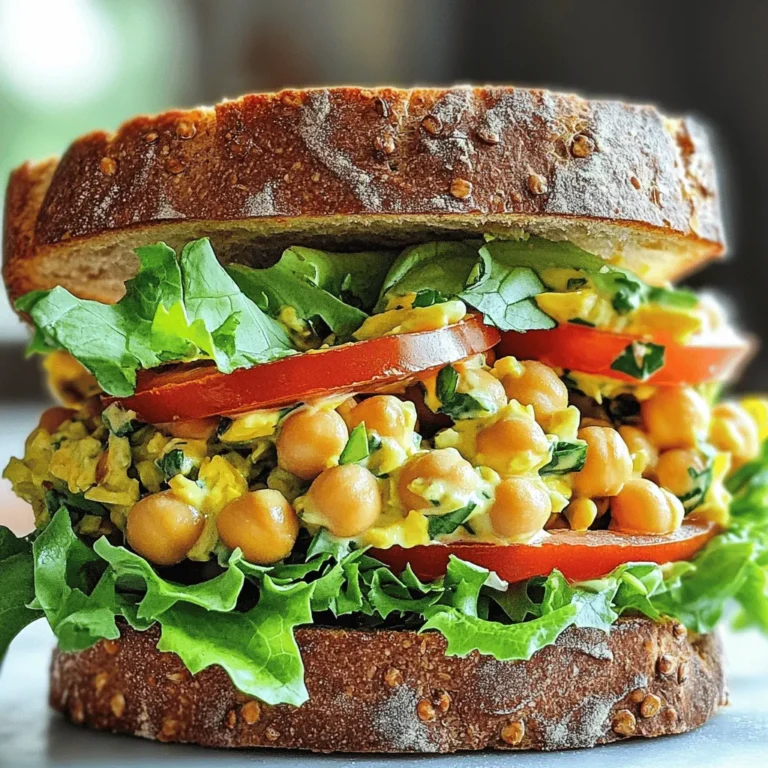 To make a tasty vegan chickpea salad sandwich, gather these main ingredients: - 1 can (15 oz) chickpeas, thoroughly drained and rinsed - 1/4 cup vegan mayonnaise - 1 tablespoon Dijon mustard - 1 tablespoon fresh lemon juice - 1/4 red onion, finely diced - 1 celery stalk, finely chopped - 1 small carrot, grated - 1/4 cup fresh parsley, finely chopped - 1/2 teaspoon garlic powder - Salt and black pepper, to taste - 4 slices of whole grain bread - Crisp lettuce leaves, for garnish - Fresh sliced tomatoes, for garnish These ingredients create a creamy and crunchy mix that packs a punch of flavor. The chickpeas serve as a hearty base. The vegan mayonnaise and mustard add creaminess and tang. Fresh veggies bring in crunch and color. You can also add some optional ingredients to boost the taste: - Avocado for creaminess - Cucumber for extra crunch - Bell peppers for sweetness - Pickles for a tangy kick - Nutritional yeast for a cheesy flavor These ingredients allow you to customize your sandwich. Feel free to mix and match based on what you like. This vegan chickpea salad sandwich is not only tasty but also nutritious. Here’s a quick look at its benefits: - Chickpeas provide protein and fiber, helping you feel full. - Veggies add vitamins and minerals for overall health. - Whole grain bread offers complex carbs for energy. In each serving, you get a balance of protein, healthy fats, and fiber. This meal supports a healthy diet while also being delicious. For the full recipe, check out the Chickpea Delight Sandwich! 1. Start with a can of chickpeas. Drain and rinse them well in a colander. 2. Place the chickpeas in a large mixing bowl. Use a fork or potato masher to mash them. Aim for a chunky texture, not a puree. 3. Add the vegan mayonnaise, Dijon mustard, and fresh lemon juice to the bowl. Mix until everything blends well and is creamy. 4. Fold in the red onion, celery, grated carrot, chopped parsley, and garlic powder. Make sure the veggies are evenly mixed. 5. Taste the salad. Season with salt and black pepper as you like. Mix again to blend the flavors. 1. Toast your slices of whole grain bread until they reach your desired crispness. 2. Take two slices of the toasted bread. Spread a generous amount of the chickpea salad on each slice. 3. Add a few crisp lettuce leaves on top of the salad. Then, layer fresh slices of tomato for extra crunch. 4. Place the remaining slices of toasted bread on top to finish your sandwich. 5. Cut each sandwich in half diagonally for easy eating. - Use a toaster or a skillet for even toasting. - If using a skillet, heat it over medium heat. Add a little olive oil for extra flavor. - Toast until golden brown and crunchy. This adds a nice contrast to the creamy salad filling. For more details on making this delicious sandwich, check the Full Recipe. To get the best texture, start with drained chickpeas. Place them in a large bowl. Use a fork or potato masher to mash them. Aim for a chunky consistency, not a puree. This keeps the salad hearty. If you prefer a smoother texture, add more vegan mayo. Adding flavor boosts the salad. Try mixing in fresh herbs like dill or chives. A pinch of cayenne pepper adds a nice kick. Use lemon zest for a citrusy pop. You can also adjust salt and pepper to taste. Taste as you go for best results. Presentation matters! Serve your sandwich on a colorful plate. Add extra sliced tomatoes or a sprinkle of parsley for color. You can also layer in avocado slices for creaminess. Use radish slices for a crunchy bite. These small touches make your meal look special. For the full recipe, check out the Chickpea Delight Sandwich. {{image_4}} You can add many veggies to your chickpea salad. Think about using bell peppers, cucumbers, or spinach. Each veggie brings its own taste and crunch. For example, diced bell peppers add sweetness. Chopped cucumbers give a fresh and cool bite. Spinach adds nice color and nutrients. Mix and match based on what you have. This way, your sandwich stays interesting and fun. While vegan mayonnaise is great, you can try other spreads. Hummus gives a creamy texture with extra flavor. Avocado spread can make it rich and smooth. You could even use pesto for a herby twist. Each spread changes the taste of your sandwich. This lets you explore new flavors every time you make it. If you need a gluten-free option, there are many choices. Use lettuce leaves to make a wrap. You can also find gluten-free bread at most stores. Another option is rice cakes, which make a crunchy base. These choices help you enjoy the same great flavors without gluten. To keep your leftover chickpea salad fresh, place it in an airtight container. Make sure to seal it tightly to block air. The salad lasts about 3 to 5 days in the fridge. If you notice any change in color or smell, it’s best to throw it away. If you plan to take your sandwich for lunch, wrap it in plastic or foil. This keeps the sandwich fresh and prevents squishing. For extra crunch, add lettuce or tomatoes just before eating. If you make sandwiches ahead of time, try to eat them within a day for the best taste. You can freeze chickpea salad if you want it for later. Use a freezer-safe container and leave some space at the top. This allows the salad to expand as it freezes. It’s best to use the salad within 3 months. When you are ready to use it, thaw it in the fridge overnight. Stir well before serving to mix the flavors. For the full recipe, check out the Chickpea Delight Sandwich. Yes, you can use canned chickpeas. They are quick and easy. Just drain and rinse them well. This saves time and still gives you great flavor. Fresh or dried chickpeas take longer to cook. Canned chickpeas are perfect for a fast meal. The chickpea salad lasts about three to four days in the fridge. Store it in an airtight container. This keeps it fresh and tasty. Just remember to give it a good stir before serving. If it looks a bit dry, add a splash of lemon juice or vegan mayo. You can use many types of bread for this sandwich. Whole grain is great, but try sourdough, rye, or gluten-free bread. Each type adds a unique taste and texture. You can even use wraps or pita for a fun twist. Yes, making a large batch is easy. Just multiply the ingredients by the number of servings you need. This salad is perfect for meal prep or feeding a crowd. Just remember to store it properly in the fridge to keep it fresh. For the full recipe, check out the Chickpea Delight Sandwich. This vegan chickpea salad sandwich brings fun and health together. We covered the main and optional ingredients, key steps for prepping, and how to store leftovers. Plus, we shared tips for mashing chickpeas and adding your favorite flavors. You learned how to mix up the recipe with different veggies and spreads. Now, you can enjoy a tasty meal that's easy to make. Dive in and get creative with your own twist on this dish!
