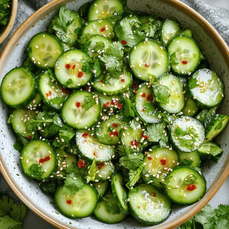 This salad shines with a few key ingredients. You will need: - 2 large cucumbers, peeled and thinly sliced - 4 cloves garlic, finely minced - 1 tablespoon red chili flakes - 3 tablespoons rice vinegar - 2 tablespoons sesame oil - 1 tablespoon soy sauce - 1 tablespoon honey (or agave syrup) - Salt, to taste - Fresh cilantro, chopped (for garnish) - Toasted sesame seeds, for garnish The cucumbers give a refreshing crunch. Garlic adds a strong flavor. Red chili flakes bring the heat, while rice vinegar adds acidity. Sesame oil adds richness. Soy sauce gives depth, and honey balances it all. You can customize this salad to your taste. Here are some ideas: - Add sliced bell peppers for sweetness. - Toss in radishes for extra crunch. - Include avocado for creaminess. - Use lime juice instead of vinegar for a zesty twist. - Try different herbs like mint or basil for a fresh touch. Feel free to mix and match to find your favorite flavor profile. Each ingredient brings health benefits. Here’s what you get: - Cucumbers: Low in calories and high in water. They keep you hydrated. - Garlic: Known for its immune-boosting properties. It may improve heart health. - Chili flakes: They can boost metabolism and add flavor without extra calories. - Rice vinegar: It may help with digestion and is lower in calories than other dressings. - Sesame oil: Rich in healthy fats and antioxidants. - Honey: A natural sweetener with antibacterial properties. This salad is not just delicious; it also helps support your health. For the full recipe, check the detailed instructions above. First, get your cucumbers ready. Peel the skin off with a vegetable peeler. Then, slice them thinly. A mandoline slicer works great for uniform slices, but a sharp knife is fine too. Place the cucumber slices in a large mixing bowl. They will be the star of your salad. Next, let's whip up the dressing. In a small bowl, add minced garlic and red chili flakes. Remember, you can adjust the chili for more or less heat. Then, pour in rice vinegar, sesame oil, soy sauce, and honey. Whisk these ingredients together until they blend well. The dressing should look smooth and inviting. Now, it’s time to bring it all together. Drizzle the spicy garlic dressing over the cucumber slices. Add salt to taste. Gently toss the cucumbers so they are well coated. For the best flavor, let the salad sit for at least 15 minutes. If you have time, refrigerate it for up to 30 minutes. This helps the flavors mix well. Before serving, toss it again and garnish with fresh cilantro and toasted sesame seeds. Your salad is ready to impress! Check out the full recipe for more details. To get the best flavor in your Spicy Garlic Cucumber Salad, let the salad rest. After you mix the cucumbers and the spicy dressing, let it sit for at least 15 minutes. This time helps the flavors blend. If you want even more flavor, chill it in the fridge for up to 30 minutes. The cold temperature enhances the taste. Adjust the amount of red chili flakes to suit your spice level. You can always add more, but you cannot take it out! Using the right tools can make this recipe easier. A mandoline slicer helps you cut the cucumbers evenly. This tool ensures all slices are the same thickness. A large mixing bowl is great for tossing everything together. A whisk is perfect for mixing the dressing smoothly. If you want to save time, consider using a garlic press for mincing the garlic. These tools can speed up your prep and make cooking fun. Presentation matters when serving this salad. Use a large, shallow bowl to showcase the bright colors. You can also serve it in individual cups for a fun twist. Just before serving, sprinkle extra cilantro and sesame seeds on top. This adds a nice crunch and makes the dish look fresh. Remember, we eat with our eyes first! A beautiful presentation makes the salad even more appealing. For the full recipe, be sure to check out the details! {{image_4}} You can make this salad even better by adding more veggies. Consider adding sliced bell peppers for crunch and sweetness. Shredded carrots also add color and texture. Radishes bring a nice bite and a pop of flavor. Feel free to mix and match based on your taste. Just keep the extra veggies thinly sliced for even flavor. If you want a vegan twist, simply swap honey for agave syrup. This sweetener gives the same taste without any animal products. You can also add a splash of lime juice for extra zing. This keeps your spicy garlic cucumber salad fresh and bright. You can enjoy this dish while sticking to your vegan lifestyle. Want to make this salad a meal? Add some protein! Grilled chicken works well, giving a hearty touch. For a plant-based option, use cubed, sautéed tofu. It soaks up the dressing and adds good texture. Both options make this dish more filling and satisfying. Enjoy your salad as a light lunch or dinner. For the full recipe, check back to the main section. To keep your spicy garlic cucumber salad fresh, store it in an airtight container. Make sure the lid seals tightly. You can use glass or plastic containers. Avoid leaving it out at room temperature for too long. If you do, the cucumbers will become soggy. This salad stays good in the fridge for about 3 to 5 days. After that, the cucumbers lose their crunch. Always check for any signs of spoilage, like a bad smell or slimy texture. If you notice these, it's best to toss it. Freezing this salad is not recommended. Cucumbers have high water content. When frozen, they become mushy and lose their texture. Instead, enjoy the salad fresh. That way, you can savor the crispness and flavor. If you want to make it ahead, simply prepare the dressing and store it separately. Then, mix it with fresh cucumbers when ready to serve. For the full recipe, check out the other sections! The spiciness in this salad comes from the red chili flakes. I use one tablespoon, but you can adjust this to fit your taste. If you want more heat, add more chili flakes. For less heat, just use a little. The garlic also adds a nice kick, making each bite flavorful. Yes, you can use different vinegars. Rice vinegar gives a mild taste, but you can try apple cider vinegar or white wine vinegar if you prefer. Each type changes the flavor a bit, but they all work well in this salad. Just remember, the taste may vary based on your choice. To make this salad gluten-free, just use gluten-free soy sauce. Many brands offer this option. Always check the label to ensure it is safe for your needs. The rest of the ingredients are already gluten-free, so you won’t have to change much. Enjoy this fresh and spicy salad without worry! For the full recipe, check out the Spicy Garlic Cucumber Salad 🥒. This blog post covers a tasty salad recipe, from ingredients to storage. We explored main and optional ingredients, highlighting their nutritional perks. You learned how to make a spicy garlic dressing and combine the flavors. Tips helped you enhance flavor and presentation. In the end, this salad is easy to adapt. Feel free to add veggies or protein for a personal touch. Remember to store your leftovers right to enjoy them later. This dish is sure to impress and nourish. Enjoy every bite!