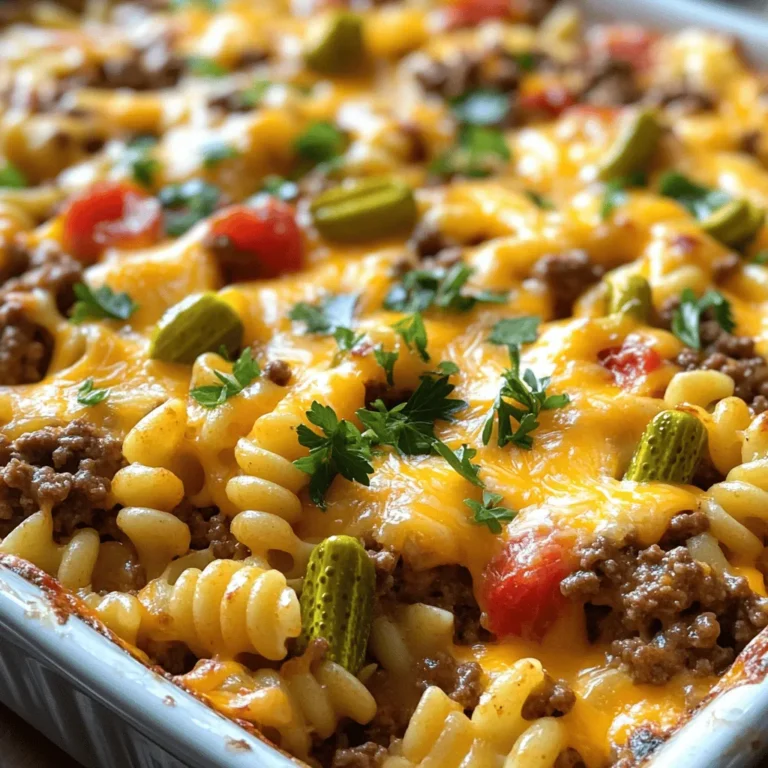 When making a cheeseburger casserole, you need simple, tasty ingredients: - 1 lb ground beef - 1 small onion, finely diced - 2 cloves garlic, minced - 1 cup diced tomatoes (canned or fresh) - 1/2 cup dill pickles, chopped - 1 cup shredded cheddar cheese - 2 cups cooked macaroni pasta - 1 cup beef broth - 2 tablespoons Worcestershire sauce - 1 tablespoon prepared mustard - Salt and freshly ground pepper to taste - 1/2 teaspoon paprika - 1/2 teaspoon dried oregano These ingredients bring classic cheeseburger flavors together. The ground beef serves as the base, giving the dish its hearty texture. The onion and garlic add flavor, while the diced tomatoes keep it moist. Don't forget the dill pickles; they give a nice crunch! Cheese is key for that creamy, rich taste. I like cheddar, but feel free to mix it up with other cheeses like Monterey Jack or pepper jack. The cooked macaroni pasta makes it feel like comfort food. You can make your cheeseburger casserole even better with some fun garnishes: - Fresh herbs like parsley or chives - Additional cheese on top Adding fresh herbs gives a pop of color and flavor. Extra cheese adds richness. You can be creative here! Choose what you love. For the full recipe, check out the Cheeseburger Delight Casserole. 1. First, preheat your oven to 350°F (175°C). This step warms the oven for even cooking. 2. Next, grease a 9x13 inch baking dish lightly. This helps prevent sticking. 3. In a large skillet, add 1 pound of ground beef. Cook it over medium heat. Use a spoon to break the meat apart as it cooks. Keep cooking until it’s browned and crumbles easily. Drain any excess fat from the skillet to keep it lean. 4. Add a small onion, finely diced, and 2 minced garlic cloves to the skillet. Sauté for about 3-5 minutes. You want the onion soft and clear. 1. Now, mix in 1 cup of diced tomatoes, 1/2 cup of chopped dill pickles, and 1 cup of beef broth. 2. Add 2 tablespoons of Worcestershire sauce, 1 tablespoon of mustard, 1/2 teaspoon of paprika, and 1/2 teaspoon of oregano. Don’t forget salt and pepper to taste. 3. Stir the mixture well and bring it to a simmer. Let it simmer for about 5 minutes to blend the flavors. 4. In a large bowl, combine 2 cups of cooked macaroni pasta and 1 cup of shredded cheddar cheese. 5. Pour the beef mixture over the pasta and cheese. Stir everything until it's mixed well. 1. Carefully transfer the mixture into the greased baking dish. Spread it out evenly. 2. Sprinkle any remaining cheese on top for that extra cheesy goodness. 3. Place the dish in the preheated oven. Bake it uncovered for 20-25 minutes. Look for bubbly cheese and a golden top. 4. Once done, remove the casserole from the oven. Let it cool for a few minutes. Optionally, garnish with fresh parsley or chives before serving. For the full recipe, check out Cheeseburger Delight Casserole. To make the best cheeseburger casserole, start with browning the beef correctly. Use a large skillet over medium heat. Break the beef into small pieces as it cooks. This helps it brown evenly and gives great flavor. Don't rush; let it cook until the meat is fully browned. Drain the excess fat to keep your casserole from being greasy. For cheese, I love using shredded cheddar. It melts well and adds that classic cheeseburger taste. You can also mix in some mozzarella for extra creaminess. If you want a kick, try pepper jack cheese. It adds a nice spice to your dish. When serving, hot portions work best. A simple side salad adds a fresh touch to the rich flavors. Use greens like lettuce, tomatoes, and cucumbers to balance the meal. You can also serve it with some crusty bread for a filling dinner. For portion presentation, scoop the casserole into bowls and sprinkle with fresh herbs. Chopped parsley or chives make it look nice and taste fresh. This little touch makes your meal feel special. Looking for more ideas? Check out the Full Recipe for even more tips! {{image_4}} You can change the meat in this casserole if you want. Ground turkey or chicken makes a great swap. These meats are leaner and can cut down on fat. They still taste great, so don’t worry about flavor. If you prefer a meat-free meal, try using lentils or mushrooms. These options add texture and keep it hearty. Spices and sauces can really change this dish. Try adding chili powder for some heat. A dash of hot sauce can also kick up the flavor. You can also mix in barbecue sauce for a sweet twist. Toppings can make your casserole even better. Try adding crispy bacon bits for crunch. Sliced green onions or diced tomatoes add freshness. Finally, a dollop of sour cream on top gives a creamy finish. Explore these variations to find your favorite! For the complete recipe, check the Full Recipe section. After you enjoy your meal, let the leftovers cool. Place them in an airtight container. This keeps your casserole fresh. Store it in the fridge for up to three days. If you want to keep it longer, freezing is a great option. To freeze, allow the casserole to cool completely. Then, wrap it tightly with plastic wrap. Follow that with aluminum foil for extra protection. You can freeze it for up to three months. Label the container with the date, so you know when to use it. When you’re ready to eat your leftovers, you want to reheat them properly. For the best results, use the oven. Preheat it to 350°F (175°C). Place the casserole in an oven-safe dish, cover it with foil, and heat for about 20 minutes. This keeps the cheese melty and the casserole warm. If you're short on time, the microwave works too. Put a portion on a microwave-safe plate. Heat on high for about 2-3 minutes. Check and stir halfway through. This way, it heats evenly. Enjoy your tasty meal with ease! For the full recipe, check out Cheeseburger Delight Casserole. How long can I store the casserole? You can store the casserole in the fridge for up to three days. Make sure it’s in an airtight container. If you want it to last longer, freeze it. It can stay good for up to three months in the freezer. Can I make this dish ahead of time? Yes, you can prepare the casserole a day ahead. Just follow the steps and cover it. Keep it in the fridge until you are ready to bake. This saves time and lets the flavors blend. What to do if it's too dry? If your casserole is too dry, add a splash of beef broth. Stir it gently to combine. You can also add extra cheese on top to make it richer and creamier. Adjusting for different oven types Not all ovens cook the same. If your casserole isn’t cooking evenly, check the temperature. You might need to increase or decrease it slightly. Keep an eye on it during the last few minutes. If it's browning too fast, cover it with foil. This blog post shared the key steps to make a tasty cheeseburger casserole. You learned about the main ingredients like ground beef, cheese, and pasta. I also covered tips to make it perfect, like browning the beef well. You can change flavors with swaps like turkey or vegetarian options. In summary, this dish is simple and fun to adapt. It’s perfect for sharing with friends or family. Enjoy creating your own version!