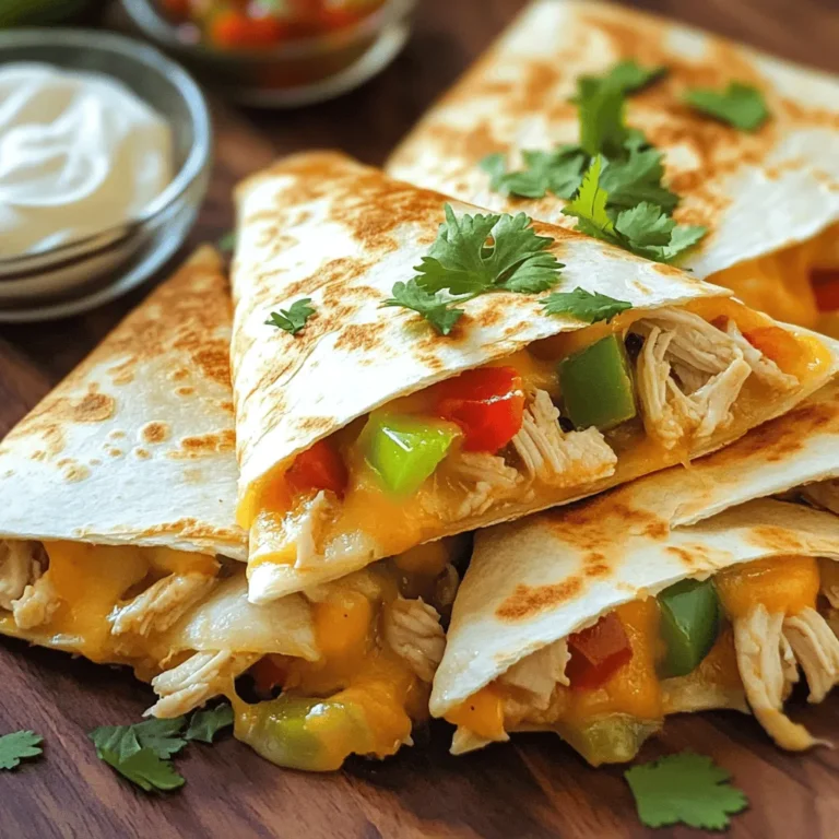 - 2 cups cooked chicken, shredded - 1 cup shredded Monterey Jack cheese - 1 cup shredded cheddar cheese - 1 small red bell pepper, finely diced - 1 small green bell pepper, finely diced For a tasty chicken and cheese quesadilla, you need simple ingredients. I love using cooked chicken. It makes the dish quick and easy. Shredded Monterey Jack and cheddar cheese create a creamy texture. The bell peppers add a nice crunch and color. - Fresh cilantro, chopped (for garnish) - Additional spices (e.g., chili powder, cayenne pepper) You can make this dish even better with optional add-ins. Fresh cilantro gives a pop of flavor. Spices like chili powder can add some heat. You choose how spicy you want it. - Sour cream - Salsa - Guacamole When serving your quesadillas, think about sides. Sour cream adds creaminess. Salsa brings freshness and zest. Guacamole is always a hit. These dips make your meal even more enjoyable. For the full recipe, check out the section above. Start by sautéing the onion, garlic, and bell peppers. Heat 1 tablespoon of olive oil in a large skillet over medium heat. Add the finely chopped onion, minced garlic, and diced bell peppers. Sauté for about 5 minutes. Stir occasionally until the onions turn translucent and the bell peppers soften. This step adds great flavor to your quesadilla. Now, add the shredded cooked chicken to your skillet. Sprinkle in ground cumin, paprika, and a pinch of salt and pepper. Mix everything well. Cook for another 3-4 minutes to ensure the chicken heats through. Proper heating helps blend all the flavors together. Next, remove the skillet from heat. Gradually stir in both cheeses—Monterey Jack and cheddar. Keep stirring until they melt and mix with the chicken and vegetables. This step is crucial for a gooey, cheesy filling. In a separate frying pan, heat 1 teaspoon of olive oil over medium heat. Place one tortilla in the pan. On one half of the tortilla, spread half of your cheesy chicken mixture evenly. Fold the other half over to shape it like a half-moon. Cook for about 3-4 minutes until the bottom is golden brown and the cheese melts. Flip it carefully and cook the other side for 2-3 minutes to achieve that perfect golden color. Once cooked, take the quesadilla out and place it on a cutting board. Repeat this process with the remaining tortillas and filling. This way, you can make multiple quesadillas efficiently. Cooking in batches keeps everything warm and tasty. Slice each quesadilla into wedges for easy serving. Arrange them on a large platter and sprinkle fresh cilantro on top for added flavor. Serve them hot with small bowls of sour cream and salsa for dipping. This presentation makes your meal look appealing and inviting. For a full recipe, check out the Cheesy Chicken Fiesta Quesadillas. To make a great quesadilla, you need to focus on crispiness. Start with a hot pan. Use medium heat to cook your quesadilla. This helps the cheese melt without burning the tortilla. Aim for a golden brown color on both sides. The right amount of cheese is key. Too little cheese makes it dry. Too much cheese can make it messy. I recommend using a mix of Monterey Jack and cheddar. This combo gives flavor and creaminess. Want to amp up the flavor? Try adding spices like chili powder or cayenne pepper. A pinch can make a big difference. Fresh herbs like cilantro add freshness too. You can also switch proteins. Instead of chicken, try beef or tofu. Each option brings its own taste, making your meal unique. For making quesadillas, you'll need a few essential tools. A large skillet is a must. Non-stick pans work best for easy flipping. A spatula helps you turn the quesadilla without spilling. Consider using a griddle if you cook many quesadillas. It can hold multiple tortillas at once. This saves time and keeps your family happy. For more details, check out the Full Recipe. {{image_4}} For a meat-free option, you can swap out chicken for veggies. Use ingredients like: - 2 cups black beans, drained and rinsed - 1 cup corn - 1 cup sautéed mushrooms - 1 cup shredded zucchini To keep the flavor strong without chicken, add spices like cumin and paprika from the original recipe. These spices boost taste and give a nice kick. You can also add more cheese to keep it rich and creamy. If you need gluten-free quesadillas, choose gluten-free tortillas instead of regular flour ones. Many brands offer tasty options. Just be sure to check the label for gluten-free certification. You might need to adjust other ingredients too. For example, some cheese blends may contain gluten. Stick to pure cheeses to avoid any issues. Always read labels to ensure every ingredient fits your needs. Cheese is key in quesadillas. While Monterey Jack and cheddar work well, try mixing it up. Consider using: - Pepper Jack for a spicy kick - Queso Blanco for a milder taste - Gouda for a smoky flavor Changing the cheese can change the whole dish. Each cheese brings its unique taste and texture. Experiment to find your favorite blend. This way, you can enjoy a new flavor profile every time you make quesadillas. Don’t forget, the Full Recipe is a great starting point! To keep your chicken and cheese quesadillas fresh, store them in an airtight container. Place a paper towel inside to absorb moisture. This helps keep the tortillas crispy. You can refrigerate them for up to three days. After that, they may lose flavor and texture. If you want to save quesadillas for later, freezing is a great option. First, let them cool completely. Wrap each quesadilla in plastic wrap, then place them in a freezer bag. This method prevents freezer burn. To reheat, remove the plastic wrap and place the quesadilla in a skillet. Heat over medium until crispy, about 5-7 minutes. To avoid sogginess, skip using the microwave. Don't let leftover filling go to waste! You can use it in many creative ways. Try making a chicken and cheese omelet or mixing it into scrambled eggs for breakfast. You can also add it to salads for extra flavor. If you have extra tortillas, make mini quesadillas or wraps for lunch. Use your leftovers to create new meals and reduce waste. A properly cooked quesadilla shows a few clear signs. First, the tortilla turns golden brown on both sides. You should also see melted cheese oozing from the edges. The filling should be warm inside. If you see these signs, take it off the heat. Yes, you can prepare chicken and cheese quesadillas ahead of time. Cook the filling early and store it in the fridge. Use it within two days for best taste. You can also assemble the quesadillas and wrap them in foil. Keep them in the fridge for up to one day. Just cook them when you’re ready to eat. To reheat quesadillas, use a skillet for the best results. Heat it on medium-low heat. Place the quesadilla in the pan and cover it with a lid. This method keeps the outside crispy and the filling warm. You can also use an oven. Preheat it to 350°F, place the quesadilla on a baking sheet, and heat for 10 minutes. Chicken and cheese quesadillas can be healthy, depending on your choices. They contain protein from chicken and calcium from cheese. You can make them healthier by using whole grain tortillas. Add more vegetables, like spinach or mushrooms, for extra nutrients. You can also use low-fat cheese or skip it altogether for a lighter option. You now have all you need to make delicious chicken and cheese quesadillas. We covered essential ingredients, easy cooking steps, and tasty serving ideas. Don't forget to try variations and tips for perfecting your quesadilla. Enjoy experimenting with flavors and ingredients to make the dish your own. With practice, you'll master the art of creating crispy, cheesy quesadillas that everyone will love. Happy cooking!