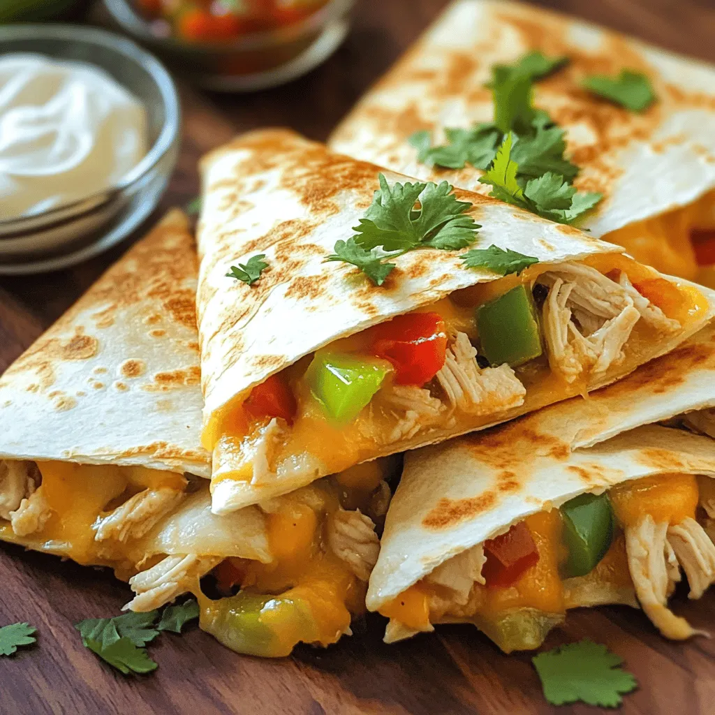 - 2 cups cooked chicken, shredded - 1 cup shredded Monterey Jack cheese - 1 cup shredded cheddar cheese - 1 small red bell pepper, finely diced - 1 small green bell pepper, finely diced For a tasty chicken and cheese quesadilla, you need simple ingredients. I love using cooked chicken. It makes the dish quick and easy. Shredded Monterey Jack and cheddar cheese create a creamy texture. The bell peppers add a nice crunch and color. - Fresh cilantro, chopped (for garnish) - Additional spices (e.g., chili powder, cayenne pepper) You can make this dish even better with optional add-ins. Fresh cilantro gives a pop of flavor. Spices like chili powder can add some heat. You choose how spicy you want it. - Sour cream - Salsa - Guacamole When serving your quesadillas, think about sides. Sour cream adds creaminess. Salsa brings freshness and zest. Guacamole is always a hit. These dips make your meal even more enjoyable. For the full recipe, check out the section above. Start by sautéing the onion, garlic, and bell peppers. Heat 1 tablespoon of olive oil in a large skillet over medium heat. Add the finely chopped onion, minced garlic, and diced bell peppers. Sauté for about 5 minutes. Stir occasionally until the onions turn translucent and the bell peppers soften. This step adds great flavor to your quesadilla. Now, add the shredded cooked chicken to your skillet. Sprinkle in ground cumin, paprika, and a pinch of salt and pepper. Mix everything well. Cook for another 3-4 minutes to ensure the chicken heats through. Proper heating helps blend all the flavors together. Next, remove the skillet from heat. Gradually stir in both cheeses—Monterey Jack and cheddar. Keep stirring until they melt and mix with the chicken and vegetables. This step is crucial for a gooey, cheesy filling. In a separate frying pan, heat 1 teaspoon of olive oil over medium heat. Place one tortilla in the pan. On one half of the tortilla, spread half of your cheesy chicken mixture evenly. Fold the other half over to shape it like a half-moon. Cook for about 3-4 minutes until the bottom is golden brown and the cheese melts. Flip it carefully and cook the other side for 2-3 minutes to achieve that perfect golden color. Once cooked, take the quesadilla out and place it on a cutting board. Repeat this process with the remaining tortillas and filling. This way, you can make multiple quesadillas efficiently. Cooking in batches keeps everything warm and tasty. Slice each quesadilla into wedges for easy serving. Arrange them on a large platter and sprinkle fresh cilantro on top for added flavor. Serve them hot with small bowls of sour cream and salsa for dipping. This presentation makes your meal look appealing and inviting. For a full recipe, check out the Cheesy Chicken Fiesta Quesadillas. To make a great quesadilla, you need to focus on crispiness. Start with a hot pan. Use medium heat to cook your quesadilla. This helps the cheese melt without burning the tortilla. Aim for a golden brown color on both sides. The right amount of cheese is key. Too little cheese makes it dry. Too much cheese can make it messy. I recommend using a mix of Monterey Jack and cheddar. This combo gives flavor and creaminess. Want to amp up the flavor? Try adding spices like chili powder or cayenne pepper. A pinch can make a big difference. Fresh herbs like cilantro add freshness too. You can also switch proteins. Instead of chicken, try beef or tofu. Each option brings its own taste, making your meal unique. For making quesadillas, you'll need a few essential tools. A large skillet is a must. Non-stick pans work best for easy flipping. A spatula helps you turn the quesadilla without spilling. Consider using a griddle if you cook many quesadillas. It can hold multiple tortillas at once. This saves time and keeps your family happy. For more details, check out the Full Recipe. {{image_4}} For a meat-free option, you can swap out chicken for veggies. Use ingredients like: - 2 cups black beans, drained and rinsed - 1 cup corn - 1 cup sautéed mushrooms - 1 cup shredded zucchini To keep the flavor strong without chicken, add spices like cumin and paprika from the original recipe. These spices boost taste and give a nice kick. You can also add more cheese to keep it rich and creamy. If you need gluten-free quesadillas, choose gluten-free tortillas instead of regular flour ones. Many brands offer tasty options. Just be sure to check the label for gluten-free certification. You might need to adjust other ingredients too. For example, some cheese blends may contain gluten. Stick to pure cheeses to avoid any issues. Always read labels to ensure every ingredient fits your needs. Cheese is key in quesadillas. While Monterey Jack and cheddar work well, try mixing it up. Consider using: - Pepper Jack for a spicy kick - Queso Blanco for a milder taste - Gouda for a smoky flavor Changing the cheese can change the whole dish. Each cheese brings its unique taste and texture. Experiment to find your favorite blend. This way, you can enjoy a new flavor profile every time you make quesadillas. Don’t forget, the Full Recipe is a great starting point! To keep your chicken and cheese quesadillas fresh, store them in an airtight container. Place a paper towel inside to absorb moisture. This helps keep the tortillas crispy. You can refrigerate them for up to three days. After that, they may lose flavor and texture. If you want to save quesadillas for later, freezing is a great option. First, let them cool completely. Wrap each quesadilla in plastic wrap, then place them in a freezer bag. This method prevents freezer burn. To reheat, remove the plastic wrap and place the quesadilla in a skillet. Heat over medium until crispy, about 5-7 minutes. To avoid sogginess, skip using the microwave. Don't let leftover filling go to waste! You can use it in many creative ways. Try making a chicken and cheese omelet or mixing it into scrambled eggs for breakfast. You can also add it to salads for extra flavor. If you have extra tortillas, make mini quesadillas or wraps for lunch. Use your leftovers to create new meals and reduce waste. A properly cooked quesadilla shows a few clear signs. First, the tortilla turns golden brown on both sides. You should also see melted cheese oozing from the edges. The filling should be warm inside. If you see these signs, take it off the heat. Yes, you can prepare chicken and cheese quesadillas ahead of time. Cook the filling early and store it in the fridge. Use it within two days for best taste. You can also assemble the quesadillas and wrap them in foil. Keep them in the fridge for up to one day. Just cook them when you’re ready to eat. To reheat quesadillas, use a skillet for the best results. Heat it on medium-low heat. Place the quesadilla in the pan and cover it with a lid. This method keeps the outside crispy and the filling warm. You can also use an oven. Preheat it to 350°F, place the quesadilla on a baking sheet, and heat for 10 minutes. Chicken and cheese quesadillas can be healthy, depending on your choices. They contain protein from chicken and calcium from cheese. You can make them healthier by using whole grain tortillas. Add more vegetables, like spinach or mushrooms, for extra nutrients. You can also use low-fat cheese or skip it altogether for a lighter option. You now have all you need to make delicious chicken and cheese quesadillas. We covered essential ingredients, easy cooking steps, and tasty serving ideas. Don't forget to try variations and tips for perfecting your quesadilla. Enjoy experimenting with flavors and ingredients to make the dish your own. With practice, you'll master the art of creating crispy, cheesy quesadillas that everyone will love. Happy cooking!