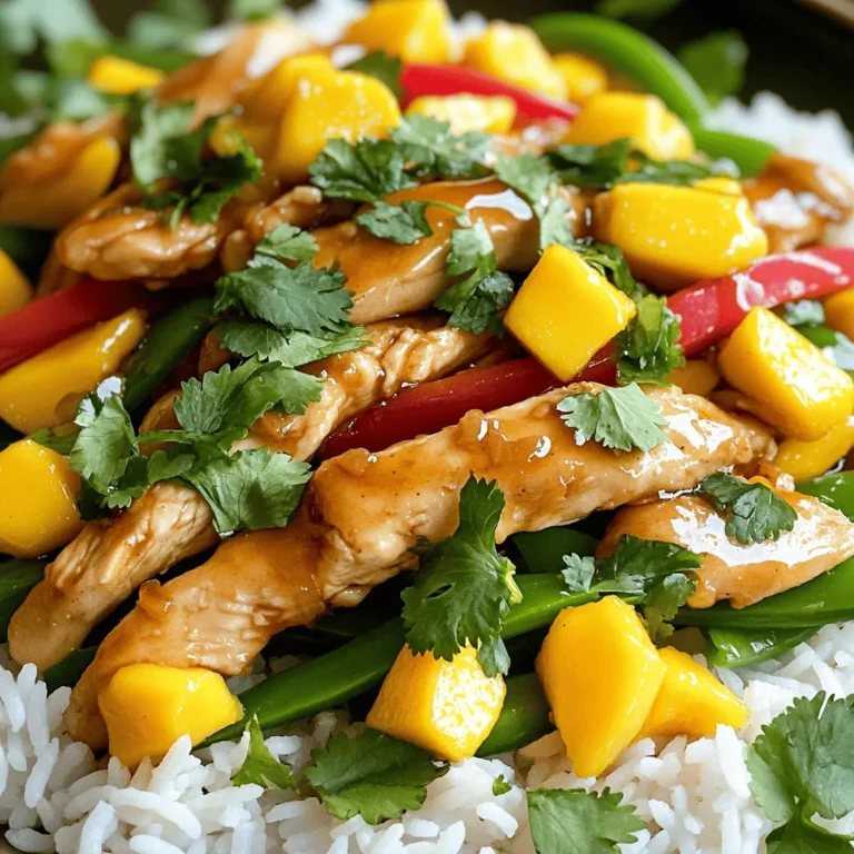 - 2 chicken breasts, sliced into thin strips - 1 ripe, juicy mango, diced into small cubes - 1 red bell pepper, sliced into thin strips - 1 yellow bell pepper, sliced into thin strips - 1 cup snap peas, trimmed - 2 cloves garlic, finely minced - 1 tablespoon fresh ginger, grated - 3 tablespoons soy sauce (low sodium recommended) - 1 tablespoon honey (or maple syrup for a vegan option) - 1 tablespoon olive oil or sesame oil - Fresh cilantro leaves for garnish - Cooked jasmine rice or your choice of rice (for serving) The magic of Mango Chicken Stir Fry comes from simple, fresh ingredients. Chicken breasts form the base, bringing protein to your meal. The ripe mango adds sweetness. Bell peppers bring color and crunch. Snap peas give that crisp bite. Aromatics like garlic and ginger add depth. Soy sauce gives a savory touch, while honey balances it out with sweetness. For extra richness, use olive or sesame oil. Fresh cilantro adds a burst of flavor. Jasmine rice makes the perfect bed for this dish. Check out the Full Recipe to gather everything you need! To start, take your chicken breasts and slice them into thin strips. Aim for even cuts so they cook uniformly. Once sliced, season the chicken with salt and pepper. This simple step adds great flavor to the dish. Now, let’s heat the oil. In a large skillet or wok, pour in your olive oil. Set the heat to medium-high and wait until the oil shimmers. This means it’s ready for cooking. Next, add the sliced chicken to the hot pan. Cook the chicken for about 5-7 minutes. Stir frequently to ensure it browns nicely and cooks all the way through. After cooking, remove the chicken from the pan and set it aside on a plate. In the same pan, it’s time for aromatics. Add minced garlic and grated ginger. Sauté these for about 30 seconds. The smell will be amazing, but be careful not to burn them! Now, let’s add the vibrant vegetables. Toss in your sliced red and yellow bell peppers along with the snap peas. Stir-fry them for about 3-4 minutes. You want them tender but still crisp. Return the cooked chicken to the pan. Gently fold in the diced mango to mix everything together. The sweet mango will balance the savory chicken perfectly. Next, let’s make the sauce. In a small bowl, whisk together soy sauce and honey. Pour this mixture over your chicken and veggies. Stir well to coat everything evenly. Let it cook together for an additional 2 minutes. This allows all the flavors to meld. Once done, remove the stir-fry from the heat. It’s now ready to serve. Enjoy your Mango Chicken Stir Fry over cooked jasmine rice. Don’t forget to garnish with fresh cilantro for that extra pop of flavor! For the full recipe, check out the details above. To get the best results, pay close attention to your heat. Use high heat to sear the chicken and veggies. This helps keep the food juicy and full of flavor. If your pan isn't hot enough, the chicken will steam instead of sear. Avoid overcooking your vegetables. Cook them just until they are bright and crisp. This usually takes about 3-4 minutes. If you let them cook too long, they will lose their crunch and color. To add more depth, try spices like cumin or paprika. These can give your dish a unique twist. You can also add a pinch of red pepper flakes for heat. If you want a different sauce, consider teriyaki or sweet chili sauce. These can add a different layer of flavor that pairs well with mango. When serving, place your stir-fry over a bed of fluffy jasmine rice. This adds a nice base and absorbs the sauce. For garnishing, sprinkle fresh cilantro on top. You can also add lime wedges on the side. This adds color and a zesty kick. For the complete experience, check out the Full Recipe. Enjoy your cooking! {{image_4}} You can easily make this dish vegetarian. Use tofu instead of chicken. Firm tofu works best. Press it to remove excess water. Cut it into cubes and sauté until golden. For sauce, you can swap honey with maple syrup. This keeps it vegan-friendly. You might also try tamari instead of soy sauce. It’s gluten-free and tastes great. If you want more protein, shrimp or beef are great choices. For shrimp, cook them for about 3-4 minutes. The shrimp turn pink when done. If you use beef, slice it thinly. Cook it for about 5-7 minutes. Always check it’s fully cooked. You can use flank steak or sirloin for the best flavor. You can switch out fruits and veggies based on the season. In summer, try peaches or pineapple for a juicy twist. Winter calls for hearty vegetables like carrots or broccoli. Adding seasonal greens like kale or spinach boosts nutrition too. Get creative with what you have. This keeps your Mango Chicken Stir Fry fresh and exciting. For the full recipe, check above! To keep your Mango Chicken Stir Fry fresh, store leftovers in an airtight container. Let the stir-fry cool before sealing. It stays good for up to three days in the fridge. Always label your container with the date. This helps you keep track of freshness. When you want to enjoy your stir-fry again, reheat it carefully. You can use a microwave or a skillet. If using a microwave, heat in short bursts. Stir between heating to ensure even warmth. If using a skillet, add a splash of water to keep it moist. Always make sure it reaches a safe temperature of 165°F (74°C) before eating. You can freeze Mango Chicken Stir Fry if you want to store it longer. Place it in a freezer-safe container and leave some space for expansion. It can last up to three months in the freezer. To thaw, move it to the fridge overnight. For reheating, use a skillet or microwave, just like before. This method helps maintain the flavors and textures well. Check the [Full Recipe] for more details on making this dish. Mango Chicken Stir Fry lasts about 3 to 4 days in the fridge. Store it in an airtight container to keep it fresh. Make sure to cool it down before putting it in the fridge. This helps keep the texture and flavor. Yes, you can use frozen mango in this recipe. Frozen mango works well when fresh mango is not available. Just thaw the mango before adding it to the stir-fry. This will help it blend well with the other ingredients. Fresh mango offers a firmer texture and brighter flavor, but frozen is a great alternative. You can serve this dish with jasmine rice, quinoa, or even noodles. These sides soak up all the tasty sauce. You can also add a simple salad on the side. A cucumber salad or a green bean salad pairs nicely with the stir-fry. Yes, the recipe can be made gluten-free. Use tamari or coconut aminos instead of soy sauce. These options give a similar taste without gluten. Always check the labels to ensure there are no hidden gluten ingredients. This blog post covered everything you need to make a tasty Mango Chicken Stir Fry. We explored key ingredients like chicken, mango, and veggies. I provided step-by-step instructions to help you cook with confidence. You learned tips for perfecting the dish, plus variations to keep things fresh. In short, this recipe is fun and easy to customize. Get creative in the kitchen and enjoy your stir-fry!