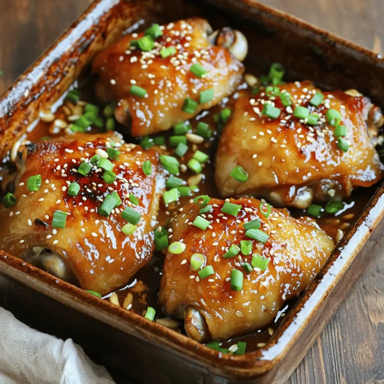 - 4 chicken thighs, bone-in and skin-on - 1/4 cup honey - 4 cloves garlic, minced - 2 tablespoons soy sauce - 1 tablespoon apple cider vinegar - 1 tablespoon fresh ginger, grated - 1 teaspoon sesame oil - Salt and pepper to taste The chicken thighs bring a juicy and tender bite. Honey adds sweetness, while garlic offers a tasty punch. Soy sauce gives depth, and apple cider vinegar adds a hint of tang. Fresh ginger brings warmth, and sesame oil adds a nutty finish. Don’t forget salt and pepper to balance all these flavors. - 1 tablespoon cornstarch (optional, for thickening) - 2 green onions, chopped (for garnish) - Sesame seeds (for garnish) Cornstarch helps thicken the sauce, making it rich and sticky. Green onions and sesame seeds add a fresh crunch and a pop of color, making your dish look great. Serve honey garlic chicken thighs with steamed rice or sautéed vegetables. The rice soaks up the sauce, making each bite delightful. For plating, arrange the chicken on a platter and drizzle the sauce over the top. Add the green onions and sesame seeds for a beautiful finish. This makes the meal inviting and ready to impress. First, set your oven to 400°F (200°C). This temperature helps cook the chicken evenly. Preheating ensures the chicken gets that nice golden color on the outside. In a bowl, mix together the honey, minced garlic, soy sauce, apple cider vinegar, and grated ginger. Add a teaspoon of sesame oil, plus a pinch of salt and pepper. Whisk it well until smooth. The honey gives sweetness, while the garlic adds a rich flavor. Place the chicken thighs in a baking dish in a single layer. Make sure they don’t touch each other. Pour the honey garlic mixture over the chicken. Use a spoon to coat each thigh well. This will help the flavors soak in. Put the baking dish in the oven and bake for 35-40 minutes. Halfway through, baste the chicken with the sauce. This keeps it moist and boosts the flavor. Check the internal temperature; it should reach 165°F (75°C). After baking, let the chicken rest for 5 minutes. This helps the juices settle. For garnish, sprinkle chopped green onions and sesame seeds on top. This adds a nice look and extra crunch. Serve your chicken hot and enjoy every bite! For the complete instructions, see the Full Recipe. To boost the flavor in your honey garlic chicken thighs, focus on the marinade. Start with a strong base of honey and garlic. Add more soy sauce for saltiness and depth. You can also mix in some fresh herbs like thyme or rosemary. A splash of orange juice brightens the flavor, too. Letting the chicken marinate for at least 30 minutes allows the flavors to soak in well. For a deeper taste, marinate overnight in the fridge. Achieving crispy skin is key for great chicken thighs. First, pat the chicken dry with paper towels. This removes excess moisture, allowing the skin to crisp up. Place the chicken skin-side up in the baking dish. During baking, baste the chicken with the sauce halfway through. This helps keep the meat juicy while still getting that nice, crispy skin. If your chicken is undercooked, check the internal temperature. It should reach 165°F (75°C). If it’s not done, return it to the oven for a few more minutes. If your chicken turns out overcooked, don’t worry. You can shred it and mix it with some sauce for a tasty dish. This way, you still enjoy the flavors. For the full recipe, check the details above. Enjoy your cooking adventure! {{image_4}} You can change some ingredients for your taste. If you want a different sweet flavor, try maple syrup or agave. You can also use coconut aminos instead of soy sauce for a gluten-free option. If you like it spicy, add some chili paste to the marinade. This will give your honey garlic chicken thighs a nice kick. You can cook your chicken thighs in two main ways: grilling or baking. Grilling gives a smoky taste and crispy skin. Just marinate the chicken and place it on a hot grill for about 20 minutes, flipping halfway. Baking, on the other hand, keeps the chicken juicy and tender. It cooks evenly and allows the flavors to blend well. Both methods work great, so it depends on your mood! Feel free to mix in flavors from around the world. For a Thai twist, add some fish sauce and lime juice to the marinade. If you want a Mediterranean vibe, use herbs like oregano and lemon juice. You can also try adding sesame seeds and green onions for an Asian flair. These little changes can transform your honey garlic chicken thighs into a whole new dish. Explore and have fun with it! For the full recipe, check out the detailed cooking steps. To keep your honey garlic chicken thighs fresh, store them in an airtight container. Make sure the chicken has cooled down before sealing it. This helps avoid steam buildup, which can make the chicken soggy. You can refrigerate the leftovers for up to four days. If you want to save them longer, freeze the chicken. Wrap each thigh in plastic wrap before placing them in a freezer-safe bag. They can last for up to three months in the freezer. When you're ready to enjoy your leftovers, you want them to taste just as good. The best way to reheat the chicken is in the oven. Preheat your oven to 350°F (175°C). Place the chicken on a baking sheet and cover it with foil to keep it moist. Heat for about 15-20 minutes, or until the chicken is warm throughout. You can also reheat in the microwave, but this may not keep the skin crispy. If you microwave, do it in short bursts to avoid drying it out. For the best taste and safety, eat the honey garlic chicken thighs within four days if stored in the fridge. If you freeze the chicken, it will stay safe to eat for about three months, but the flavor may fade over time. To enjoy the best taste, use frozen chicken within one month. Always check for any signs of freezer burn before cooking. Yes, you can use boneless chicken thighs. They will cook faster than bone-in thighs. You should reduce the baking time to about 25-30 minutes. Check the internal temperature to ensure it reaches 165°F (75°C). The flavor will remain rich and delicious. To add heat, mix in red pepper flakes or sriracha. You can also use hot sauce in the marinade. Start with a small amount and adjust to your taste. Spicy adds a nice twist to the sweet honey garlic sauce. Honey garlic chicken goes well with many sides. Consider serving it with steamed rice, sautéed green beans, or a fresh salad. Mashed potatoes or roasted vegetables are also great options. These sides help balance the sweet and savory flavors. Yes, marinating overnight is a great idea. It allows the flavors to soak into the chicken. Use the same honey garlic mixture for marinating. Just remember to cover the chicken and store it in the fridge. This will make your dish even more flavorful. Absolutely! This recipe is perfect for meal prep. You can store leftover chicken in airtight containers. It stays fresh in the fridge for up to four days. Reheat it in the oven or microwave. This makes it easy to enjoy later in the week. For the full recipe, check out the complete cooking instructions. The blog post covered how to make honey garlic chicken thighs. We explored key ingredients like chicken, honey, and garlic, along with optional thickening and garnishes. I shared step-by-step instructions, cooking tips, and variations to fit your taste. Remember, you can always adjust the recipe to your liking. Whether you grill or bake, these chicken thighs will please any crowd. Enjoy your cooking adventure, and savor every bite!