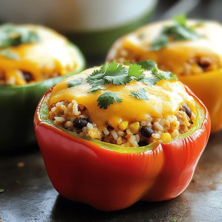 - Bell Peppers: I like using large bell peppers. You can choose any color you like: red, yellow, or green. They all taste great! Make sure they are firm and fresh. Each pepper should hold the stuffing well. - Ground Chicken and Dairy: Ground chicken adds a light flavor. It cooks quickly and blends well with other ingredients. Pair it with shredded cheddar cheese for a creamy touch. The cheese melts beautifully, making the dish extra yummy. - Enhancing Ingredients: I always add cooked rice to the mix. It gives the dish a nice texture. Black beans are great too; they add protein and fiber. Corn brings sweetness and color. Together, these ingredients create a hearty filling. - Essential Spices: Be sure to use chili powder, ground cumin, garlic powder, and onion powder. These spices pack flavor into the filling. A sprinkle of salt and pepper brings everything together. - Optional Garnishes: Fresh cilantro adds a burst of flavor. It makes the dish look more vibrant. You can also use a dollop of sour cream for creaminess. - Recommended Sides: Serve the stuffed peppers with a simple salad. A side of rice or quinoa pairs well too. You can also add some tortilla chips for crunch. - Display Ideas: For a beautiful presentation, place each stuffed pepper on a plate. Drizzle a bit of olive oil on top for shine. Add some chopped cilantro for color. This makes the meal look as good as it tastes! For the complete recipe, check out the Full Recipe. 1. Preheat your oven to 375°F (190°C). This step is key for even cooking. 2. Grab four large bell peppers. Cut off the tops and remove the seeds. Rinse the insides to clean them well. 3. Lightly coat the outside of each pepper with olive oil. Stand them upright in a 9x13 inch baking dish. 1. Heat a skillet over medium heat. Add 1 pound of ground chicken to the pan. 2. Cook the chicken for 5-7 minutes. Stir and break it apart until it turns brown. 3. Once cooked, mix in 1 cup of cooked rice, 1 cup of rinsed black beans, and 1 cup of corn. 4. Add 3/4 cup of shredded cheddar cheese, 1 teaspoon of chili powder, 1 teaspoon of cumin, 1 teaspoon of garlic powder, and 1/2 teaspoon of onion powder. Season with salt and pepper to taste. Stir for 2-3 minutes. 1. Generously fill each bell pepper with the chicken and cheese mixture. Pack it well. 2. Sprinkle the remaining 1/4 cup of cheese on top of the stuffed peppers. 3. Cover the dish with aluminum foil to trap steam. Bake in the preheated oven for 30 minutes. 4. After 30 minutes, remove the foil. Continue baking for 10-15 minutes, until the cheese is bubbly and golden. 5. Check if the peppers are tender by piercing them with a fork. 6. Allow them to cool for a few minutes after baking. Optionally, garnish with fresh cilantro for extra flavor. For the complete recipe, check out the [Full Recipe]. What are common mistakes to avoid? One mistake is overcooking the chicken. Cook it just until it's brown. If you use too much salt, it can ruin the flavor. Taste your mixture before stuffing the peppers. How can you ensure even cooking? Make sure all your peppers are the same size. This will help them cook at the same rate. Cover them with foil for part of the baking time. This keeps the heat in and helps them cook through. What are some suggestions for adding extra flavor? Try adding diced tomatoes or jalapeños for a kick. You can also mix in some spices like paprika or cayenne pepper. Fresh herbs like parsley or basil can brighten the dish. What are some ingredient swaps for dietary preferences? For a lower-carb option, replace rice with cauliflower rice. Use ground turkey or tofu for a different protein. You can also swap cheddar cheese for a dairy-free cheese for a vegan option. What cooking methods can you use? You can air fry the stuffed peppers for a crispy texture. Just set the air fryer to 375°F and cook them for about 15-20 minutes. Grilling is another fun method. Just wrap the peppers in foil and place them on the grill. How do you maintain moisture in stuffed peppers? Add a splash of chicken broth to the bottom of the baking dish. This creates steam as they cook. Avoid overstuffing the peppers; too much filling can lead to dryness. For the full recipe, check out the recipe section above. {{image_4}} You can change the ground chicken in your stuffed peppers. Use ground turkey or beef instead. These meats add different flavors and textures. If you want a vegetarian option, try using quinoa or lentils. These ingredients pack a protein punch and keep the dish hearty. For a vegan twist, use a mix of beans and mushrooms. They add a nice texture and flavor. You can also use tofu crumbles, which absorb spices well. This makes your meal rich and filling while keeping it plant-based. You can spice up your stuffed peppers with different flavors. Why not try a Mexican twist? Add taco seasoning or jalapeños for heat. A dash of lime juice brightens the dish. If you love Italian flavors, mix in some Italian herbs like oregano or basil. You could also add marinara sauce to the filling. This creates a rich and comforting taste. Want a twist? Try adding olives, capers, or feta cheese. These ingredients bring unique textures and flavors. They turn a simple meal into something exciting. For those needing gluten-free meals, this recipe is easy to adapt. Use rice instead of breadcrumbs for filling. Always check labels on canned items like beans and corn. They should be gluten-free. If you follow a low-carb diet, you can swap rice for cauliflower rice. This keeps the dish light and low in carbs. You can also skip the beans to reduce carbs even more. These variations help everyone enjoy this tasty meal. No matter your diet, you can find a way to enjoy chicken and cheese stuffed peppers. After you make your chicken and cheese stuffed peppers, let them cool down. This helps keep them fresh. Store them in an airtight container. They will stay good in the fridge for about 3 to 4 days. If you have leftovers, try to eat them within this time. To reheat, place them in the oven or microwave until warm. If you want to keep your stuffed peppers for a longer time, freezing is a great option. First, let them cool completely. Wrap each pepper tightly with plastic wrap. Then, put them in a freezer bag or container. This helps avoid freezer burn. They can last up to 3 months in the freezer. When you're ready to eat, take them out and thaw in the fridge overnight. Reheat them in the oven at 375°F until hot. This will keep the flavors and textures intact. Meal prepping can save time on busy weeknights. You can prepare the filling ahead of time. Cook the chicken and mix in the rice, beans, and spices. Store this mixture in the fridge for 2 to 3 days. When you're ready, stuff the peppers and bake them. For batch cooking, consider making a double recipe. Freeze half for later. This way, you have a tasty meal ready whenever you need it. How do you know when stuffed peppers are done? You can tell when stuffed peppers are done by checking the peppers and cheese. The peppers should be tender and the cheese melted and bubbly. If you pierce a pepper with a fork, it should feel soft but not mushy. Can you prepare them in advance? Yes, you can prepare stuffed peppers in advance. Just stuff them and store them in the fridge. Bake them when you're ready to eat. This makes for a quick and easy family meal. Can I use frozen peppers? Yes, you can use frozen peppers. Just thaw them before stuffing. They may cook faster, so keep an eye on them while baking. What to do if I don't have certain ingredients? If you lack certain ingredients, feel free to swap them out. For example, use quinoa instead of rice or a different type of cheese. Get creative based on what you have! Can stuffed peppers be made on the stovetop? Yes, you can make stuffed peppers on the stovetop. Just steam them in a skillet with a little water. Cover with a lid and cook until tender. How to adjust heating times for different ovens? Oven temperatures can vary. If your oven runs hot, check the peppers a few minutes early. If it runs cool, you may need to add a few extra minutes. Always trust your instincts! We covered the best way to make stuffed peppers. You learned about key ingredients like bell peppers, ground chicken, and spices. You also discovered tips for cooking and storing them. There are many ways to adjust the recipe for different diets and tastes. Incorporating these ideas will make your dish delicious. Get creative with flavors and toppings. With practice, you'll master this easy meal for any occasion. Enjoy your cooking journey!