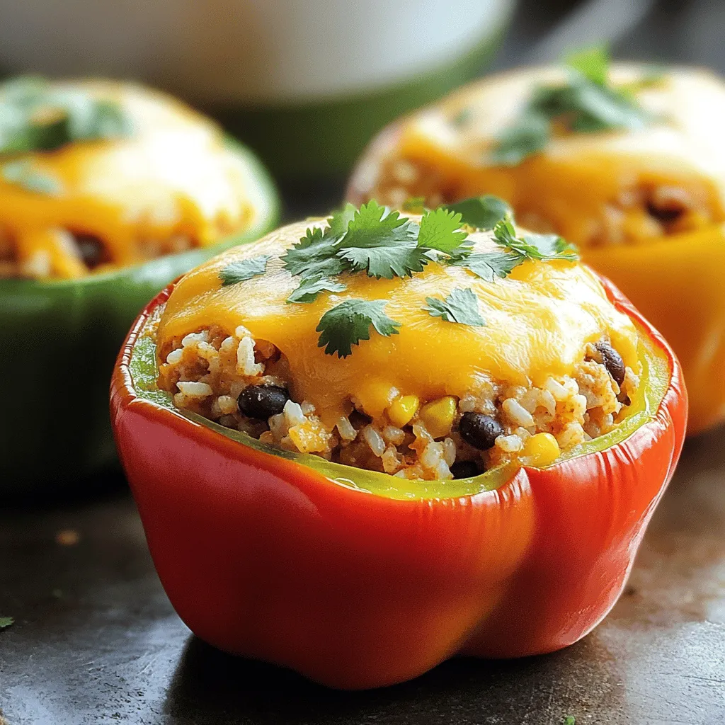 - Bell Peppers: I like using large bell peppers. You can choose any color you like: red, yellow, or green. They all taste great! Make sure they are firm and fresh. Each pepper should hold the stuffing well. - Ground Chicken and Dairy: Ground chicken adds a light flavor. It cooks quickly and blends well with other ingredients. Pair it with shredded cheddar cheese for a creamy touch. The cheese melts beautifully, making the dish extra yummy. - Enhancing Ingredients: I always add cooked rice to the mix. It gives the dish a nice texture. Black beans are great too; they add protein and fiber. Corn brings sweetness and color. Together, these ingredients create a hearty filling. - Essential Spices: Be sure to use chili powder, ground cumin, garlic powder, and onion powder. These spices pack flavor into the filling. A sprinkle of salt and pepper brings everything together. - Optional Garnishes: Fresh cilantro adds a burst of flavor. It makes the dish look more vibrant. You can also use a dollop of sour cream for creaminess. - Recommended Sides: Serve the stuffed peppers with a simple salad. A side of rice or quinoa pairs well too. You can also add some tortilla chips for crunch. - Display Ideas: For a beautiful presentation, place each stuffed pepper on a plate. Drizzle a bit of olive oil on top for shine. Add some chopped cilantro for color. This makes the meal look as good as it tastes! For the complete recipe, check out the Full Recipe. 1. Preheat your oven to 375°F (190°C). This step is key for even cooking. 2. Grab four large bell peppers. Cut off the tops and remove the seeds. Rinse the insides to clean them well. 3. Lightly coat the outside of each pepper with olive oil. Stand them upright in a 9x13 inch baking dish. 1. Heat a skillet over medium heat. Add 1 pound of ground chicken to the pan. 2. Cook the chicken for 5-7 minutes. Stir and break it apart until it turns brown. 3. Once cooked, mix in 1 cup of cooked rice, 1 cup of rinsed black beans, and 1 cup of corn. 4. Add 3/4 cup of shredded cheddar cheese, 1 teaspoon of chili powder, 1 teaspoon of cumin, 1 teaspoon of garlic powder, and 1/2 teaspoon of onion powder. Season with salt and pepper to taste. Stir for 2-3 minutes. 1. Generously fill each bell pepper with the chicken and cheese mixture. Pack it well. 2. Sprinkle the remaining 1/4 cup of cheese on top of the stuffed peppers. 3. Cover the dish with aluminum foil to trap steam. Bake in the preheated oven for 30 minutes. 4. After 30 minutes, remove the foil. Continue baking for 10-15 minutes, until the cheese is bubbly and golden. 5. Check if the peppers are tender by piercing them with a fork. 6. Allow them to cool for a few minutes after baking. Optionally, garnish with fresh cilantro for extra flavor. For the complete recipe, check out the [Full Recipe]. What are common mistakes to avoid? One mistake is overcooking the chicken. Cook it just until it's brown. If you use too much salt, it can ruin the flavor. Taste your mixture before stuffing the peppers. How can you ensure even cooking? Make sure all your peppers are the same size. This will help them cook at the same rate. Cover them with foil for part of the baking time. This keeps the heat in and helps them cook through. What are some suggestions for adding extra flavor? Try adding diced tomatoes or jalapeños for a kick. You can also mix in some spices like paprika or cayenne pepper. Fresh herbs like parsley or basil can brighten the dish. What are some ingredient swaps for dietary preferences? For a lower-carb option, replace rice with cauliflower rice. Use ground turkey or tofu for a different protein. You can also swap cheddar cheese for a dairy-free cheese for a vegan option. What cooking methods can you use? You can air fry the stuffed peppers for a crispy texture. Just set the air fryer to 375°F and cook them for about 15-20 minutes. Grilling is another fun method. Just wrap the peppers in foil and place them on the grill. How do you maintain moisture in stuffed peppers? Add a splash of chicken broth to the bottom of the baking dish. This creates steam as they cook. Avoid overstuffing the peppers; too much filling can lead to dryness. For the full recipe, check out the recipe section above. {{image_4}} You can change the ground chicken in your stuffed peppers. Use ground turkey or beef instead. These meats add different flavors and textures. If you want a vegetarian option, try using quinoa or lentils. These ingredients pack a protein punch and keep the dish hearty. For a vegan twist, use a mix of beans and mushrooms. They add a nice texture and flavor. You can also use tofu crumbles, which absorb spices well. This makes your meal rich and filling while keeping it plant-based. You can spice up your stuffed peppers with different flavors. Why not try a Mexican twist? Add taco seasoning or jalapeños for heat. A dash of lime juice brightens the dish. If you love Italian flavors, mix in some Italian herbs like oregano or basil. You could also add marinara sauce to the filling. This creates a rich and comforting taste. Want a twist? Try adding olives, capers, or feta cheese. These ingredients bring unique textures and flavors. They turn a simple meal into something exciting. For those needing gluten-free meals, this recipe is easy to adapt. Use rice instead of breadcrumbs for filling. Always check labels on canned items like beans and corn. They should be gluten-free. If you follow a low-carb diet, you can swap rice for cauliflower rice. This keeps the dish light and low in carbs. You can also skip the beans to reduce carbs even more. These variations help everyone enjoy this tasty meal. No matter your diet, you can find a way to enjoy chicken and cheese stuffed peppers. After you make your chicken and cheese stuffed peppers, let them cool down. This helps keep them fresh. Store them in an airtight container. They will stay good in the fridge for about 3 to 4 days. If you have leftovers, try to eat them within this time. To reheat, place them in the oven or microwave until warm. If you want to keep your stuffed peppers for a longer time, freezing is a great option. First, let them cool completely. Wrap each pepper tightly with plastic wrap. Then, put them in a freezer bag or container. This helps avoid freezer burn. They can last up to 3 months in the freezer. When you're ready to eat, take them out and thaw in the fridge overnight. Reheat them in the oven at 375°F until hot. This will keep the flavors and textures intact. Meal prepping can save time on busy weeknights. You can prepare the filling ahead of time. Cook the chicken and mix in the rice, beans, and spices. Store this mixture in the fridge for 2 to 3 days. When you're ready, stuff the peppers and bake them. For batch cooking, consider making a double recipe. Freeze half for later. This way, you have a tasty meal ready whenever you need it. How do you know when stuffed peppers are done? You can tell when stuffed peppers are done by checking the peppers and cheese. The peppers should be tender and the cheese melted and bubbly. If you pierce a pepper with a fork, it should feel soft but not mushy. Can you prepare them in advance? Yes, you can prepare stuffed peppers in advance. Just stuff them and store them in the fridge. Bake them when you're ready to eat. This makes for a quick and easy family meal. Can I use frozen peppers? Yes, you can use frozen peppers. Just thaw them before stuffing. They may cook faster, so keep an eye on them while baking. What to do if I don't have certain ingredients? If you lack certain ingredients, feel free to swap them out. For example, use quinoa instead of rice or a different type of cheese. Get creative based on what you have! Can stuffed peppers be made on the stovetop? Yes, you can make stuffed peppers on the stovetop. Just steam them in a skillet with a little water. Cover with a lid and cook until tender. How to adjust heating times for different ovens? Oven temperatures can vary. If your oven runs hot, check the peppers a few minutes early. If it runs cool, you may need to add a few extra minutes. Always trust your instincts! We covered the best way to make stuffed peppers. You learned about key ingredients like bell peppers, ground chicken, and spices. You also discovered tips for cooking and storing them. There are many ways to adjust the recipe for different diets and tastes. Incorporating these ideas will make your dish delicious. Get creative with flavors and toppings. With practice, you'll master this easy meal for any occasion. Enjoy your cooking journey!