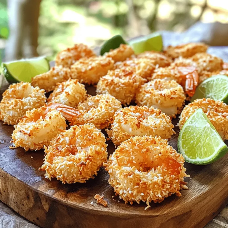 - 1 pound large shrimp, peeled and deveined - 1 cup all-purpose flour - 2 large eggs, beaten - 1 cup unsweetened shredded coconut - 1 cup panko breadcrumbs - 1 teaspoon garlic powder - 1 teaspoon paprika - ½ teaspoon salt - ½ teaspoon black pepper - Vegetable oil, for frying - Fresh lime wedges, for serving You need fresh, quality shrimp for this recipe. Choose large shrimp that are peeled and deveined. This saves time and makes cooking easier. Next, gather your dry ingredients. All-purpose flour helps create a nice base. The eggs act as a binder. They stick the coating to the shrimp. Coconut adds sweetness and texture. Panko breadcrumbs give the shrimp an extra crunch. Seasonings are key. Garlic powder and paprika add flavor. Salt and black pepper enhance the taste. Mix these well with the flour for an even coat. Finally, you will need vegetable oil for frying. It should be hot enough to crisp the shrimp. Fresh lime wedges add a zesty touch when served. For the full recipe, check out the detailed instructions. Rinse the shrimp under cold water. This helps clean them and removes any grit. After rinsing, pat them dry with a paper towel. Dry shrimp help the coating stick better. Remember, moisture can ruin the crunch. You need three shallow bowls for the breading. In the first bowl, mix the all-purpose flour with garlic powder, paprika, salt, and black pepper. In the second bowl, pour in the beaten eggs. In the third bowl, combine the shredded coconut and panko breadcrumbs. Mix them well for an even coating. Take each shrimp and dredge it in the flour mix first. Shake off any extra flour. This step is key for a good base. Next, dip it in the beaten eggs. Let the extra egg drip off to avoid sogginess. Finally, roll the shrimp in the coconut-panko mix. Press gently to ensure it sticks well. This creates a nice, crunchy layer. Heat about half an inch of vegetable oil in a large skillet over medium heat. To check if the oil is hot enough, drop a small piece of the coconut mix in. If it sizzles right away, you are ready. Carefully add the breaded shrimp in batches. Don’t overcrowd the skillet, as this lowers the oil temperature. Cook for 2-3 minutes on each side until they turn a golden brown. Once cooked, use a slotted spoon to lift the shrimp out of the oil. Place them on a plate lined with paper towels. This step helps absorb any extra oil. Serve the crispy coconut shrimp warm. Fresh lime wedges add a nice zesty touch. For the full recipe, check the earlier section. To get that perfect crispy texture, you need to pay attention to the frying temperature. Heat your oil to about 350°F. This hot oil will help the shrimp fry fast and stay crispy. If the oil is too cold, the shrimp will soak up oil and become soggy. Drying the shrimp thoroughly is key. After rinsing, pat them dry with paper towels. Moisture will ruin your crispy coating. The drier the shrimp, the better the crunch! You can serve crispy coconut shrimp with a variety of dips. Sweet chili sauce works well. It adds a nice kick! You can also try a tangy lime aioli. This pairs perfectly with the coconut flavor. For side dishes, think light and fresh. A simple cucumber salad or a fruit salsa can balance the dish. You could also serve it with rice. Coconut rice is a nice touch! One common mistake is overcrowding the skillet. If you add too many shrimp at once, they will steam instead of fry. Always fry in small batches for the best results. Another mistake is not allowing the shrimp to drain properly. After frying, place them on paper towels to absorb excess oil. This step keeps them crispy and tasty! {{image_4}} You can change up the crunch by using different coatings. Instead of panko, try using crushed cornflakes or crushed nuts. Almonds or cashews can add a great twist. You can also mix breadcrumbs with spices for extra flavor. Each choice gives the shrimp a unique texture and taste. Want to spice things up? Add herbs and spices to the batter. Try a pinch of cayenne for heat or a bit of curry powder for warmth. Fresh herbs like cilantro or parsley can also be mixed in. These additions will create a brighter flavor and make your shrimp stand out. If you need gluten-free options, you can easily adapt this recipe. Use almond flour or coconut flour instead of regular flour. For the breadcrumbs, look for gluten-free panko or use crushed rice crackers. These swaps keep the recipe tasty while catering to dietary needs. For the full recipe, check out Crispy Coconut Shrimp Delight. To keep your leftover coconut shrimp tasty, first, let them cool down. Place the shrimp in an airtight container. If you plan to eat them soon, store them in the fridge. They will stay fresh for up to three days. For longer storage, freeze them. Wrap each shrimp in plastic wrap and put them in a freezer bag. This way, they can last for up to three months. When it's time to enjoy your leftover shrimp, you want them crispy again. The best way to reheat them is in the oven. Preheat your oven to 375°F (190°C). Spread the shrimp on a baking sheet in a single layer. Bake for 10 to 12 minutes, flipping halfway. This method brings back the crunch without making them soggy. Coconut shrimp has a good shelf life. When stored correctly in the fridge, it lasts about three days. If frozen, it can stay fresh for three months. Always check for any off smells or changes in texture before eating. If it looks or smells bad, toss it out. Enjoy your crispy coconut shrimp while they are fresh! To make coconut shrimp crispy, the key is in the coating. Use panko breadcrumbs for crunch. Ensure your shrimp are dry before breading. This helps the coating stick well. Fry them in hot oil. The oil should be about 350°F. If the shrimp are crowded in the pan, they won’t get crispy. Fry in small batches for the best results. Yes, you can bake coconut shrimp! Preheat your oven to 425°F. Line a baking sheet with parchment paper for easy cleanup. Arrange the breaded shrimp in a single layer, leaving space between each one. Spray them lightly with cooking oil. Bake for about 15-20 minutes, flipping halfway through. This method gives you a healthier option with less oil. You can enhance your coconut shrimp with various dipping sauces. Here are some tasty options: - Sweet chili sauce for a spicy kick - Mango salsa for a fruity burst - Spicy mayo for an extra creamy dip - Honey mustard for a tangy flavor Coconut shrimp can be gluten-free! Use gluten-free flour and gluten-free panko breadcrumbs. Always check labels to ensure there are no hidden gluten ingredients. This way, everyone can enjoy this tasty dish without worry. Perfectly cooked shrimp turn golden brown and crispy. They usually take about 2-3 minutes per side. The shrimp should curl slightly when done. If you cut one open, it should look opaque and not translucent. This means they are safe to eat and ready to serve. You now have all the steps and tips to make coconut shrimp. We covered the key ingredients, specific cooking methods, and common mistakes to avoid. Remember to keep your shrimp dry for that perfect crispy texture and explore different flavors in your coatings. With the right dips and sides, your dish will shine. Enjoy your cooking, and don’t hesitate to experiment and make it your own!
