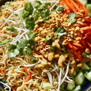 - 8 oz rice noodles - 1 cup shredded carrots - 1 red bell pepper, thinly sliced - 1 cucumber, julienned - 1 cup bean sprouts - 1/4 cup chopped green onions - 1/4 cup crushed peanuts, for garnish - Fresh cilantro leaves, for garnish - 1/2 cup creamy peanut butter - 2 tablespoons soy sauce - 2 tablespoons freshly squeezed lime juice - 1 tablespoon sesame oil - 1 tablespoon maple syrup (or honey) - 1 teaspoon sriracha (adjust based on your spice preference) - 1-2 tablespoons warm water (to adjust the sauce consistency) - Pot for boiling noodles - Mixing bowl - Whisk The ingredients for Thai peanut noodles are simple yet full of flavor. Start with rice noodles, which are the base of the dish. They cook quickly and soak up the sauce well. Next, add colorful veggies like carrots and red bell pepper for crunch and sweetness. Cucumbers give a fresh taste, while bean sprouts add a nice bite. For the peanut sauce, creamy peanut butter makes it rich. Soy sauce adds saltiness, and lime juice brings acidity. Sesame oil gives a nutty flavor, while maple syrup (or honey) adds a hint of sweetness. Don’t forget the sriracha for spice! You can adjust the heat to your liking. To mix everything, a pot for boiling noodles is essential. A mixing bowl helps when you combine the peanut sauce and other ingredients. A whisk is handy for blending the sauce smoothly. This dish is not just tasty; it's also vibrant and fun! You can easily make it at home using these ingredients. Check out the Full Recipe for complete instructions and tips. First, boil water in a large pot. When it bubbles, add 8 oz of rice noodles. Cook them as the package says, usually around 3-5 minutes. You want them tender but still firm, called al dente. After cooking, drain the noodles and rinse them under cold water. This stops the cooking. Set them aside to cool completely. While the noodles cool, let’s make the peanut sauce. In a medium bowl, add: - 1/2 cup creamy peanut butter - 2 tablespoons soy sauce - 2 tablespoons freshly squeezed lime juice - 1 tablespoon sesame oil - 1 tablespoon maple syrup (or honey) - 1 teaspoon sriracha Whisk everything together until smooth. If it’s too thick, add 1-2 tablespoons of warm water. Keep adding until you like the texture. In a large bowl, take your cooled noodles. Add: - 1 cup shredded carrots - 1 red bell pepper, thinly sliced - 1 cucumber, julienned - 1 cup bean sprouts Drizzle your peanut sauce over the noodles and veggies. Toss gently with your hands. Make sure everything is well coated. For a tasty crunch, sprinkle on: - 1/4 cup chopped green onions - 1/4 cup crushed peanuts Finally, add some fresh cilantro leaves for a burst of color and flavor. Enjoy your Thai Peanut Noodles! For the full recipe, check out the instructions provided above. To make the peanut sauce just right, start with creamy peanut butter. If the sauce is too thick, add warm water slowly. Stir in one tablespoon at a time. This helps you reach a perfect pourable consistency. For spice, adjust the sriracha to your taste. Start with one teaspoon if you prefer milder flavors. You can always add more heat later. Cook the rice noodles until they are al dente. This means they should be firm to the bite. After cooking, drain the noodles right away. Rinse them under cold water to stop the cooking. This step keeps them from getting mushy. Let the noodles cool completely before mixing them with the other ingredients. Serve the Thai Peanut Noodles in individual bowls or on a large platter. This makes for a beautiful display. For garnish, sprinkle crushed peanuts and green onions on top. Add fresh cilantro leaves for a pop of color. This not only makes the dish look good but also adds fresh flavor. Don't forget to drizzle a bit more peanut sauce on top for an inviting finish. Enjoy the vibrant look and taste! For the full recipe, check out the Full Recipe section. {{image_4}} You can easily make this dish vegan. The peanut butter is already vegan-friendly. If you'd like a different flavor, try almond or sunflower seed butter. For sweeteners, use agave syrup instead of honey. You can also swap soy sauce for tamari for a gluten-free option. Adding protein can make your meal heartier. For chicken, use grilled or sautéed pieces. Shrimp works well too; just cook them until they're pink and tender. If you prefer plant-based options, try cubed tofu. Simply sauté it until golden brown for the best texture. Want to elevate the taste? Fresh herbs are a great way. Add basil for a sweet note or mint for a fresh twist. You can sprinkle in some chili flakes for heat or grated ginger for zest. A splash of sesame seeds can also add a nice crunch. These little changes can make your Thai Peanut Noodles even more special. To keep your Thai Peanut Noodles fresh, store leftovers in an airtight container. This helps prevent drying out. Place the container in the fridge. They will stay good for about 3 to 4 days. Make sure to separate the sauce from the noodles if possible. This keeps the noodles from getting soggy. You can freeze Thai Peanut Noodles for later use. Start by letting the noodles cool completely. Then, place them in a freezer-safe bag or container. Squeeze out as much air as possible to avoid freezer burn. You can freeze them for up to 2 months. Don’t freeze the peanut sauce. It won’t keep well. To reheat the noodles, use the stovetop or microwave. If using the stovetop, add a splash of water to a pan and heat gently. Stir often to ensure even heating. If using the microwave, put the noodles in a bowl with a little water. Heat in short bursts, stirring in between. This keeps the noodles soft and tasty. If you can't find rice noodles, don't worry! You can use other noodles. Here are some great options: - Egg noodles: These add a nice flavor and texture. - Soba noodles: Made from buckwheat, these are healthy and tasty. - Zoodles: These are spiralized zucchini, great for a low-carb meal. - Shirataki noodles: These are low-calorie and gluten-free. If you need gluten-free options, try rice vermicelli or gluten-free pasta. Always check the package for cooking times. Thai peanut sauce can vary in spice. It depends on how much sriracha you add. If you like it mild, start with less. You can always add more later. Here’s how to adjust the spice: - Mild: Use no sriracha or a pinch. - Medium: Add one teaspoon of sriracha. - Spicy: Use two teaspoons or more. Taste as you go to find what you enjoy! Yes, you can make this recipe ahead of time! Here’s how to prepare components in advance: - Noodles: Cook and store them in the fridge. - Peanut sauce: Make it up to three days ahead. Just stir before using. - Veggies: Cut and store them in airtight containers. Assemble everything just before serving for the best taste. Enjoy your delicious meal! You learned how to make Thai Peanut Noodles with easy steps and tasty ingredients. From cooking rice noodles to making a creamy peanut sauce, each part is simple. You can play with flavors by adding proteins or herbs. Storing leftovers is easy, and you can make this dish in advance for busy days. Keep these tips in mind to create a delicious meal anytime. Enjoy your cooking and sharing this dish!