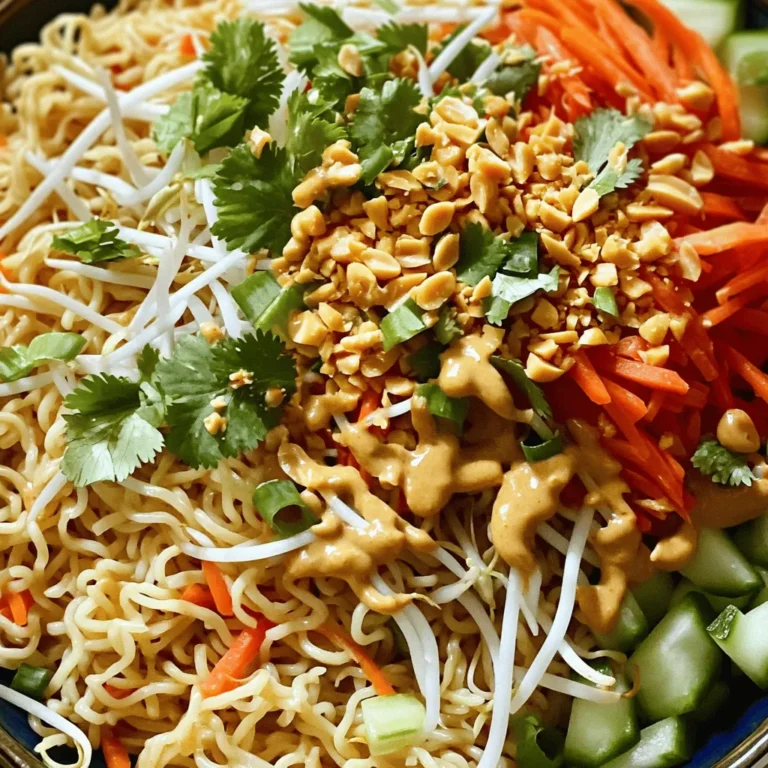 - 8 oz rice noodles - 1 cup shredded carrots - 1 red bell pepper, thinly sliced - 1 cucumber, julienned - 1 cup bean sprouts - 1/4 cup chopped green onions - 1/4 cup crushed peanuts, for garnish - Fresh cilantro leaves, for garnish - 1/2 cup creamy peanut butter - 2 tablespoons soy sauce - 2 tablespoons freshly squeezed lime juice - 1 tablespoon sesame oil - 1 tablespoon maple syrup (or honey) - 1 teaspoon sriracha (adjust based on your spice preference) - 1-2 tablespoons warm water (to adjust the sauce consistency) - Pot for boiling noodles - Mixing bowl - Whisk The ingredients for Thai peanut noodles are simple yet full of flavor. Start with rice noodles, which are the base of the dish. They cook quickly and soak up the sauce well. Next, add colorful veggies like carrots and red bell pepper for crunch and sweetness. Cucumbers give a fresh taste, while bean sprouts add a nice bite. For the peanut sauce, creamy peanut butter makes it rich. Soy sauce adds saltiness, and lime juice brings acidity. Sesame oil gives a nutty flavor, while maple syrup (or honey) adds a hint of sweetness. Don’t forget the sriracha for spice! You can adjust the heat to your liking. To mix everything, a pot for boiling noodles is essential. A mixing bowl helps when you combine the peanut sauce and other ingredients. A whisk is handy for blending the sauce smoothly. This dish is not just tasty; it's also vibrant and fun! You can easily make it at home using these ingredients. Check out the Full Recipe for complete instructions and tips. First, boil water in a large pot. When it bubbles, add 8 oz of rice noodles. Cook them as the package says, usually around 3-5 minutes. You want them tender but still firm, called al dente. After cooking, drain the noodles and rinse them under cold water. This stops the cooking. Set them aside to cool completely. While the noodles cool, let’s make the peanut sauce. In a medium bowl, add: - 1/2 cup creamy peanut butter - 2 tablespoons soy sauce - 2 tablespoons freshly squeezed lime juice - 1 tablespoon sesame oil - 1 tablespoon maple syrup (or honey) - 1 teaspoon sriracha Whisk everything together until smooth. If it’s too thick, add 1-2 tablespoons of warm water. Keep adding until you like the texture. In a large bowl, take your cooled noodles. Add: - 1 cup shredded carrots - 1 red bell pepper, thinly sliced - 1 cucumber, julienned - 1 cup bean sprouts Drizzle your peanut sauce over the noodles and veggies. Toss gently with your hands. Make sure everything is well coated. For a tasty crunch, sprinkle on: - 1/4 cup chopped green onions - 1/4 cup crushed peanuts Finally, add some fresh cilantro leaves for a burst of color and flavor. Enjoy your Thai Peanut Noodles! For the full recipe, check out the instructions provided above. To make the peanut sauce just right, start with creamy peanut butter. If the sauce is too thick, add warm water slowly. Stir in one tablespoon at a time. This helps you reach a perfect pourable consistency. For spice, adjust the sriracha to your taste. Start with one teaspoon if you prefer milder flavors. You can always add more heat later. Cook the rice noodles until they are al dente. This means they should be firm to the bite. After cooking, drain the noodles right away. Rinse them under cold water to stop the cooking. This step keeps them from getting mushy. Let the noodles cool completely before mixing them with the other ingredients. Serve the Thai Peanut Noodles in individual bowls or on a large platter. This makes for a beautiful display. For garnish, sprinkle crushed peanuts and green onions on top. Add fresh cilantro leaves for a pop of color. This not only makes the dish look good but also adds fresh flavor. Don't forget to drizzle a bit more peanut sauce on top for an inviting finish. Enjoy the vibrant look and taste! For the full recipe, check out the Full Recipe section. {{image_4}} You can easily make this dish vegan. The peanut butter is already vegan-friendly. If you'd like a different flavor, try almond or sunflower seed butter. For sweeteners, use agave syrup instead of honey. You can also swap soy sauce for tamari for a gluten-free option. Adding protein can make your meal heartier. For chicken, use grilled or sautéed pieces. Shrimp works well too; just cook them until they're pink and tender. If you prefer plant-based options, try cubed tofu. Simply sauté it until golden brown for the best texture. Want to elevate the taste? Fresh herbs are a great way. Add basil for a sweet note or mint for a fresh twist. You can sprinkle in some chili flakes for heat or grated ginger for zest. A splash of sesame seeds can also add a nice crunch. These little changes can make your Thai Peanut Noodles even more special. To keep your Thai Peanut Noodles fresh, store leftovers in an airtight container. This helps prevent drying out. Place the container in the fridge. They will stay good for about 3 to 4 days. Make sure to separate the sauce from the noodles if possible. This keeps the noodles from getting soggy. You can freeze Thai Peanut Noodles for later use. Start by letting the noodles cool completely. Then, place them in a freezer-safe bag or container. Squeeze out as much air as possible to avoid freezer burn. You can freeze them for up to 2 months. Don’t freeze the peanut sauce. It won’t keep well. To reheat the noodles, use the stovetop or microwave. If using the stovetop, add a splash of water to a pan and heat gently. Stir often to ensure even heating. If using the microwave, put the noodles in a bowl with a little water. Heat in short bursts, stirring in between. This keeps the noodles soft and tasty. If you can't find rice noodles, don't worry! You can use other noodles. Here are some great options: - Egg noodles: These add a nice flavor and texture. - Soba noodles: Made from buckwheat, these are healthy and tasty. - Zoodles: These are spiralized zucchini, great for a low-carb meal. - Shirataki noodles: These are low-calorie and gluten-free. If you need gluten-free options, try rice vermicelli or gluten-free pasta. Always check the package for cooking times. Thai peanut sauce can vary in spice. It depends on how much sriracha you add. If you like it mild, start with less. You can always add more later. Here’s how to adjust the spice: - Mild: Use no sriracha or a pinch. - Medium: Add one teaspoon of sriracha. - Spicy: Use two teaspoons or more. Taste as you go to find what you enjoy! Yes, you can make this recipe ahead of time! Here’s how to prepare components in advance: - Noodles: Cook and store them in the fridge. - Peanut sauce: Make it up to three days ahead. Just stir before using. - Veggies: Cut and store them in airtight containers. Assemble everything just before serving for the best taste. Enjoy your delicious meal! You learned how to make Thai Peanut Noodles with easy steps and tasty ingredients. From cooking rice noodles to making a creamy peanut sauce, each part is simple. You can play with flavors by adding proteins or herbs. Storing leftovers is easy, and you can make this dish in advance for busy days. Keep these tips in mind to create a delicious meal anytime. Enjoy your cooking and sharing this dish!