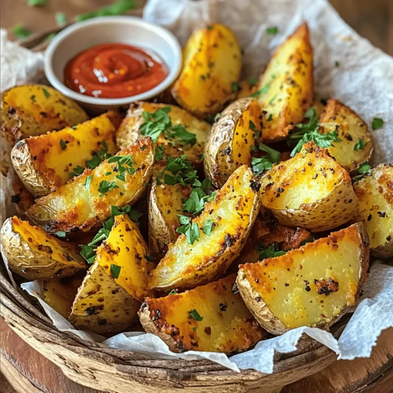 Here’s what you need for crispy potato wedges. - 4 large russet potatoes - 3 tablespoons olive oil - 1 teaspoon garlic powder - 1 teaspoon onion powder - 1 teaspoon smoked paprika - 1/2 teaspoon cayenne pepper - 1 teaspoon dried oregano - Salt and freshly ground black pepper to taste - Fresh parsley, finely chopped (for garnish) These ingredients create amazing flavor and texture. The russet potatoes give you that fluffy inside and crispy outside. Olive oil helps in browning the wedges. Garlic powder and onion powder add depth. Smoked paprika brings warmth, while cayenne pepper adds a kick. Oregano gives a hint of earthiness. Use salt and pepper to enhance all these great flavors. Fresh parsley adds a lovely touch at the end. For the full recipe, check out the crispy zesty potato wedges. - Preheat oven to 425°F (220°C). - Wash and slice potatoes into wedges. - Prepare seasoning blend. First, I start by preheating my oven to 425°F (220°C). This high heat helps make the wedges crispy. While the oven heats up, I wash the russet potatoes. I scrub them well but keep the skins on for texture. Next, I slice each potato in half lengthwise. Then, I quarter each half to create wedge shapes. Now it’s time to prepare the seasoning blend. In a bowl, I mix together the olive oil, garlic powder, onion powder, smoked paprika, cayenne pepper, oregano, and a good pinch of salt and pepper. This blend gives the wedges a great flavor. - Toss the potato wedges in the seasoning. - Arrange on baking sheet and bake. - Flip wedges halfway for even cooking. Once I have the seasoning ready, I toss the potato wedges in it. I make sure every wedge gets coated. This step is key for flavor. Next, I arrange the seasoned wedges in a single layer on a baking sheet. I avoid overcrowding them; this helps them crisp up nicely. I place the baking sheet in the oven and bake for 30 to 35 minutes. At the halfway point, I flip the wedges to ensure they brown evenly. When they turn golden brown, I know they are ready. - Garnish and serve. After baking, I take the wedges out of the oven and let them cool for a minute. I like to finish them off by garnishing with fresh parsley. This adds a nice pop of color and freshness. These crispy potato wedges are now ready to enjoy! For the full recipe, check out the details above. To get crispy potato wedges, arrange them in a single layer. This allows the heat to circulate evenly around each wedge. If you stack them or crowd the pan, they steam instead of crisping. Flip the wedges halfway through cooking. This step helps both sides brown and crisp up perfectly. You can change the spice level to fit your taste. If you like heat, add more cayenne pepper. For milder flavor, use less. Try using different herbs, like rosemary or thyme, for a fresh twist. You can also experiment with curry powder or Italian seasoning. Oven baking is great, but air frying is an excellent option too. Air fryers can make them even crispier while using less oil. If you prefer grilling, you can cook wedges on a grill for a smoky flavor. Just make sure to watch them closely to prevent burning. {{image_4}} You can take your crispy potato wedges to new heights. Here are two tasty ideas: - Cheesy herb wedges: Add shredded cheese and fresh herbs. Try mixing in parmesan and thyme before baking. The cheese will melt and create a delightful crust. - Spicy buffalo-style wedges: Toss the wedges in buffalo sauce after baking. This adds heat and flavor. Serve with blue cheese dressing for a cool counterbalance. If you have dietary needs, here are some easy swaps: - Vegan alternatives: Use vegetable oil instead of olive oil. This keeps it plant-based. You can also skip cheese or use a vegan cheese if you try the cheesy variation. - Gluten-free considerations: This recipe is naturally gluten-free. Just check your seasoning blends. Some spices may have additives with gluten. Pair your crispy potato wedges with fun dips and mains: - Pairing with dips: Try serving with ketchup, ranch, or spicy mayo. These will enhance the flavor and make it more fun. - Ideal mains to serve alongside: Crispy wedges pair nicely with grilled chicken or veggie burgers. They also work great with steak or a fresh salad. For the full recipe, check the details above. Enjoy! To keep your crispy potato wedges fresh, follow these tips: - Refrigeration: Place the cooled wedges in an airtight container. They can last up to 3 days in the fridge. If you want optimal crispiness, store them without any sauce. - Freezing: For longer storage, freeze the wedges. Place them in a single layer on a baking sheet. Once frozen, transfer them to a freezer bag. They can last for up to 2 months. To enjoy your crispy potato wedges again, use these methods: - Restoring Crispiness: The best way to make them crispy is to use the oven. Preheat your oven to 400°F (200°C). Spread the wedges on a baking sheet and bake for 10-15 minutes. They will crisp up beautifully. - Microwave vs. Oven: The microwave is quick but may make the wedges soft. If you're short on time, use it for about 1 minute. However, if you want that crunchy texture, the oven is the way to go. For the full recipe, check out the Crispy Zesty Potato Wedges. Crispy potato wedges can last in the fridge for about 3 to 5 days. Store them in an airtight container. If you want to keep them longer, freeze them. Frozen wedges can last up to 3 months. Just be sure to let them cool completely before freezing. Yes, you can use different types of potatoes! Russet potatoes are great for their crispiness, but Yukon Golds or red potatoes work well too. Each type has its own flavor and texture, so feel free to experiment. To make potato wedges crispier, follow these tips: - Cut the wedges evenly for uniform cooking. - Soak the potato wedges in cold water for 30 minutes. This helps remove excess starch. - Use enough oil to coat them well but not drown them. - Bake them in a single layer without overcrowding. You can prepare the wedges ahead of time. Cut and season them, then store them in the fridge for up to 24 hours. When ready to cook, pop them in the oven. If you want to freeze them, freeze the raw wedges. Just remember to let them thaw before cooking. Popular dips for crispy potato wedges include: - Ketchup - Ranch dressing - Spicy mayo - Garlic aioli - Sour cream with chives These dips enhance the flavor and make each bite even better! This blog post guided you through making crispy potato wedges, from the right ingredients to preparing and cooking methods. Remember, using a single layer on the baking sheet is key for crispiness. You can also tweak the seasonings for your personal taste. Try different potatoes or cooking methods, and don’t forget about delicious dips. Enjoy your tasty wedges as a perfect snack or side dish. Keep exploring and experimenting with flavors!