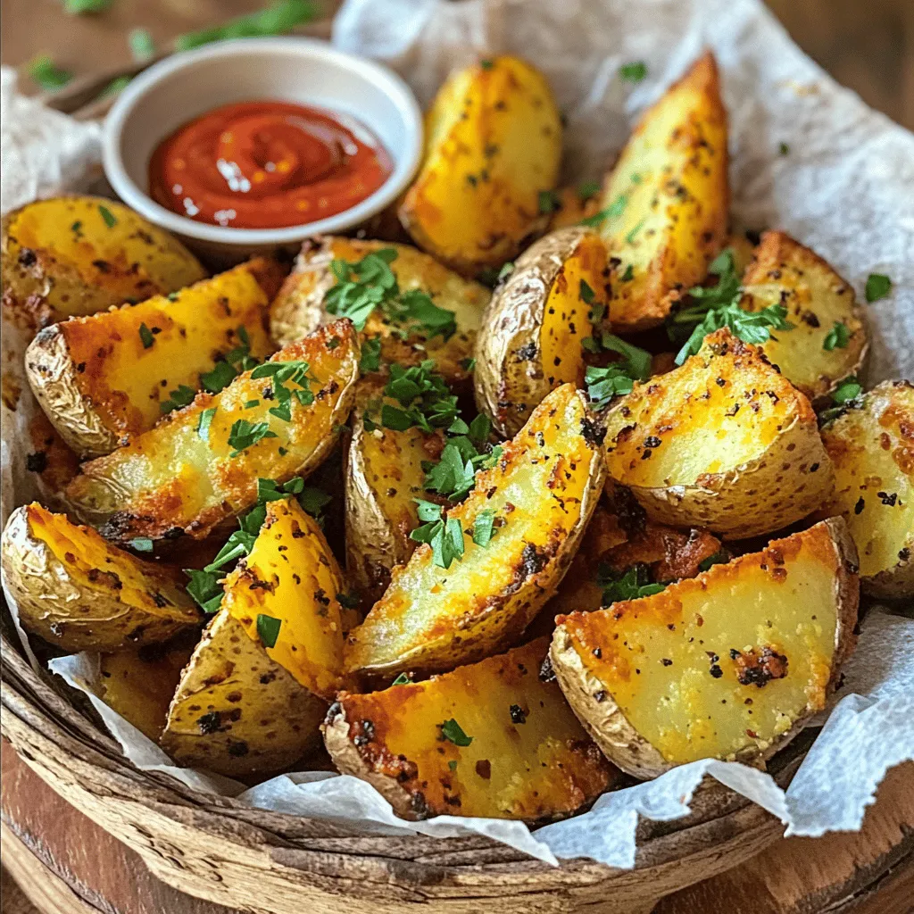 Here’s what you need for crispy potato wedges. - 4 large russet potatoes - 3 tablespoons olive oil - 1 teaspoon garlic powder - 1 teaspoon onion powder - 1 teaspoon smoked paprika - 1/2 teaspoon cayenne pepper - 1 teaspoon dried oregano - Salt and freshly ground black pepper to taste - Fresh parsley, finely chopped (for garnish) These ingredients create amazing flavor and texture. The russet potatoes give you that fluffy inside and crispy outside. Olive oil helps in browning the wedges. Garlic powder and onion powder add depth. Smoked paprika brings warmth, while cayenne pepper adds a kick. Oregano gives a hint of earthiness. Use salt and pepper to enhance all these great flavors. Fresh parsley adds a lovely touch at the end. For the full recipe, check out the crispy zesty potato wedges. - Preheat oven to 425°F (220°C). - Wash and slice potatoes into wedges. - Prepare seasoning blend. First, I start by preheating my oven to 425°F (220°C). This high heat helps make the wedges crispy. While the oven heats up, I wash the russet potatoes. I scrub them well but keep the skins on for texture. Next, I slice each potato in half lengthwise. Then, I quarter each half to create wedge shapes. Now it’s time to prepare the seasoning blend. In a bowl, I mix together the olive oil, garlic powder, onion powder, smoked paprika, cayenne pepper, oregano, and a good pinch of salt and pepper. This blend gives the wedges a great flavor. - Toss the potato wedges in the seasoning. - Arrange on baking sheet and bake. - Flip wedges halfway for even cooking. Once I have the seasoning ready, I toss the potato wedges in it. I make sure every wedge gets coated. This step is key for flavor. Next, I arrange the seasoned wedges in a single layer on a baking sheet. I avoid overcrowding them; this helps them crisp up nicely. I place the baking sheet in the oven and bake for 30 to 35 minutes. At the halfway point, I flip the wedges to ensure they brown evenly. When they turn golden brown, I know they are ready. - Garnish and serve. After baking, I take the wedges out of the oven and let them cool for a minute. I like to finish them off by garnishing with fresh parsley. This adds a nice pop of color and freshness. These crispy potato wedges are now ready to enjoy! For the full recipe, check out the details above. To get crispy potato wedges, arrange them in a single layer. This allows the heat to circulate evenly around each wedge. If you stack them or crowd the pan, they steam instead of crisping. Flip the wedges halfway through cooking. This step helps both sides brown and crisp up perfectly. You can change the spice level to fit your taste. If you like heat, add more cayenne pepper. For milder flavor, use less. Try using different herbs, like rosemary or thyme, for a fresh twist. You can also experiment with curry powder or Italian seasoning. Oven baking is great, but air frying is an excellent option too. Air fryers can make them even crispier while using less oil. If you prefer grilling, you can cook wedges on a grill for a smoky flavor. Just make sure to watch them closely to prevent burning. {{image_4}} You can take your crispy potato wedges to new heights. Here are two tasty ideas: - Cheesy herb wedges: Add shredded cheese and fresh herbs. Try mixing in parmesan and thyme before baking. The cheese will melt and create a delightful crust. - Spicy buffalo-style wedges: Toss the wedges in buffalo sauce after baking. This adds heat and flavor. Serve with blue cheese dressing for a cool counterbalance. If you have dietary needs, here are some easy swaps: - Vegan alternatives: Use vegetable oil instead of olive oil. This keeps it plant-based. You can also skip cheese or use a vegan cheese if you try the cheesy variation. - Gluten-free considerations: This recipe is naturally gluten-free. Just check your seasoning blends. Some spices may have additives with gluten. Pair your crispy potato wedges with fun dips and mains: - Pairing with dips: Try serving with ketchup, ranch, or spicy mayo. These will enhance the flavor and make it more fun. - Ideal mains to serve alongside: Crispy wedges pair nicely with grilled chicken or veggie burgers. They also work great with steak or a fresh salad. For the full recipe, check the details above. Enjoy! To keep your crispy potato wedges fresh, follow these tips: - Refrigeration: Place the cooled wedges in an airtight container. They can last up to 3 days in the fridge. If you want optimal crispiness, store them without any sauce. - Freezing: For longer storage, freeze the wedges. Place them in a single layer on a baking sheet. Once frozen, transfer them to a freezer bag. They can last for up to 2 months. To enjoy your crispy potato wedges again, use these methods: - Restoring Crispiness: The best way to make them crispy is to use the oven. Preheat your oven to 400°F (200°C). Spread the wedges on a baking sheet and bake for 10-15 minutes. They will crisp up beautifully. - Microwave vs. Oven: The microwave is quick but may make the wedges soft. If you're short on time, use it for about 1 minute. However, if you want that crunchy texture, the oven is the way to go. For the full recipe, check out the Crispy Zesty Potato Wedges. Crispy potato wedges can last in the fridge for about 3 to 5 days. Store them in an airtight container. If you want to keep them longer, freeze them. Frozen wedges can last up to 3 months. Just be sure to let them cool completely before freezing. Yes, you can use different types of potatoes! Russet potatoes are great for their crispiness, but Yukon Golds or red potatoes work well too. Each type has its own flavor and texture, so feel free to experiment. To make potato wedges crispier, follow these tips: - Cut the wedges evenly for uniform cooking. - Soak the potato wedges in cold water for 30 minutes. This helps remove excess starch. - Use enough oil to coat them well but not drown them. - Bake them in a single layer without overcrowding. You can prepare the wedges ahead of time. Cut and season them, then store them in the fridge for up to 24 hours. When ready to cook, pop them in the oven. If you want to freeze them, freeze the raw wedges. Just remember to let them thaw before cooking. Popular dips for crispy potato wedges include: - Ketchup - Ranch dressing - Spicy mayo - Garlic aioli - Sour cream with chives These dips enhance the flavor and make each bite even better! This blog post guided you through making crispy potato wedges, from the right ingredients to preparing and cooking methods. Remember, using a single layer on the baking sheet is key for crispiness. You can also tweak the seasonings for your personal taste. Try different potatoes or cooking methods, and don’t forget about delicious dips. Enjoy your tasty wedges as a perfect snack or side dish. Keep exploring and experimenting with flavors!
