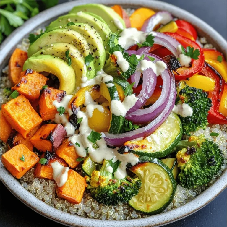 - 1 cup sweet potatoes, peeled and diced into 1-inch cubes - 1 cup assorted bell peppers (red, yellow, green), chopped into bite-sized pieces - 1 cup zucchini, sliced into half-moons - 1 cup broccoli florets, cut into small pieces - 1 red onion, cut into large wedges For a colorful veggie bowl, start with these main ingredients. Sweet potatoes add natural sweetness. Bell peppers bring crunch and color. Zucchini adds a mild flavor, while broccoli packs a nutrient punch. Red onion gives a slight bite that balances the sweetness. - 2 tablespoons extra virgin olive oil - 1 teaspoon garlic powder - 1 teaspoon smoked paprika - Sea salt and black pepper, to taste These seasonings elevate the dish. Olive oil helps the veggies roast perfectly. Garlic powder gives a rich flavor. Smoked paprika adds warmth and depth. A sprinkle of sea salt and black pepper enhances all the tastes. - 1 ripe avocado, sliced for garnish - Fresh parsley or cilantro, roughly chopped, for garnish - Tahini dressing, for drizzling over top Garnishes make the bowl special. Avocado adds creaminess and healthy fats. Fresh herbs like parsley or cilantro brighten the dish. A drizzle of tahini dressing ties all the flavors together, making it even more delicious. Check out the Full Recipe for complete details! 1. Preheat your oven to 425°F (220°C). This high heat helps the veggies caramelize. 2. In a large bowl, add: - 1 cup sweet potatoes, peeled and diced into 1-inch cubes - 1 cup assorted bell peppers, chopped into bite-sized pieces - 1 cup zucchini, sliced into half-moons - 1 cup broccoli florets, cut into small pieces - 1 red onion, cut into large wedges 3. Pour 2 tablespoons of extra virgin olive oil over the veggies. 4. Add: - 1 teaspoon garlic powder - 1 teaspoon smoked paprika - Sea salt and freshly ground black pepper, to taste 5. Toss the mix well. Ensure each piece is coated with oil and spices. 1. Spread the seasoned veggies evenly on a large baking sheet. 2. Make sure they aren’t crowded to allow even roasting. 3. Roast the veggies for about 25 to 30 minutes. 4. Stir halfway through to help them cook evenly. You want them tender and caramelized. 1. While the vegetables roast, prepare 1 cup of quinoa. 2. Rinse the quinoa well under cold water. 3. Cook it according to package instructions until it’s light and fluffy. 4. When both the roasted veggies and quinoa are done, it's time to assemble. 5. Start with a scoop of quinoa at the base of your bowl. 6. Layer the vibrant roasted veggies on top of the quinoa. 7. Add slices of ripe avocado on top. 8. Drizzle with tahini dressing for added flavor. 9. Garnish with freshly chopped parsley or cilantro for a bright finish. This Healthy Roasted Veggie Bowl is not only colorful but also packed with flavor and nutrition. If you want the full details, check out the Full Recipe. To get the best out of your veggies, ensure even cooking. Cut all your vegetables to the same size. This step helps them cook at the same rate. Spread them out on the baking sheet. If they are too close, they will steam instead of roast. Roasting at a high temperature, like 425°F, is key for caramelization. This process gives your veggies a sweet, rich flavor. The heat helps the sugars in the vegetables turn golden. Don’t skip this step if you want tasty results. A good mix of seasonings can elevate your dish. Start with olive oil, garlic powder, and smoked paprika. These three will bring warmth and depth. Don’t forget to add sea salt and black pepper. Adjust the seasoning to your taste. Want to add more toppings? Consider nuts or seeds for crunch. Feta cheese adds creaminess, too. Fresh herbs like basil or parsley can brighten the dish. Presentation matters! Use deep, colorful bowls to show off your roasted veggie bowl. The vibrant colors of the veggies create a feast for the eyes. You can also sprinkle sesame seeds on top for extra texture. Choose bowls that are the right size. A bowl too large makes the meal look sparse. A bowl too small can overwhelm the plate. Find a balance to create an appealing dish. {{image_4}} You can make this dish your own by swapping out the veggies. Use seasonal vegetables for the best taste and freshness. For example, try adding carrots or asparagus in spring. You can also mix in some squash or Brussels sprouts in the fall. If you want to change the base, you can use other grains. Brown rice or farro works well if you prefer. You can also add protein like chickpeas or grilled chicken for extra nutrition and flavor. If you need gluten-free options, quinoa is perfect. It is naturally gluten-free, so you can enjoy it worry-free. For a vegan version, skip the tahini dressing or use a plant-based alternative. If you're looking for low-carb options, you can replace quinoa with cauliflower rice. It has a similar texture and absorbs flavors well. To give your bowl a new twist, try different dressings or marinades. A lemon-tahini dressing adds a fresh zing. You can also use balsamic vinaigrette for a sweeter flavor. Want some heat? Add chili flakes or your favorite hot sauce. It gives the bowl an exciting kick that complements the veggies. For more ideas, check out the Full Recipe for variations and flavor tips. To keep your roasted veggie bowl fresh, store leftovers in the fridge. Place the veggies in an airtight container. They will stay good for about 3 to 5 days. Keep the quinoa in a separate container to avoid sogginess. If you want to freeze the roasted veggies, let them cool first. Then, place them in a freezer-safe bag. They can last for up to 3 months. Just remember to label the bags with the date. When it's time to eat your leftovers, you want to keep them tasty. The best way to reheat roasted veggies is in the oven. Preheat your oven to 350°F (175°C). Spread the veggies on a baking sheet and warm them for about 10 to 15 minutes. This method helps them stay crisp. You can also use a microwave. Heat them in 30-second bursts, stirring in between. This helps them warm evenly. If you love meal prep, this veggie bowl is perfect. You can prep the veggies and quinoa ahead of time. Chop the veggies and store them in separate containers in the fridge. Cook the quinoa and store it in a different container. This way, everything is ready to go. For best results, use glass containers with tight lids. They help keep your food fresh and make reheating easy. Enjoy your healthy roasted veggie bowl anytime! You can mix and match your favorite veggies. Try carrots, cauliflower, or Brussels sprouts. Seasonal veggies like butternut squash or eggplant work great too. Don’t forget leafy greens like kale or spinach for added nutrition. Yes, you can prep this dish in advance! Roast the veggies and store them in an airtight container. They stay fresh for up to three days in the fridge. Reheat gently in the oven or microwave before serving. You can add lemon juice for brightness or garlic for a kick. Try mixing in some maple syrup for sweetness or red pepper flakes for heat. Experiment with herbs like dill or basil to find your favorite flavor. Always rinse quinoa before cooking. This removes bitter saponins. Use a 2:1 water-to-quinoa ratio for perfect texture. Let it simmer gently, and avoid stirring too much. Fluff it with a fork once it’s done cooking to keep it light and airy. For a complete guide, check out the Full Recipe for a vibrant roasted veggie bowl! This blog post explored how to make a delicious roasted veggie bowl. We covered the best ingredients, seasonings, and tips for perfect roasting. I shared ways to customize your bowl with different vegetables and flavor profiles. Remember, cooking is all about creativity. Feel free to experiment with what you like. This dish is not just tasty; it’s also healthy and fun to prepare. Enjoy making it your own, and savor every bite!
