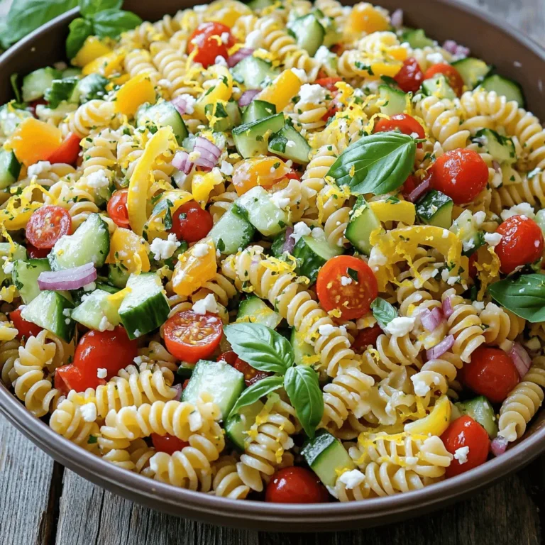 To make a tasty Lemon Basil Pasta Salad, you need some key ingredients. Here’s a list to get started: - 2 cups fusilli or penne pasta - 1 cup cherry tomatoes, halved - 1 cup cucumber, diced - 1/2 cup red bell pepper, diced - 1/2 cup red onion, finely chopped - 1 cup fresh basil leaves, chopped - 1/4 cup extra virgin olive oil - 2 tablespoons freshly squeezed lemon juice - Zest of 1 medium lemon - Salt and black pepper, to taste These ingredients create a fresh and zesty flavor. Each bite bursts with the taste of lemon and basil. You can boost the flavor of your pasta salad with some fun add-ins. Here are a few ideas you might enjoy: - 1/4 cup feta cheese, crumbled - 1/4 cup olives, sliced - 1/4 cup cooked chicken, diced - 1/4 cup roasted red peppers, chopped These add-ins will add depth and variety to your salad. Feel free to mix and match based on what you have. When it comes to pasta, not all types work the same. For this salad, I recommend using: - Fusilli: Its spiral shape holds the dressing well. - Penne: The tube shape adds nice texture. These pastas soak up the lemon and basil flavors perfectly. Avoid using thin pasta like spaghetti, as it may not hold up as well in a salad. This choice makes your dish more enjoyable. For the full recipe, check the details above. Start with a large pot of salted water. Bring it to a boil. Add the pasta and cook for 8-10 minutes. You want it to be al dente, which means it should still have a bit of bite. Once cooked, drain the pasta. Rinse it under cold water to stop cooking. This cools it down and helps with the salad. In a big mixing bowl, combine the cooled pasta with your veggies. Use 1 cup of halved cherry tomatoes, 1 cup of diced cucumber, 1/2 cup of diced red bell pepper, and 1/2 cup of finely chopped red onion. Stir gently to mix everything well. This blend adds freshness and crunch to your salad. In a small bowl, whisk together 1/4 cup of extra virgin olive oil, 2 tablespoons of freshly squeezed lemon juice, and the zest of one medium lemon. Add salt and black pepper to taste. Make sure these ingredients mix well to create a tasty dressing. Drizzle it over your pasta and veggies. Toss everything together with a spatula until well coated. To finish, gently fold in 1 cup of chopped fresh basil. If you like, sprinkle 1/4 cup of crumbled feta cheese on top before serving. Let the salad chill in the fridge for at least 30 minutes. This lets the flavors blend nicely. Enjoy your delicious Lemon Basil Pasta Salad! For the complete recipe, check the Full Recipe section. To cook pasta just right, start with a large pot. Fill it with water and add salt. This step helps flavor the pasta. Bring the water to a rolling boil. Add your pasta once the water bubbles. Cook it for about 8-10 minutes, or until it's al dente. Al dente means it should be firm yet tender. After cooking, drain the pasta and rinse it with cold water. This stops the cooking and cools it down. For extra flavor, think about marinating your veggies. While the pasta cools, mix olive oil, lemon juice, salt, and pepper in a bowl. Toss in cherry tomatoes, cucumbers, and bell peppers. Let them sit for about 10 minutes. This simple step boosts their taste. It makes every bite more vibrant and fresh. When serving your salad, presentation counts. Use a large bowl or individual dishes. Garnish with fresh basil and lemon wedges for a pop of color. This makes your dish look inviting. Serve it right away, or chill it for at least 30 minutes. Chilling helps the flavors blend. If you want to add a creamy touch, sprinkle feta cheese on top just before serving. You can find the full recipe [here](#). {{image_4}} To make your Lemon Basil Pasta Salad heartier, add protein. Grilled chicken is a great choice. Cook it simply with salt and pepper. Shrimp also works well when sautéed until just pink. For a vegetarian twist, use chickpeas or black beans. They add good texture and flavor. You can even sprinkle in some diced tofu for a plant-based option. The key is to balance flavors while keeping it light. Feel free to mix up the veggies in your salad. Instead of cherry tomatoes, try sun-dried tomatoes for a richer taste. Bell peppers can be swapped for zucchini or carrots. You can even toss in some spinach for a nutrient boost. Just remember to use fresh, crisp veggies for the best flavor. The colors will make your dish pop while adding more vitamins. While the lemon vinaigrette shines, other dressings can change the salad's vibe. A balsamic vinaigrette brings a sweet tang, while a creamy dressing adds richness. Consider a pesto for an Italian twist. Just be mindful of the dressing amount; you want to enhance, not overpower. Experimenting with dressings keeps your pasta salad exciting and fresh. For the full recipe, check the details above. After you enjoy your Lemon Basil Pasta Salad, store any leftovers in an airtight container. Keep the salad in the fridge. Make sure it is cool before sealing it. This helps to keep the flavors fresh. If you added feta cheese, cover it with a bit of extra dressing. This keeps it from drying out. Your Lemon Basil Pasta Salad can last up to three days in the fridge. After that, the veggies may lose their crispness. The salad may still taste good, but it won’t be as fresh. Always check for any off smells before eating. This salad is best served cold. If you want to refresh it, add a splash of olive oil and lemon juice. Toss it gently to mix. If you must reheat, do so briefly in the microwave. Heat it for just 15-30 seconds. This will warm it without cooking the veggies. Yes, you can make this pasta salad ahead. It tastes better after sitting in the fridge. I suggest preparing it up to a day in advance. Store it in an airtight container. Just remember to leave out the basil until you serve it. This keeps the basil fresh and bright. If you need gluten-free pasta, there are great choices. Look for pasta made from rice, quinoa, or chickpeas. Brands like Banza or Tinkyada offer tasty options. They hold up well in salads. Cook them according to the package directions for the best results. To make this pasta salad vegan, skip the feta cheese. You can add extra veggies for flavor. Consider using avocado for creaminess. Nutritional yeast can add a cheesy taste, too. Just mix it in with the dressing for a nice touch. For the dressing, all the other ingredients are already vegan-friendly. In this blog post, I shared how to make a refreshing lemon basil pasta salad. We covered key ingredients, step-by-step instructions, and tips for perfecting your dish. You learned how to add variety with proteins and different veggies. Storing leftover salad properly ensures it stays fresh. By answering important FAQs, I aimed to make this recipe easy for you. Enjoy this tasty dish at your next meal or gathering. With these insights, you'll impress everyone with your delicious creation!