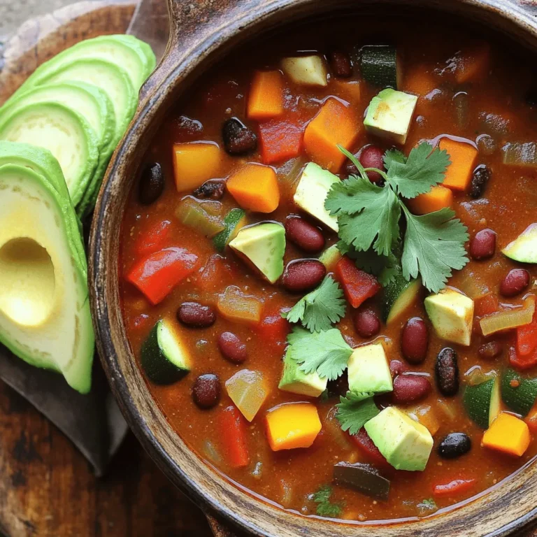 When making vegetable and bean chili, gather these items first: - 1 tablespoon olive oil - 1 large onion, finely diced - 3 cloves garlic, minced - 1 bell pepper (red or yellow), chopped into bite-sized pieces - 1 medium carrot, diced into small cubes - 1 medium zucchini, diced - 1 cup corn kernels (fresh or frozen will work) - 1 can (15 oz) black beans, rinsed thoroughly and drained - 1 can (15 oz) kidney beans, rinsed thoroughly and drained - 1 can (15 oz) diced tomatoes with their juices - 2 cups vegetable broth (low sodium recommended) - 2 tablespoons chili powder - 1 teaspoon ground cumin - 1 teaspoon smoked paprika - Salt and pepper to taste - Fresh cilantro, chopped (for garnish) - Avocado slices (for serving, optional) These ingredients create a rich, hearty dish that warms you up. You can change this recipe to fit your taste. Here are some ideas: - Add more beans, like pinto or cannellini beans. - Swap in different vegetables, such as spinach or sweet potatoes. - Mix in some hot peppers for a spicy kick. - Use different herbs, like oregano or thyme, for extra flavor. - Top with cheese or sour cream if you prefer. These options let you make the chili your own! This vegetable and bean chili is not only tasty but also healthy. Here’s a quick breakdown of its nutrition: - Calories: Around 250 per serving - Protein: About 12 grams - Carbohydrates: Roughly 40 grams - Fiber: Nearly 12 grams - Fat: Around 5 grams This chili is high in fiber and protein, making it a satisfying meal. You can enjoy it guilt-free! For the full recipe, check out the [Full Recipe]. First, heat 1 tablespoon of olive oil in a large pot over medium heat. When the oil is hot, add 1 large onion, finely diced. Cook the onion for about 5 minutes. It should turn soft and clear. Next, add 3 minced garlic cloves. Stir the garlic in for 1 to 2 minutes. It should smell great and turn light gold. Now, add in a chopped bell pepper, a diced carrot, and a diced zucchini. Cook these veggies for 5 to 7 minutes. Stir them often as they start to soften and brighten. Then, mix in 1 cup of corn kernels. Let them cook for an extra 3 minutes. This adds sweet flavor and color. Next, add 1 can each of black beans and kidney beans, both rinsed and drained. Then, pour in 1 can of diced tomatoes with their juices and 2 cups of vegetable broth. Sprinkle in 2 tablespoons of chili powder, 1 teaspoon of ground cumin, and 1 teaspoon of smoked paprika. Stir everything together well. Increase the heat until it boils. Once boiling, lower the heat to let it simmer. Keep it uncovered for about 30 minutes. Stir occasionally to avoid sticking. Taste and add salt and pepper as you like. Once thickened, remove it from the heat. Let it sit for a few minutes. This helps the flavors mix well. Now, ladle the chili into bowls. You can top each bowl with freshly chopped cilantro. If you want, add avocado slices for a creamy finish. Check out the Full Recipe for more details! To boost the flavor of your vegetable and bean chili, try these tips: - Use Fresh Herbs: Fresh cilantro or parsley adds a bright taste. - Add Citrus: A squeeze of lime or lemon brightens the dish. - Incorporate Spices: Experiment with chipotle powder for heat or oregano for depth. You can also let the chili sit for a few hours or overnight. This resting time lets the flavors meld and deepen. If your chili is too thick, add more vegetable broth. Start with a half cup and stir well. If it’s too thin, simmer it longer. This helps the liquid reduce and thicken. You can also mash some beans to make the chili creamier. Serve your chili with various toppings. Here are some ideas: - Sliced avocado for creaminess - Shredded cheese for a cheesy touch - Crème fraîche or sour cream for richness - Crispy tortilla chips for crunch Pair your chili with warm bread or cornbread on the side. It’s a great way to soak up every delicious drop. For the full recipe, check out the robust vegetable & bean chili. Enjoy your hearty comfort food delight! {{image_4}} If you want a vegan chili, this recipe is already perfect! All the ingredients are plant-based. For gluten-free versions, check your vegetable broth and spices. Most brands are safe, but read labels to be sure. You can switch to gluten-free grains like quinoa or rice as a side. Feel free to change up the beans or veggies. If you don’t have black beans, use pinto or cannellini beans. You can also mix in lentils for added protein. For vegetables, try adding sweet potatoes, spinach, or even kale. This adds flavor and nutrition to your dish. To make your chili spicy, add more chili powder or diced jalapeños. You can also use hot sauce for an extra kick. If you prefer mild flavors, reduce the chili powder and smoked paprika. This way, everyone can enjoy their bowl of chili. For the full recipe, check out the detailed instructions and ingredient list! To keep your vegetable and bean chili fresh, let it cool first. Once cool, store it in an airtight container. Place the container in the fridge. Your chili will stay good for about 3 to 5 days. If you want to enjoy it later, freezing is a great option. You can freeze your chili for up to 3 months. First, let it cool completely. Then, pour it into a freezer-safe container. Leave some space at the top, as the chili will expand when frozen. Label the container with the date. This way, you will know when to use it. When you are ready to eat, thaw the chili in the fridge overnight. For quick reheating, use the microwave or the stove. If microwaving, heat in short bursts, stirring in between. On the stove, warm it over medium heat until it bubbles. Always check that it is hot all the way through before serving. Enjoy your hearty comfort food delight! For the full recipe, check out the detailed steps above. Yes, you can use canned beans. Canned beans save time and effort. Just rinse them well to remove excess sodium. For this chili, I recommend black beans and kidney beans. They add great texture and flavor. Vegetable bean chili lasts about 4 to 5 days in the fridge. Make sure to store it in an airtight container. The flavors actually improve over time, making it even tastier! You can serve this chili with many sides. Try crispy tortilla chips for crunch. Warm bread or cornbread pairs well too. Add a dollop of sour cream or Greek yogurt for creaminess. Don't forget fresh avocado slices for extra flavor! Check the Full Recipe for more serving ideas. This blog post covered all you need for a great vegetable bean chili. We explored the ingredients, showing how to customize it and understand its nutrition. The step-by-step instructions guide you through cooking, while tips enhance its flavor. Variations help you adapt to different diets. Finally, we discussed storage methods and answered common questions. Cooking a tasty chili doesn't have to be hard. You now have tools to make it your own and enjoy it for days. Happy cooking!