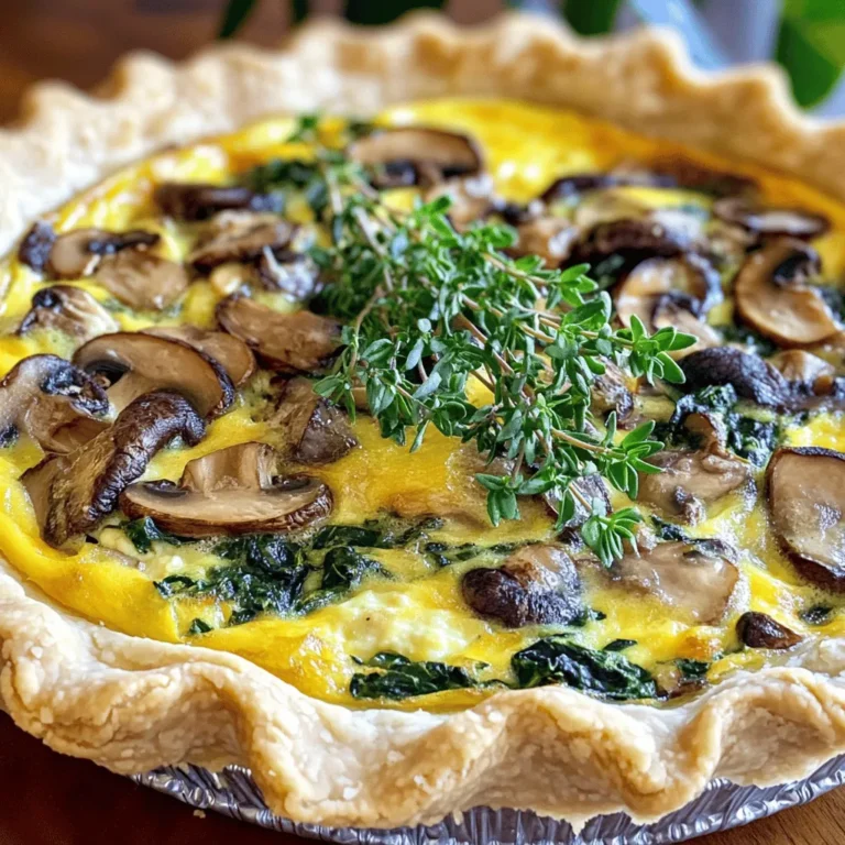 - Pre-made pie crust - Fresh spinach - Mushrooms (cremini, button, or favorite variety) - Onion - Eggs - Heavy cream - Shredded mozzarella cheese - Grated Parmesan cheese - Garlic powder - Olive oil - Fresh herbs for garnish Choosing fresh ingredients makes all the difference in your mushroom and spinach quiche. The pre-made pie crust saves time and keeps things simple. You can find it in the store, ready to go. Fresh spinach offers a bright green color and a mild taste. The mushrooms add a rich, earthy flavor that pairs well with the spinach. Onion brings sweetness to the dish. Eggs and heavy cream create a creamy base that holds everything together. Shredded mozzarella cheese melts beautifully, while grated Parmesan adds a salty bite. Garlic powder enhances the overall flavor without being overpowering. Olive oil is perfect for sautéing the veggies. - Calories per serving: Approximately 300 calories - Macronutrient breakdown: - Protein: 12g - Fats: 22g - Carbs: 15g This quiche is a vegetarian delight, making it great for meatless meals. For gluten-free options, try using a gluten-free pie crust. This way, everyone can enjoy a slice. If you want to keep things light, you can also substitute heavy cream with a lower-fat option. For the full recipe and additional tips, check out the Full Recipe. Enjoy creating this delicious dish! 1. Preheat your oven to 375°F (190°C). This makes sure it’s hot for baking. 2. In a skillet over medium heat, add 1 tablespoon of olive oil. When it shimmers, add 1 small diced onion. Sauté for about 3-4 minutes. Stir often until the onion turns translucent and fragrant. 3. Next, add 1 cup of sliced mushrooms to the skillet. Cook for 5-7 minutes. Stir occasionally until the mushrooms soften and release their moisture. 4. Now, stir in 2 cups of chopped spinach. Cook until it wilts, about 2-3 minutes. Season with 1 teaspoon of garlic powder, salt, and pepper. Once cooked, remove it from heat and let it cool a bit. 1. In a large bowl, whisk together 3 large eggs and 1 cup of heavy cream. Mix until it’s fully combined and frothy. 2. Add 1 cup of shredded mozzarella and 1/2 cup of grated Parmesan cheese to the egg mixture. Mix well. Add a pinch of salt and pepper to taste. 3. Gently fold in the cooled mushroom and spinach mixture. Stir carefully to ensure even distribution. 1. Pour the filling into the pre-made pie crust. Spread it evenly for uniform cooking. 2. Place the quiche in the preheated oven. Bake for 35-40 minutes. Check for doneness by inserting a toothpick in the center. It should come out clean. 3. Once baked, remove the quiche from the oven. Let it cool for about 10 minutes. This helps it set further, making it easier to slice. 4. If you like, garnish with fresh thyme or parsley. Enjoy your quiche warm or at room temperature. For the complete step-by-step details, refer to the Full Recipe. To sauté your vegetables well, heat olive oil in a skillet over medium heat. Start with the onion, cooking it until soft and sweet. This should take about 3-4 minutes. Next, add the mushrooms. Cook them until they soften, about 5-7 minutes. Finally, toss in the spinach. Cook until it wilts, which is quick—just 2-3 minutes. This method keeps flavors bright and fresh. For a flaky crust, always keep your ingredients cold. Use cold butter and cold water when mixing. Handle the dough as little as possible. This will prevent the gluten from developing too much. When baking, don’t skip the chilling step before baking. Chill the crust for at least 30 minutes before filling. To change the flavor of your quiche, consider adding herbs. Fresh thyme or basil works great. You can also experiment with spices like red pepper flakes or smoked paprika. These will add depth and warmth to your dish. For cheese, mozzarella adds a nice melt. But feel free to switch it up! Try goat cheese for tang or cheddar for sharpness. Mixing cheeses can create unique flavors. Blend a bit of feta or Gruyère for a twist! Pair your quiche with a light salad. A simple green salad with vinaigrette balances the richness. Roasted vegetables also make a great side. They add color and nutrition to your meal. You can serve the quiche warm or at room temperature. Both ways taste great! If you want, slice it into wedges for a pretty presentation. This dish is perfect for brunch or a light dinner. For the best experience, enjoy it fresh from the oven or let it cool a bit. For the full recipe, refer to the detailed instructions above. {{image_4}} You can change up the veggies in your quiche. Try adding bell peppers or zucchini. Both add great taste and color. You can also use kale instead of spinach. This change boosts the nutrient content, too. For cheese, mozzarella is popular, but feel free to mix it up. Feta cheese gives a tangy flavor. Cheddar adds sharpness, while goat cheese offers a creamy texture. Each choice changes the taste and makes your quiche unique. To make this quiche gluten-free, use a gluten-free pie crust. Many stores sell these now, or you can make your own. Just make sure to check the labels. If you want a vegan quiche, swap the eggs for a mix of silken tofu and nutritional yeast. This swap keeps that fluffy texture. Use almond milk or coconut cream in place of heavy cream for the creamy base. These changes make a tasty vegan option while still keeping the flavors you love. To keep your mushroom and spinach quiche fresh, follow these tips. First, let the quiche cool down to room temperature. Then, wrap it tightly in plastic wrap or foil. This step prevents drying out. Store the wrapped quiche in the fridge. It stays fresh for about 3 to 4 days. When you’re ready to eat, just slice and enjoy! You can freeze the quiche for longer storage. If you freeze it before baking, wrap it tightly in plastic. Place it in a freezer-safe bag. When you want to bake it, remove it from the freezer. Let it thaw in the fridge overnight. For quiche that has already been baked, let it cool completely. Wrap it in plastic or foil, then place it in a freezer bag. It can stay frozen for up to 3 months. To reheat, thaw it in the fridge overnight. Then, bake it in a 350°F oven for about 20-25 minutes. This method warms it through and keeps the crust crispy. For more details, check out the Full Recipe! How to make a quiche set properly? To make your quiche set well, bake it until the filling is firm. The top should turn a nice golden brown. This usually takes about 35-40 minutes at 375°F (190°C). You can check if it's ready by inserting a toothpick in the middle. If it comes out clean, you're all set! Can I prepare the quiche ahead of time? Yes, you can prepare your quiche ahead of time. You can assemble it and refrigerate it for up to a day before baking. Just cover it well to keep it fresh. If you want to bake it later, preheat your oven and follow the baking steps. What can I serve with mushroom and spinach quiche? Mushroom and spinach quiche pairs well with a fresh salad. You can also serve it with sliced tomatoes or a light soup. These sides bring balance to the meal and add more flavors. Why is my quiche soggy? A soggy quiche often happens if you don’t bake it long enough. Make sure the filling is firm before taking it out of the oven. Another reason could be the pie crust. If it’s too wet from the filling, pre-bake the crust for a few minutes to help it stay crispy. How do I know when it’s fully cooked? Your quiche is fully cooked when the filling is firm and the top is golden. You can test it with a toothpick. Insert it in the center; if it comes out clean, your quiche is done. For detailed preparation, refer to the Full Recipe. In this blog post, I shared a simple and delicious recipe for mushroom and spinach quiche. We covered each step, from gathering ingredients to baking, ensuring a perfect outcome. I included helpful tips for flavor and texture, along with variations for different diets. Remember to store leftovers properly and enjoy your quiche warm or at room temperature. Now, you have everything needed to make a tasty dish that everyone will love. Give it a go and enjoy your homemade quiche!