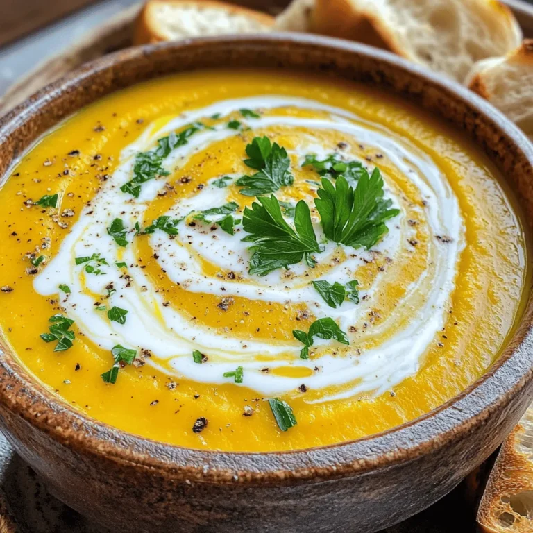 To make roasted butternut squash soup, gather these simple ingredients: - 1 medium butternut squash, peeled and cubed (approximately 3 cups) - 1 large onion, finely chopped - 3 cloves garlic, minced - 2 tablespoons extra virgin olive oil - 4 cups low-sodium vegetable broth - 1 teaspoon ground cumin - 1/2 teaspoon smoked paprika - Salt and freshly ground black pepper, to taste - 1/2 cup coconut milk (for a vegan option) or heavy cream (for a non-dairy alternative) - Fresh parsley or cilantro, chopped, for garnish If you need to make changes, here are some swaps: - Butternut Squash: You can use pumpkin or sweet potatoes instead. - Olive Oil: Avocado oil or melted coconut oil works well too. - Vegetable Broth: Chicken broth can be used for extra flavor. - Coconut Milk: Use almond milk or cream for a lighter version. - Spices: Try curry powder instead of cumin for a different taste. When making soup, having some staples on hand helps. Here’s what you should keep in your pantry: - Onions: They add sweetness and depth to any soup. - Garlic: Fresh garlic boosts flavor and aroma. - Broth: Always keep vegetable or chicken broth for a solid base. - Spices: Cumin, paprika, and pepper can change the soup game. - Oils: Olive oil or any cooking oil helps with sautéing. These ingredients and tips will help you create a warm, comforting bowl of roasted butternut squash soup. For the full recipe, refer to the Cozy Roasted Butternut Squash Soup section above. To start, you need to peel and cube your butternut squash. Aim for about three cups of cubes. This will make the squash cook evenly. Once cubed, place the squash in a bowl. Drizzle two tablespoons of olive oil over it. Add salt and pepper to taste. Toss well to coat each piece. This simple step will help the squash roast perfectly. While the squash roasts, it's time to cook the aromatics. Heat one tablespoon of olive oil in a large pot over medium heat. Add one finely chopped onion. Sauté for about five to seven minutes. You want the onions to be soft and translucent. Next, add three minced garlic cloves, one teaspoon of ground cumin, and half a teaspoon of smoked paprika. Stir everything for one minute. This will release the lovely aromas and flavors. After roasting, add the squash to the pot with the onions and garlic. Pour in four cups of low-sodium vegetable broth. Stir to combine everything well. Increase the heat slightly and let it simmer uncovered for about ten minutes. This helps the flavors meld together. Once done, remove the pot from heat. Use an immersion blender to puree the soup until smooth. If you don’t have one, carefully transfer batches to a standard blender. Stir in half a cup of coconut milk for creaminess. Taste and adjust the seasoning if needed. If the soup is too thick, add more broth or water until it reaches your desired consistency. Your soup is now ready to enjoy! For the full recipe, check out Cozy Roasted Butternut Squash Soup. To get the best flavor from your butternut squash, start with the right temperature. Roasting at 425°F (220°C) helps caramelize the squash, which adds sweetness. - Cut Uniformly: Make sure to cut the squash into even pieces. This helps them cook at the same rate. - Use Enough Oil: Drizzle enough olive oil to coat each piece. This keeps them from drying out. - Don't Overcrowd the Pan: Use a large baking sheet. Spacing the pieces allows them to brown well. For a creamy soup, the blending step is key. Once your squash is roasted, follow these tips. - Use an Immersion Blender: This tool lets you blend the soup right in the pot. It’s quick and easy. - Add Cream or Coconut Milk: Stir in coconut milk or heavy cream. This adds richness and smoothness. - Adjust Consistency: If the soup is too thick, add more broth. Keep it creamy but not too runny. Presentation makes your soup even more inviting. Here are some ideas to serve it. - Warm Bowls: Start by warming your bowls. This keeps the soup hot longer. - Garnish Smartly: Add a swirl of coconut milk on top. Sprinkle fresh parsley or cilantro for color. - Pair with Bread: Serve with crusty bread or croutons. They add crunch and balance the soup’s creaminess. Follow these tips, and you will enjoy a delicious bowl of roasted butternut squash soup. For the full recipe, check out Cozy Roasted Butternut Squash Soup. {{image_4}} You can easily make this soup vegan and dairy-free. Simply use coconut milk instead of heavy cream. The creaminess from the coconut milk adds richness without dairy. You can also skip the cream and adjust the broth for a lighter soup. Use vegetable broth for added depth. This keeps the flavors bright and fresh, perfect for any meal. Want to make the soup heartier? Add protein! You can mix in cooked lentils or chickpeas. Both options are healthy and tasty. If you prefer meat, try adding shredded chicken or turkey. Just stir the protein in after blending the soup. This simple step turns your soup into a full meal. You can elevate the flavor of your soup with spices. Try adding a pinch of nutmeg or cinnamon for warmth. Red pepper flakes can add a nice kick. Fresh herbs like thyme or sage also work well. Just sprinkle them in while cooking. These small changes can make a big difference in taste. For more flavor ideas, check out the Full Recipe for tips on spices and herbs. You can store leftover soup in an airtight container. Let the soup cool first. Then, cover it tightly and place it in the fridge. It stays fresh for up to four days. If you want to keep it longer, freezing is a great option. To reheat the soup, pour it into a pot. Heat it over medium-low heat. Stir often to avoid burning. You can also use the microwave. Place the soup in a microwave-safe bowl and cover it. Heat in short bursts, stirring in between, until warm. To freeze the soup, let it cool completely. Then, pour it into freezer-safe bags or containers. Leave some space for expansion. It keeps well for up to three months. When you’re ready to enjoy it, let it thaw in the fridge overnight. Then, reheat as needed. For the full recipe, check out Cozy Roasted Butternut Squash Soup. Yes, you can use frozen butternut squash. It is a great time-saver. Just make sure to thaw it before roasting. If you skip this step, your soup may turn out watery. You can add it straight to the pot with the onions and garlic. Cook it a bit longer to ensure it's tender. To add some heat, try these options: - Add a pinch of cayenne pepper. - Stir in some diced jalapeños. - Use a spicy chili powder. These will give your soup a nice kick without overpowering the flavors. Absolutely! You can blend the soup a day in advance. Just store it in the fridge. When you are ready to serve, gently reheat it on the stove. If it thickens too much, add a splash of vegetable broth. Your soup will still taste fresh and delicious. For the full recipe, check out the Cozy Roasted Butternut Squash Soup section. In this post, I shared how to make delicious roasted butternut squash soup. We discussed the best ingredients, substitutes, and pantry staples. I detailed simple steps to prep, cook, and blend your soup. You learned tips for roasting and achieving that creamy texture. We also explored variations, storage info, and answered common questions. Now, you have all the tools to create this tasty dish. Enjoy experimenting with flavors and serving it to loved ones. Happy cooking!
