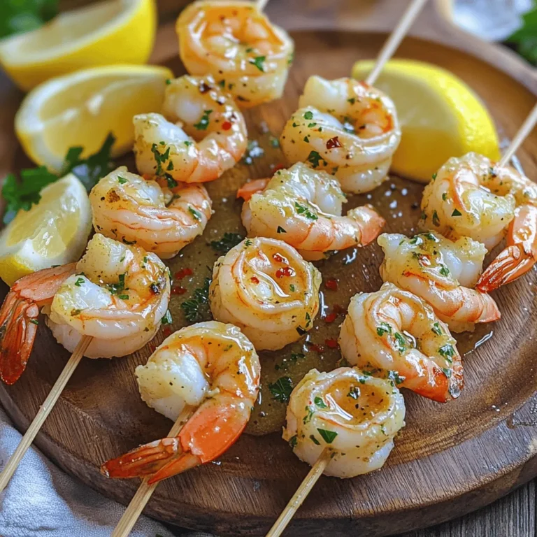 To make Garlic Butter Shrimp Skewers, you'll need: - 1 pound large shrimp, peeled and deveined - 4 tablespoons unsalted butter - 4 cloves garlic, minced - 1 teaspoon red pepper flakes (adjust based on desired spiciness) - 1 tablespoon fresh parsley, finely chopped - 1 tablespoon freshly squeezed lemon juice - Salt and pepper to taste - 1 teaspoon smoked paprika - Skewers (either wooden, soaked, or metal) When choosing shrimp, fresh is often best. Look for shrimp that smell like the ocean, not fishy. The shells should be shiny and clean. If fresh shrimp isn’t available, frozen shrimp is a great option. Frozen shrimp can be just as good if they are properly handled. - Check for a firm texture. - Avoid shrimp that are mushy or have black spots. - If buying frozen, look for shrimp with no added ingredients. Using quality ingredients makes a big difference. For butter, I recommend brands like Kerrygold or Plugrá. They offer rich flavor that enhances the dish. For spices, consider McCormick or Penzeys. They have high-quality spices that bring out the best in your garlic butter. Using fresh herbs, like parsley, also boosts the flavor. Look for herbs that are bright and fragrant. This ensures your Garlic Butter Shrimp Skewers taste amazing! For the full recipe, check out the complete instructions above. Start by gathering your ingredients. If you use wooden skewers, soak them in water for at least 30 minutes. This step stops them from burning. While they soak, you can mince the garlic. Use a sharp knife to chop the garlic finely. The smaller the pieces, the better the flavor will blend. Next, melt 4 tablespoons of unsalted butter in a medium saucepan over medium heat. As it melts, add the minced garlic and red pepper flakes. Stir it often for about 1-2 minutes. Watch closely; you want the garlic fragrant but not browned. Once ready, remove the pan from heat. Add 1 tablespoon of lemon juice and chopped parsley. Then season with salt, pepper, and smoked paprika to taste. Mix well to create a rich garlic butter flavor. Now, it’s time to grill! Add the shrimp to a large bowl. Pour half of the garlic butter mixture over them. Toss gently to coat each shrimp. Thread 4-5 shrimp onto each skewer. Preheat your grill or grill pan over medium-high heat. Lightly grease the grill with oil. This helps prevent sticking. Place the skewers on the grill. Cook for about 2-3 minutes on each side. You’ll know they are done when the shrimp turn pink and opaque. Brush on some of the reserved garlic butter mixture while grilling for extra flavor. Once cooked, drizzle any remaining garlic butter over the skewers before serving. This dish is ready to impress! For the full recipe, check out the section above. To make perfect shrimp skewers, focus on time and heat. Grill the shrimp for about 2-3 minutes on each side. Use medium-high heat to get a nice sear. If your grill is too hot, the shrimp may cook too fast and become tough. Always keep an eye on them. One common mistake is not soaking wooden skewers. Soak them for at least 30 minutes. This stops them from burning. Another mistake is overcooking the shrimp. They should be pink and opaque when done. If they curl too much, they may be overcooked. Lastly, don’t forget to brush on more garlic butter while grilling. It boosts the flavor! You can easily enhance the flavor of your shrimp skewers. Add fresh herbs like basil or cilantro for a burst of freshness. Consider using spices like cumin or coriander for a warm twist. A dash of lemon zest can also brighten the dish. Feel free to play around with flavors to find your favorite mix. For a detailed recipe, check out the [Full Recipe]. {{image_4}} You can swap shrimp for other proteins. Chicken is a great choice. Use boneless, skinless chicken breast. Cut it into bite-sized pieces. Just marinate it in the same garlic butter mix. You can also use fish. Salmon or swordfish work well. They add a rich flavor. Follow the same steps for grilling. Adding veggies to your skewers makes a full meal. Bell peppers, zucchini, and cherry tomatoes are perfect. They add color and crunch. Cut all veggies into similar sizes. This way, they cook evenly with the shrimp. Thread them onto the skewers with the shrimp. This adds a tasty twist to your dish. You can change up the flavors easily. For a spicy kick, add more red pepper flakes. If you love herbs, try fresh basil or thyme. Mix these herbs into the garlic butter. For a citrus twist, add lime juice instead of lemon. You can even add zest from the citrus fruits. This will bring a fresh taste to your skewers. Enjoy experimenting with different flavors from the Full Recipe! Store leftover shrimp skewers in an airtight container. Let them cool to room temperature first. Place a piece of parchment paper between layers to avoid sticking. Keep them in the fridge for up to three days. To reheat, gently warm the skewers in a skillet over low heat. Add a little butter or oil to keep them moist. Heat for about 3-5 minutes until warm. You can also use a microwave, but be careful not to overcook. Heat for 30 seconds at a time, checking often. If you want to freeze shrimp skewers, first wrap them tightly in plastic wrap. Then, place them in a freezer bag. Remove as much air as possible. They can last up to three months in the freezer. When ready to eat, thaw in the fridge overnight before reheating. For the full recipe, check out the details above. Enjoy your garlic butter shrimp skewers! The best skewers for grilling shrimp are metal or soaked wooden skewers. Metal skewers handle high heat well and are reusable. Soaking wooden skewers for at least 30 minutes prevents them from burning. Both types work great for Garlic Butter Shrimp Skewers. Shrimp are fully cooked when they turn pink and opaque. They also curl into a "C" shape. If they look gray or have a rubbery texture, they need more time. For the best results, grill shrimp for about 2-3 minutes on each side. Yes, you can prepare Garlic Butter Shrimp Skewers ahead of time. Marinate the shrimp in the garlic butter mixture and store them in the fridge. They can stay fresh for up to 24 hours. Just grill them right before serving for the best taste. To sum up, this guide covered Garlic Butter Shrimp Skewers in detail. We explored key ingredients, cooking steps, and tips for the perfect dish. Remember, choosing good shrimp and seasoning well makes a difference. Enjoy grilling with variations like chicken or veggies to switch things up. Proper storage ensures your leftovers stay tasty. Follow these steps for delicious results every time. Your journey to perfect skewers starts here—enjoy every bite you take!