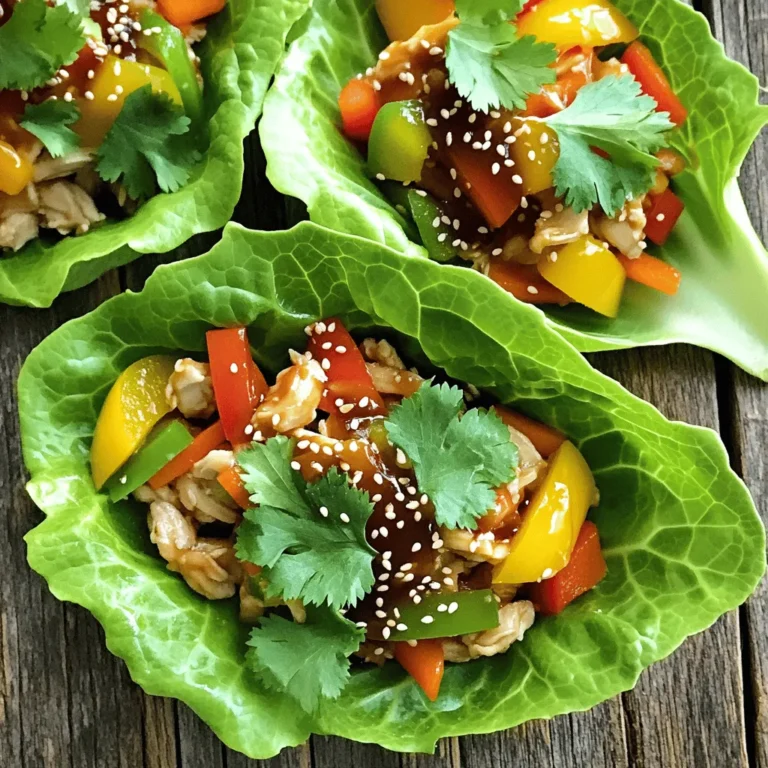 To make teriyaki chicken lettuce wraps, you need a few key ingredients. These create the rich flavors and fresh textures. Here’s what you’ll need: - 1 lb (450g) boneless, skinless chicken breast, finely diced - 1 tablespoon canola oil - 1/2 cup bell pepper, finely chopped (choose red or yellow for sweetness) - 1/2 cup carrot, grated (for a touch of crunch) - 3 green onions, beautifully sliced - 2 cloves garlic, minced (for aromatic depth) - 1/4 cup low-sodium soy sauce (to control saltiness) - 2 tablespoons honey (for a hint of natural sweetness) - 1 tablespoon rice vinegar (to balance flavors) - 1 teaspoon sesame oil (for a nutty aroma) - 1 teaspoon fresh ginger, grated (adds a zesty kick) - 1 head of butter lettuce or iceberg lettuce, with leaves gently separated These ingredients come together to create a joyful, tasty meal. Garnishes can elevate your dish. While not required, they add flair and flavor. Here are some great options: - Sesame seeds (for garnish, optional but recommended) - Fresh cilantro or parsley, for garnish (optional) Adding these garnishes can make your wraps look and taste even better. Lettuce is key for wraps. It holds the filling perfectly. Here are tips to choose the best lettuce: - Look for crisp, fresh leaves. Avoid any wilting or browning. - Butter lettuce has a soft, pliable texture, perfect for wrapping. - Iceberg lettuce offers a nice crunch but can be thicker. Choose what you like best for your teriyaki chicken lettuce wraps. To start, gather your ingredients. You need: - 1 lb boneless, skinless chicken breast, finely diced - 1 tablespoon canola oil - 1/2 cup bell pepper, finely chopped - 1/2 cup carrot, grated - 3 green onions, beautifully sliced - 2 cloves garlic, minced - 1/4 cup low-sodium soy sauce - 2 tablespoons honey - 1 tablespoon rice vinegar - 1 teaspoon sesame oil - 1 teaspoon fresh ginger, grated - 1 head of butter or iceberg lettuce, leaves separated - Sesame seeds and fresh herbs for garnish Make sure your chicken is chopped small. This helps it cook evenly. Chop the bell pepper finely for sweetness and color. Grate the carrot for crunch. Slice the green onions thin. Mince the garlic and grate the ginger to release their flavors. Heat the canola oil in a large skillet over medium heat. Wait until the oil shimmers. Add the diced chicken and cook it for 5-7 minutes. Stir often until the chicken is brown and fully cooked. Then, add the minced garlic, grated ginger, and chopped bell pepper. Sauté this mixture for 2-3 minutes. The bell pepper should soften and blend with the chicken. In a small bowl, whisk together the soy sauce, honey, rice vinegar, and sesame oil. When well combined, pour this sauce into the skillet. Now, gently fold in the grated carrots and sliced green onions. Cook for another 2-3 minutes. This helps the sauce coat everything and thicken slightly. Remove the skillet from heat. Let the teriyaki chicken cool for a few minutes. This resting time allows the flavors to meld beautifully. To serve, take a lettuce leaf and place a generous spoonful of the teriyaki chicken mixture in the center. This creates your wrap. For added flavor, sprinkle sesame seeds and fresh herbs on top. Serve the wraps right away. Encourage everyone to wrap them up and enjoy the fresh, vibrant flavors. For the full details on making this dish, check out the Full Recipe. For juicy chicken, choose fresh chicken breast. Cut it into small, even pieces. This helps it cook evenly. Heat your skillet before adding oil. Use medium heat to avoid burning. Stir the chicken often. This keeps it from sticking and ensures even cooking. Add garlic and ginger early. This builds a great flavor base. Cook until the chicken is completely brown and firm. To wrap your lettuce, use large, whole leaves. Butter or iceberg lettuce works best. Place a spoonful of chicken in the center. Fold the sides in first, then roll it up. This keeps the filling secure. Make sure the wrap is tight but not too tight. You want it to hold together without falling apart. Arrange your wraps on a platter. Add extra garnishes like sesame seeds for a beautiful look. You can change the flavor of your wraps easily. Add extra veggies like cucumbers or radishes. They give a nice crunch. For a spicy kick, include sliced jalapeños or sriracha sauce. If you like nuts, add chopped peanuts or cashews. You can also switch the protein. Try ground turkey or tofu for a new taste. Mix and match to find your favorite flavor combo. For the complete recipe, check out the [Full Recipe]. {{image_4}} You can switch up the protein in your wraps. If you like beef, use ground beef or diced steak. For a lighter choice, try shrimp or fish, like salmon. If you prefer turkey, ground turkey works well too. Each protein brings its own flavor and texture. Just adjust the cooking time to ensure everything cooks through. To make these wraps vegetarian or vegan, use tofu or tempeh. Both options absorb flavors well. Press and cube the tofu before cooking to remove extra moisture. For a tasty twist, you can use cooked lentils or chickpeas. These options give a hearty bite while keeping your meal plant-based. Add fun flavors to your wraps! You can mix in crushed peanuts or cashews for crunch. Fresh herbs like basil or mint can add a fresh taste. Spice lovers may enjoy a dash of sriracha or chili flakes for heat. You can also add diced pineapple or mango for a sweet twist. These enhancements make your wraps even more exciting! For the complete recipe, check the [Full Recipe]. After enjoying your teriyaki chicken lettuce wraps, you may have leftovers. To store them, place the wraps in an airtight container. Keep the chicken mixture and lettuce leaves separate. This helps keep the lettuce crisp and fresh. Store in the fridge for up to three days. When you're ready to enjoy your leftovers, simply reheat the chicken mixture. Use a skillet over medium heat. Stir until heated through, about 5 minutes. Avoid microwaving the lettuce, as it may become soggy. Assemble the wraps just before eating for the best taste. Meal prepping makes weeknight cooking easy. You can prepare the chicken mixture ahead and store it in the fridge. Use the Full Recipe to guide your prep. To save time, chop vegetables on the weekend. This way, you have everything ready to go when you need a quick dinner. Enjoy your healthy wraps any night! To make the sauce, start with low-sodium soy sauce for a savory base. Add honey for sweetness and rice vinegar for a tangy kick. Then, mix in sesame oil for a nutty aroma. Combine these in a bowl and whisk until smooth. This sauce balances flavors, making your wraps burst with taste. Yes, you can make this dish ahead of time. Prepare the teriyaki chicken mixture and store it in an airtight container. Keep it in the fridge for up to three days. When ready to eat, reheat the mixture in a skillet over medium heat. Serve it with fresh lettuce leaves for a quick meal. Pair your lettuce wraps with some light side dishes. Here are a few great options: - Steamed jasmine rice for a filling side. - Edamame sprinkled with sea salt for a healthy snack. - A simple cucumber salad for a refreshing crunch. - Miso soup for warmth and depth. These sides complement the flavors of the wraps beautifully. For the full recipe, check out [Full Recipe]. Teriyaki chicken lettuce wraps are fun and tasty. We covered key ingredients, cooking steps, and tips to make them juicy. You learned how to customize and store your wraps for busy nights. This dish fits many diets with easy variations and great sides. Enjoy trying new flavors and sharing with friends. You now have all the tools to create delicious wraps that anyone can love. Keep experimenting and have fun in the kitchen!