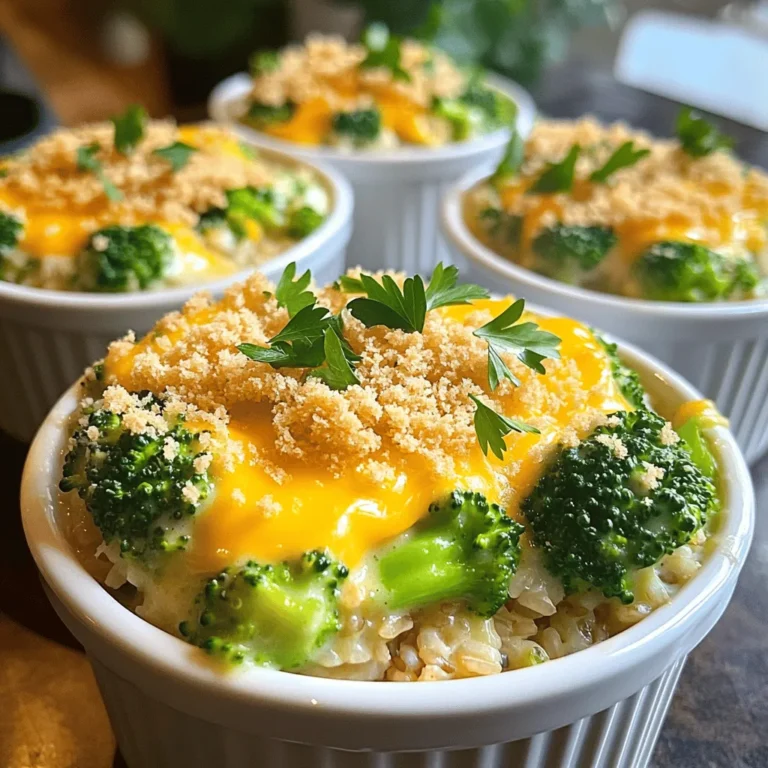- 2 cups cooked brown rice - 2 cups broccoli florets - 1 cup sharp cheddar cheese, grated - 1 cup cream of mushroom soup - 1/2 cup milk - Spices: garlic powder, onion powder, black pepper, salt - Topping: breadcrumbs, olive oil, grated Parmesan cheese This recipe for Cheesy Broccoli and Rice Casserole is simple and fun! You have your main ingredients like brown rice and broccoli. These two combine to give a nice base. The sharp cheddar cheese adds a rich flavor. Cream of mushroom soup ties everything together, making each bite creamy and delicious. For the additional ingredients, don’t forget the milk. It helps keep the casserole moist. The spices like garlic and onion powder bring out the flavors. A little black pepper and salt balance everything perfectly. Then, you get to add a crunchy topping. Mix breadcrumbs with olive oil and Parmesan cheese. This gives a lovely crunch on top. I love how this dish is comforting and easy to make. You can find the full recipe to guide you through. Enjoy crafting this delightful dish! - Preheat oven to 350°F (175°C). - Grease the baking dish with olive oil. - Combine cooked rice, broccoli, cheese, soup, and milk in a bowl. - Season the mixture with spices and mix well. - Pour the mixture into the greased dish. - Prepare the breadcrumb topping and spread it evenly on top. - Bake for 25-30 minutes until bubbly and golden. - Allow to cool for 5 minutes before serving. This recipe is simple and rewarding. You can follow these steps easily and enjoy a tasty dish. The Cheesy Broccoli and Rice Casserole stands out as a comforting meal. For the full recipe, check out the details above. - Use freshly cooked brown rice for best results. - Experiment with varying cheese types for different flavors. When I make Cheesy Broccoli and Rice Casserole, I always start with fresh brown rice. It makes a big difference in texture. Soft, fluffy rice blends well with the cheese and broccoli. If you want a twist, try mixing cheeses. Cheddar gives a sharp taste, but mozzarella or gouda can add creaminess. Each cheese brings its own flair. - Add sautéed onions or bell peppers to the mixture. - Consider adding a pinch of cayenne pepper for heat. For added flavor, I love to sauté some onions or bell peppers before adding them to the mix. This simple step brings out their sweetness and adds depth. If you like some heat, try a pinch of cayenne pepper. It gives a nice kick without being too spicy. Experimenting with these flavors can elevate your casserole to new heights. - Serve in individual ramekins for elegance. - Garnish with fresh parsley before serving. Presentation matters! I often serve this dish in individual ramekins. It looks fancy and makes serving easy. For a pop of color, sprinkle fresh parsley on top before serving. This not only adds visual appeal but also a fresh taste. Your guests will love the effort you put into both flavor and presentation. {{image_4}} You can amp up the protein in your casserole. Simply add cooked chicken or turkey. This makes the dish heartier. You can also add crispy bacon bits. The smoky flavor of bacon really brings it to life. If you want a vegetarian twist, swap out the cream of mushroom soup. You can make a homemade version with simple ingredients. Also, feel free to mix in different veggies like spinach or peas. These choices add color and nutrients to your meal. For a gluten-free dish, use gluten-free breadcrumbs. This keeps the crunch without the gluten. You can also replace the cream of mushroom soup with a gluten-free kind. This way, everyone can enjoy this tasty casserole. For the full recipe, check out the Cheesy Broccoli Rice Delight. Store leftovers in an airtight container for up to 3 days. This keeps the dish fresh. When you are ready to enjoy it again, reheat in the oven for best texture results. The oven makes it warm and crispy, just like when you first baked it. You can freeze this casserole in portions for up to 2 months. Make sure to wrap it well to avoid freezer burn. When you're ready to eat, thaw overnight in the refrigerator. This way, it will be ready to reheat and enjoy without losing its great flavor. Yes, brown rice adds a nutty flavor and additional nutrients. Brown rice takes longer to cook, but it gives a nice texture. You can use it in this casserole for a healthy twist. Substitute dairy cheese with a vegan cheese alternative and use plant-based milk. Many brands offer great vegan cheese that melts well. Use coconut or almond milk for a creamy base. Absolutely! This casserole holds up well and can be easily portioned for meal prep. You can make it ahead and store it in the fridge. Just heat it up when you are ready to eat. The edges should be bubbling and the top should be golden brown. If it looks crispy on top, it’s ready! You can also insert a knife in the center. It should come out clean. Reheat in the oven at 350°F until warm, for optimal texture. This keeps the top crunchy. If you’re short on time, you can use the microwave but the texture may change. Experiment with mozzarella, gouda, or a blend of your favorites for different flavor profiles. Mixing cheeses can create a richer taste. Don’t be afraid to get creative with your cheese choices! This casserole offers delicious layers of flavor and texture. We combined brown rice, broccoli, and cheese for a hearty dish. Baking it creates a bubbly texture that's hard to resist. You can add protein or veggies for more twists. Plus, it’s great for meal prep and leftovers. Enjoy this easy recipe, knowing you can customize it endlessly. Satisfy your cravings today!