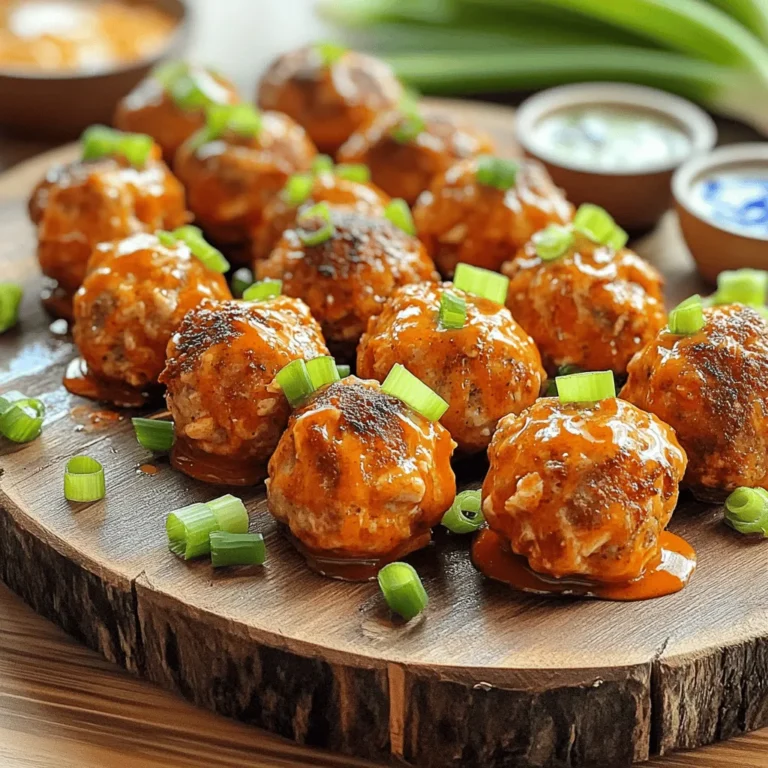 To make these tasty buffalo chicken meatballs, you'll need: - 1 pound ground chicken - 1/2 cup breadcrumbs - 1/4 cup grated Parmesan cheese - 1/4 cup buffalo sauce (plus extra for serving) - 1/4 cup finely chopped green onions - 1 large egg - 1 teaspoon garlic powder - 1 teaspoon onion powder - 1/2 teaspoon salt - 1/2 teaspoon black pepper These ingredients blend to create a juicy, flavorful bite. The ground chicken keeps the meatballs light. Breadcrumbs help hold them together. Finally, the buffalo sauce brings that spicy kick. If you want more depth, consider adding: - 1/4 teaspoon cayenne pepper for added heat This optional ingredient can spice things up. Adjust it based on your taste. To make the process easy, gather these tools: - Baking sheet - Parchment paper - Mixing bowl - Measuring cups and spoons - Spoon or spatula - Oven thermometer Having the right tools makes cooking smoother. A baking sheet lined with parchment paper helps with cleanup. A mixing bowl is key for combining all your ingredients. Check out the Full Recipe for detailed steps and tips. Enjoy your cooking! First, preheat your oven to 400°F (200°C). This step is key for cooking the meatballs evenly. Next, line a baking sheet with parchment paper. This prevents sticking and makes cleanup easy. In a large mixing bowl, combine the following ingredients: - 1 pound ground chicken - 1/2 cup breadcrumbs - 1/4 cup grated Parmesan cheese - 1/4 cup buffalo sauce - 1/4 cup finely chopped green onions - 1 large egg - 1 teaspoon garlic powder - 1 teaspoon onion powder - 1/2 teaspoon salt - 1/2 teaspoon black pepper - Optional: 1/4 teaspoon cayenne pepper Use your hands or a spatula to mix the ingredients. Be gentle and mix until just combined. Overmixing can make the meatballs tough. With slightly damp hands, shape the mixture into meatballs. Aim for each meatball to be about 1.5 inches wide. Place them on the prepared baking sheet. Make sure to leave some space between each meatball. This helps them cook through evenly. Bake the meatballs for 20 to 25 minutes. They should be fully cooked and golden brown. Use a meat thermometer to check. The internal temperature should reach 165°F (74°C). After baking, brush the meatballs with more buffalo sauce. This adds extra flavor! Serve them hot with your favorite dipping sauces. Enjoy this tasty dish! To keep your meatballs moist, do not overmix the ingredients. Mix until just combined. Use ground chicken with some fat for better flavor and moisture. Adding breadcrumbs helps too. It absorbs moisture during cooking. You can also add a bit more buffalo sauce for extra juiciness. Buffalo chicken meatballs shine when served with creamy ranch or tangy blue cheese dressing. These dips cool the heat and enhance the flavor. You can serve them as appetizers or a main dish. Pair them with crisp veggies like carrots and celery for crunch. For a fun twist, try them on sliders with lettuce and tomato. For a great look, arrange the meatballs on a nice platter. Drizzle more buffalo sauce over the top for color. Sprinkle freshly chopped green onions for a pop of green. Add small bowls of dips on the side. This not only looks good but also makes it easy for guests to serve themselves. Check out the Full Recipe for more details on making these tasty meatballs! {{image_4}} You can change the flavor of your buffalo chicken meatballs easily. Try different sauces to mix things up. For a sweeter taste, add honey to your buffalo sauce. If you like a smoky flavor, use smoked paprika. You can also mix in some sriracha for a spicy twist. Want to try a different sauce? Use teriyaki or barbecue sauce instead. These options can create a fun fusion dish. Don't be afraid to experiment with spices. Adding herbs like oregano or thyme can bring new life to the meatballs. Making gluten-friendly buffalo chicken meatballs is simple. Just swap out the breadcrumbs for crushed gluten-free crackers or ground oats. This keeps your meatballs tasty while being gluten-free. For a low-carb version, use almond flour instead of breadcrumbs. You can also skip the breadcrumbs altogether for a meatball that is lower in carbs. This change will still give you a great texture. Buffalo chicken meatballs make a great main dish. Serve them with healthy sides for a balanced meal. Fresh veggies like carrots and celery pair nicely. You can also add a salad for a refreshing touch. For something warm, consider mashed potatoes or rice. These sides soak up any extra sauce. If you want a quick meal, serve them in a sandwich. Just place the meatballs in a bun with some sauce and lettuce. Need a full recipe? Check out the complete guide for buffalo chicken meatballs! After enjoying your buffalo chicken meatballs, store the leftovers in an airtight container. Let the meatballs cool to room temperature before sealing them. This keeps them fresh in the fridge for up to three days. If you want to save them longer, freezing is a great option. To freeze your buffalo chicken meatballs, first, let them cool completely. Arrange the meatballs in a single layer on a baking sheet. Freeze them for about an hour until firm. Then, transfer the meatballs to a freezer-safe bag. This method prevents them from sticking together. You can store them in the freezer for up to three months. When you’re ready to enjoy them, just thaw overnight in the fridge. Reheating your buffalo chicken meatballs is simple. The oven is the best method. Preheat the oven to 350°F (175°C). Place the meatballs on a baking sheet and cover them with foil. Heat for about 15-20 minutes, or until warmed through. You can also microwave them. Place a few meatballs on a microwave-safe plate and cover with a damp paper towel. Heat in 30-second intervals until hot. For a tasty touch, brush them with extra buffalo sauce before serving. Enjoy your flavorful meal! You can tell the meatballs are done when they reach 165°F (74°C). Use a meat thermometer to check. The outside should look golden brown. If you cut one open, the inside should not be pink. Watching for these signs helps ensure your meatballs are safe to eat. Yes, you can make the meatballs ahead of time. Prepare them and place them in the fridge for up to 24 hours. When ready, bake them as directed. You can also freeze the raw meatballs for later. Just thaw and cook when you are ready to enjoy them. Buffalo chicken meatballs pair well with many sides. Consider serving them with: - Creamy ranch dressing - Tangy blue cheese dressing - Celery sticks - Carrot sticks - Fresh salad These sides balance the spicy flavor of the meatballs. For a heartier meal, serve them with rice or pasta. For the full recipe, refer back to the main article. You now know how to make tasty Buffalo Chicken Meatballs. We covered key ingredients, helpful tips, and tasty variations. With the right techniques, you can avoid dry meatballs and impress at any meal. Don't hesitate to experiment with sauces or sides to make the dish your own. Remember to store leftovers well for later enjoyment. Now, get in the kitchen and create some delicious meatballs that everyone will love!
