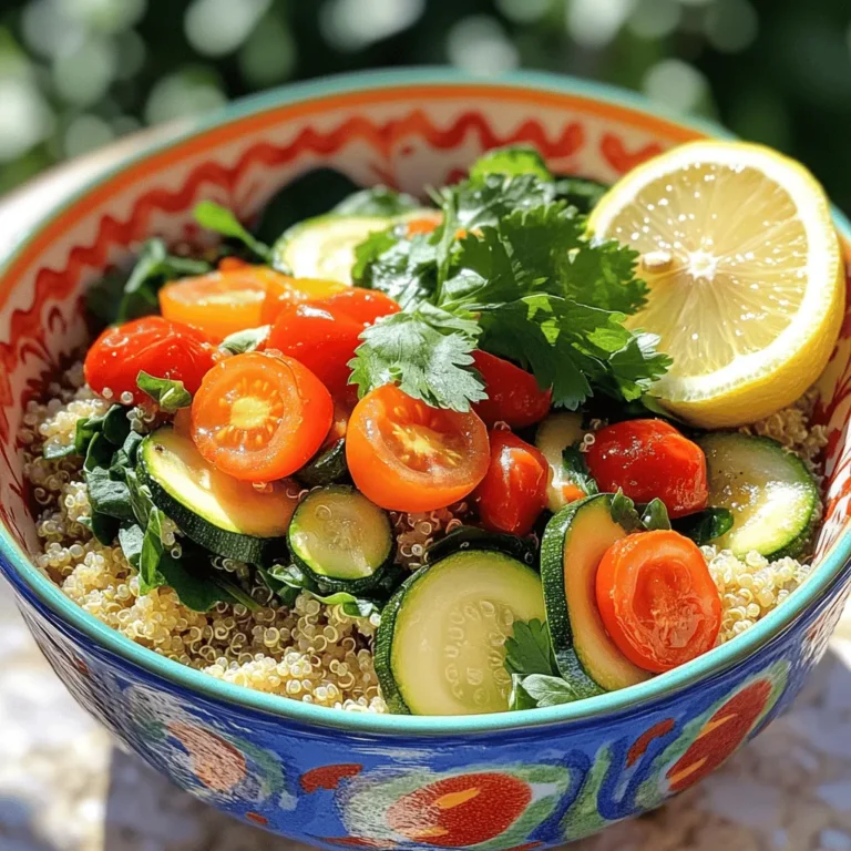 To make a tasty Savory Quinoa and Veggie Bowl, gather these key ingredients: - 1 cup quinoa, thoroughly rinsed - 2 cups vegetable broth (or water) - 1 cup cherry tomatoes, halved - 1 medium zucchini, diced - 1 large red bell pepper, diced - 1 cup baby spinach, loosely packed - 1/2 cup canned black beans, drained and rinsed - 1/4 cup red onion, finely chopped - 2 cloves garlic, minced - 1 teaspoon ground cumin - 1 teaspoon smoked paprika - Salt and freshly ground black pepper to taste - 2 tablespoons extra virgin olive oil These ingredients come together to create a rich and hearty meal. Quinoa is the base and adds protein and fiber. The veggies add color and nutrition. You can take your bowl to the next level with these optional garnishes: - Fresh cilantro or parsley, chopped - A wedge of lemon Fresh herbs give a nice pop of flavor. A lemon wedge adds brightness. Don't skip these; they make a big difference. Each ingredient in this bowl offers health benefits that are hard to ignore: - Quinoa: Packed with protein and fiber, it helps you feel full longer. - Spinach: Rich in vitamins A and C, it supports your immune system. - Bell Peppers: High in vitamin C, they help keep your skin healthy. - Black Beans: A great source of protein and iron, they fuel your body. - Olive Oil: Contains healthy fats that support heart health. Choosing fresh, whole ingredients makes your meal not only delicious but also good for you. For the full recipe, check out the Nourishing Quinoa Veggie Bowl 🥗. To cook quinoa just right, start with a medium pot. Bring 2 cups of vegetable broth to a boil. Add 1 cup of rinsed quinoa to the boiling broth. Stir it gently, then cover the pot. Lower the heat and let it simmer for about 15 minutes. You will know it’s done when all the liquid is gone. Fluff the quinoa with a fork to separate the grains. This will give it a nice texture. While the quinoa cooks, grab a large skillet. Heat 2 tablespoons of olive oil over medium heat. Add 1/4 cup of finely chopped red onion and sauté for 2-3 minutes. You want it translucent and fragrant. Next, add 2 cloves of minced garlic, 1 teaspoon of ground cumin, and 1 teaspoon of smoked paprika. Stir for 1 minute to wake up those spices. Now, toss in 1 medium diced zucchini and 1 diced red bell pepper. Cook these for 5-7 minutes. The veggies should be tender but still crisp. Now it’s time to bring it all together. Add 1 cup of halved cherry tomatoes, 1 cup of baby spinach, and 1/2 cup of drained black beans to the skillet. Stir gently and cook for another 3-4 minutes. You want the spinach to wilt and the tomatoes to soften a bit. Don’t forget to season with salt and pepper to taste. When ready to serve, create a base with the fluffy quinoa in bowls. Top it with your vibrant veggie mix. For a final touch, sprinkle fresh cilantro or parsley on top. This meal is not just healthy; it’s a feast for the eyes! For the complete recipe, check out the Full Recipe. When cooking quinoa, rinsing the grains is key. This removes the bitter coating called saponin. Not rinsing can lead to an off taste. Use the right water ratio; two cups of water for one cup of quinoa works well. Also, avoid lifting the lid while it cooks. This helps the quinoa steam properly. Spices can take your quinoa bowl from bland to grand. Ground cumin adds warmth and depth. Smoked paprika gives a nice, smoky flavor. You can also try adding a pinch of cayenne for heat. Always taste as you go. Adjust salt and pepper to suit your liking. Chop vegetables evenly for even cooking. Dice zucchini and bell peppers into similar sizes. This helps them cook at the same rate. Sauté onions and garlic first to build flavor. Add sturdier vegetables like zucchini next, as they take longer to cook. Finish with delicate greens like spinach to keep them vibrant. For more tips, check the Full Recipe for a delicious and simple dish you can enjoy! {{image_4}} You can make your quinoa bowl more filling by adding protein. Here are some great options: - Grilled chicken or turkey - Shrimp, sautéed or grilled - Tofu, cubed and pan-fried - Chickpeas, roasted for extra crunch - Hard-boiled eggs, sliced or chopped These proteins not only boost flavor but also add nutrients. For a great taste, season your protein with salt, pepper, or your favorite spices. Mixing up your veggies keeps things exciting. Here are some tasty swaps: - Broccoli or cauliflower for a crunchy texture - Carrots, shredded or diced, for sweetness - Asparagus, chopped and sautéed, for a fresh bite - Sweet potatoes, roasted for a hearty flavor - Kale, for added nutrients and a great color Feel free to use seasonal vegetables for the best taste. You can even roast some veggies for a deeper flavor. The right dressing can elevate your bowl. Here are some ideas: - Lemon juice and olive oil for a fresh taste - Balsamic vinegar for a sweet tang - Tahini dressing for a creamy texture - Salsa for a zesty kick - Hot sauce for a spicy twist These sauces can change the vibe of your dish. Experiment to find what you love! For the full recipe, check out the complete guide. To keep your savory quinoa and veggie bowl fresh, store leftovers in an airtight container. Place the container in the fridge within two hours of cooking. Your bowl will stay good for about three to four days. Make sure to separate the quinoa and veggies if you want to keep the texture nice. When you are ready to eat, reheating is simple. You can use the stove or microwave. For the stove, warm a skillet over medium heat. Add a splash of water to keep it moist. Stir gently until heated through. If using a microwave, place your bowl in and heat for about 1-2 minutes, stirring halfway. Always check the temperature before eating. Meal prep can save you time and stress on busy days. Cook a big batch of quinoa on the weekend. Store it in the fridge or freezer. Chop veggies ahead of time and keep them in containers. You can mix and match different veggies each day for variety. This way, you can whip up your savory quinoa and veggie bowl in just minutes. For more tips, check out the Full Recipe for inspiration! If you cannot find quinoa, you have options. You can use rice, farro, or millet. These grains cook well and provide a nice base. Rice takes longer to cook, while farro adds a nutty flavor. Millet is smaller and cooks quickly, but it has a different texture. Each option gives a tasty twist to the dish. This recipe is already mostly vegan. You just need to check the broth. Use vegetable broth instead of chicken broth. Ensure your canned black beans are vegan too. You can also add more veggies or use tofu for extra protein. This keeps the dish healthy and full of flavor. Yes, you can prepare this dish ahead. Cook the quinoa and store it in the fridge for up to five days. You can also cook the veggies and keep them in a separate container. Just heat everything when you are ready to eat. This makes for a quick meal on busy days. Serve your quinoa bowl with a side salad or some roasted veggies. A fresh green salad adds crunch. Roasted veggies bring out sweet flavors and pair nicely. You can also include a slice of crusty bread or a simple fruit salad. These sides complement the quinoa bowl well. In this post, we explored the savory quinoa and veggie bowl. We covered essential ingredients, cooking steps, and tips for success. You learned about nutritious options and ways to switch up flavors. Remember to store and reheat leftovers smartly. This dish is simple, healthy, and flexible for any meal. With practice, you will create delicious bowls that fit your taste and needs. Enjoy your cooking journey and the many variations you can create!