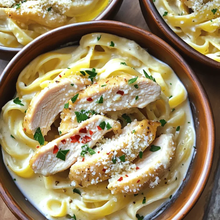 - 2 boneless, skinless chicken breasts, sliced into thin strips - 8 ounces of fettuccine pasta - 4 cloves of garlic, finely minced - 1 cup of heavy cream - 1 teaspoon of Italian seasoning blend - ½ teaspoon of red pepper flakes (optional, for heat) - ½ cup of freshly grated Parmesan cheese - Fresh parsley, finely chopped, for a vibrant garnish - 1 tablespoon of extra virgin olive oil - 1 cup of chicken broth - Salt and freshly cracked black pepper, to taste When I prepare Creamy Garlic Chicken Pasta, I focus on fresh ingredients. The chicken must be juicy, the garlic fragrant, and the cream rich. I love using fettuccine because it holds the sauce well. The heavy cream makes the dish smooth and creamy, while the garlic brings a lovely flavor. For seasoning, I often use an Italian blend. It gives warmth and depth to the dish. The red pepper flakes add a tiny kick, but you can skip them if you want a milder taste. Fresh parsley not only adds color but also a fresh taste. Grated Parmesan cheese is a must for that cheesy goodness. Gathering these ingredients helps me create a quick and tasty meal. It’s all about balance—rich cream, savory garlic, and hearty chicken come together perfectly. If you want to see the full process, check out the Full Recipe. Start with a large pot. Fill it with water and add salt. Bring the water to a rolling boil. Once boiling, add 8 ounces of fettuccine pasta. Cook the pasta for about 8-10 minutes until it is al dente. When it’s done, drain the pasta in a colander. Remember to save about ½ cup of the pasta water for later. Grab a large skillet and place it over medium-high heat. Pour in 1 tablespoon of olive oil and let it warm up. While the oil heats, season 2 sliced chicken breasts with salt and pepper. Add the chicken strips to the hot skillet in a single layer. Cook them for about 5-6 minutes until golden brown and fully cooked. Once cooked, take the chicken out and keep it warm on a plate. In the same skillet, lower the heat to medium. Add 4 cloves of minced garlic and sauté for 1-2 minutes. Keep an eye on the garlic; you don’t want it to burn. After the garlic is fragrant, pour in 1 cup of chicken broth. Let it come to a gentle simmer. Next, stir in 1 cup of heavy cream, 1 teaspoon of Italian seasoning, and red pepper flakes if you like some heat. Allow this mixture to simmer for about 3-4 minutes until it thickens. Now it’s time to combine everything. Add the cooked fettuccine and the chicken back into the skillet. Toss them gently until they are well coated in the creamy sauce. If the sauce seems too thick, slowly add some reserved pasta water until you reach your desired consistency. Finally, sprinkle in ½ cup of grated Parmesan cheese. Stir it until it melts and blends into the sauce. Taste and adjust seasoning with salt and pepper if needed. For the full experience, check the Full Recipe. To make the cream sauce just right, simmering is key. Simmering helps all the flavors blend well. It also thickens the sauce without burning it. Keep the heat low, and stir often. This way, you can avoid garlic burnout. Garlic can turn bitter if cooked too long. Sauté it just until it smells good and turns light gold. Adjusting your seasonings can elevate this dish. Taste as you go. If you want more flavor, add salt or pepper. You can also use homemade broth for a fresh taste. Store-bought broth works too, but watch for added salt. This can affect your dish's flavor. Always check the label to control the salt level. Plating your creamy garlic chicken pasta can make a big difference. Use shallow bowls for a nice look. Make sure to spread the chicken and sauce evenly. For garnish, sprinkle fresh parsley on top. You can also add more Parmesan for richness. A drizzle of olive oil adds a shiny touch. Your guests will love the look and taste! {{image_4}} You can easily boost the nutrition of your creamy garlic chicken pasta by adding vegetables. I love using fresh spinach or mushrooms for a tasty twist. Spinach wilts nicely, adding color and flavor. Mushrooms bring a rich, earthy taste. To cook these veggies, add them to the skillet right after you sauté the garlic. Stir them in for just a few minutes until they're tender. This way, they soak up the garlic flavor while keeping their crunch. Switching up your pasta can bring new life to this dish. You can use whole wheat or gluten-free pasta if you want healthier options. Different pasta shapes, like penne or rotini, also work well. Just remember, cooking times may change. Whole wheat pasta takes a bit longer, while gluten-free pasta cooks faster. Keep an eye on it, and taste for doneness. If you want to try something new, swap the chicken for shrimp or tofu. Shrimp is quick to cook and adds a nice seafood flavor. Just sauté it for about 3-4 minutes until it turns pink. Tofu is a great plant-based option. Cut it into cubes and sauté it until golden brown. Adjust the cooking times based on what you choose to ensure all proteins are cooked through. Feel free to get creative with your creamy garlic chicken pasta. With these variations, you can make it your own! For a full recipe, check out the [Full Recipe]. To keep your Creamy Garlic Chicken Pasta fresh, store it in the fridge. Place the pasta in an airtight container. This helps prevent it from drying out. Make sure to consume it within three to four days for the best taste. When reheating, use the stovetop for the best results. Add a splash of chicken broth or water to help revive the sauce. Heat over low to medium heat, stirring often. This avoids overcooking the chicken and pasta. If you prefer the microwave, use a microwave-safe dish. Cover it with a lid or a damp paper towel to keep moisture in. Heat it in short bursts, stirring in between. Yes, you can freeze Creamy Garlic Chicken Pasta! However, the cream sauce may change texture. To freeze, let it cool completely. Place it in a freezer-safe container and seal tightly. Use it within one to two months. When ready to eat, thaw it overnight in the fridge. Reheat gently on the stovetop, adding a bit more cream or broth to restore creaminess. Making Creamy Garlic Chicken Pasta is quick and easy! It takes about 10 minutes to prep and 20 minutes to cook. In total, you're looking at around 30 minutes. This dish is perfect for a weeknight meal when you want something tasty without spending hours in the kitchen. Yes, you can easily make this recipe dairy-free! For the cream, use coconut cream or cashew cream instead. Both give a nice texture. Instead of Parmesan cheese, try nutritional yeast or a dairy-free cheese. This way, you still get a creamy dish without any dairy! Creamy Garlic Chicken Pasta pairs well with many side dishes. A simple green salad with a lemon vinaigrette adds freshness. You can also serve garlic bread for a comforting touch. If you prefer vegetables, steamed broccoli or roasted asparagus work well too. These sides balance the richness of the pasta nicely. Absolutely! You can control the spice level by adjusting the red pepper flakes. If you want more heat, add more flakes. For a milder dish, you can skip them entirely. Feel free to experiment until you get the flavor just right for your taste buds. You learned how to make Creamy Garlic Chicken Pasta with key ingredients like chicken, garlic, and cream. We walked through each step, from cooking pasta to making a rich sauce. I shared tips for perfecting flavors, including optional veggie and protein swaps. Storing leftovers was also covered. Remember, this dish is versatile and easy to adapt. Explore your creativity in the kitchen! Enjoy your meal and share the joy of cooking with others.