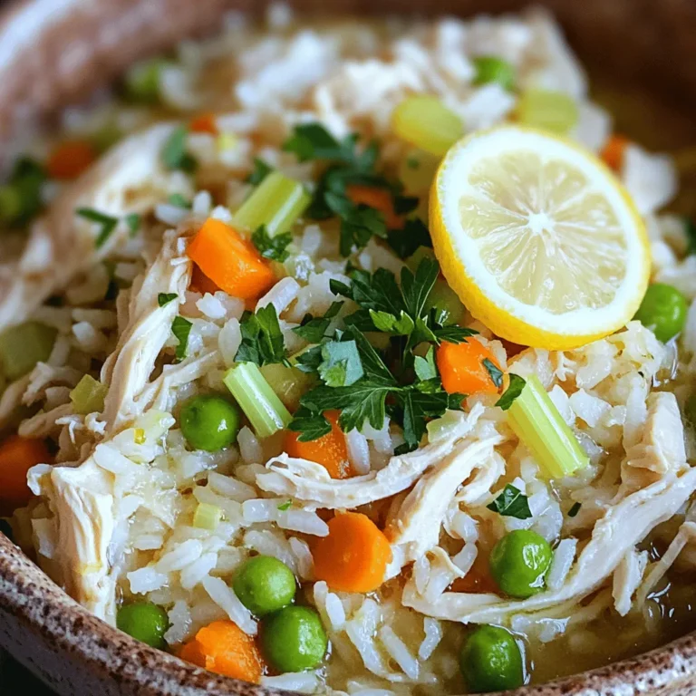 To make this simple and tasty chicken and rice soup, gather these ingredients: - 2 boneless, skinless chicken breasts - 1 cup jasmine rice, thoroughly rinsed - 6 cups chicken broth (preferably low-sodium) - 2 carrots, peeled and diced - 2 stalks celery, chopped - 1 small onion, finely diced - 3 garlic cloves, minced - 1 teaspoon dried thyme - 1 bay leaf - 1 tablespoon extra virgin olive oil - Salt and freshly ground pepper, to taste - 1 cup frozen peas - Juice from 1 fresh lemon - Fresh parsley, roughly chopped (for garnish) Each serving of this chicken and rice soup is packed with nutrition. Here’s a quick look at what you get: - Calories: 300 - Protein: 25g - Carbohydrates: 40g - Fat: 6g - Fiber: 2g This soup is low in fat and rich in protein and carbs, making it a cozy choice for any meal. If you need to swap out some items, here are some ideas: - Chicken: Use shredded rotisserie chicken for a quick option. - Rice: Substitute with brown rice or quinoa for a different texture. - Broth: Vegetable broth works well for a lighter flavor. - Vegetables: Add bell peppers, corn, or spinach for extra nutrition. - Herbs: Fresh herbs like rosemary or dill can replace thyme for a new taste. These substitutions help you make this soup work for your pantry or dietary needs. Enjoy creating your version! Start by gathering your ingredients. You need chicken breasts, jasmine rice, broth, carrots, celery, onion, garlic, thyme, a bay leaf, olive oil, and peas. 1. Heat the olive oil: In a large pot, place the olive oil over medium heat. Wait until it shimmers. 2. Add the vegetables: Toss in the diced onion, carrots, and celery. Sauté these for about 5 minutes. You want them to soften and the onion to look clear. 3. Incorporate garlic: Stir in the minced garlic. Cook this for one minute. The smell should fill your kitchen. 1. Add chicken and broth: Place the chicken breasts into the pot. Pour in the chicken broth. Add thyme, bay leaf, salt, and pepper. 2. Bring to a boil: Turn up the heat until the mixture boils. Then, lower the heat to a gentle simmer. 3. Cook the chicken: Cover the pot and let it simmer for 15-20 minutes. Make sure the chicken cooks fully (165°F or 75°C inside). 1. Shred the chicken: Once cooked, remove the chicken and let it cool. Use two forks to shred it into smaller pieces. 2. Add rice: Stir in the rinsed jasmine rice into the pot. Cover it again and let it simmer for about 15 minutes. The rice should be tender. 3. Finish the soup: Return the shredded chicken to the pot. Add the frozen peas and lemon juice. Taste and adjust salt and pepper if needed. 4. Serve: Remember to take out the bay leaf. Serve hot in bowls. Top with fresh parsley for a nice touch. For the complete recipe, visit [Full Recipe]. To make your chicken and rice soup shine, focus on fresh ingredients. Start with quality chicken broth. Low-sodium broth gives you control over salt levels. Add fresh herbs like thyme and parsley for a bright taste. A splash of lemon juice at the end brightens the flavor too. You can also toss in some fresh garlic for depth. One big mistake is overcooking the chicken. Remove it from the pot once it reaches 165°F. Letting it simmer too long can make it dry. Another common error is not rinsing the rice. Rinsing removes excess starch, which helps keep the soup clear. Avoid adding too much water or broth. You want a nice balance of soup and rice. For a creamy texture, add a splash of heavy cream or coconut milk. Stir it in after you add the chicken back to the pot. You can also blend a portion of the soup. Use an immersion blender to create a creamy base while keeping some chunks intact. This mix gives you both texture and creaminess in every spoonful. Follow the [Full Recipe] for a step-by-step guide to making this comforting dish. {{image_4}} You can easily add veggies to your chicken and rice soup. Chopped carrots, celery, and peas work well. You can also try adding spinach, kale, or zucchini for more color and nutrition. These vegetables add flavor and make your soup more filling. Just toss them in during the last few minutes of cooking. This way, they will stay bright and fresh. If you like a kick, make a spicy version. Add diced jalapeños or red pepper flakes for heat. A splash of hot sauce or a spoonful of sriracha can also spice things up. Just keep in mind to adjust the salt. You want a balance of flavors. This spicy twist can warm you up on a cold day! Using a slow cooker makes this recipe even easier. Simply add all your ingredients into the slow cooker. Set it on low for 6-8 hours or high for 3-4 hours. This method allows all the flavors to blend beautifully. Plus, you can come home to a warm, tasty meal. Check out the Full Recipe for detailed steps and measurements. After you finish your chicken and rice soup, let it cool down. This helps keep the soup fresh. Transfer it to an airtight container. It will stay good in the fridge for 3 to 4 days. Make sure to label the container with the date. This way, you’ll know when to eat it. If you want to save some soup for later, freezing works great. First, let the soup cool completely. Then, pour it into freezer-safe bags or containers. Leave some space at the top for expansion. You can freeze it for up to 3 months. When you’re ready to eat, just thaw it overnight in the fridge. To reheat your soup, pour it into a pot. Heat it on medium-low heat. Stir it often to ensure it warms evenly. If the soup seems too thick, add a splash of broth or water. You can also microwave it in a safe bowl. Heat it in short intervals, stirring in between. This ensures every bite is warm and tasty. Enjoy your cozy meal! For the full recipe, check out the Cozy Chicken & Rice Delight section. Yes, you can use brown rice. Brown rice adds a nutty flavor and is more nutritious. However, it takes longer to cook. You should adjust the cooking time. Add brown rice early when you add the broth, and let it simmer for 40-45 minutes. This way, the rice becomes tender and blends well with the soup. To make the soup gluten-free, you need to check a few things. First, use a gluten-free chicken broth. Many brands offer gluten-free options. Also, make sure your rice is certified gluten-free. Jasmine rice is usually safe, but always check the label. By following these steps, your soup will be gluten-free and just as tasty. You can serve many tasty sides with your soup. Here are some great options: - A fresh green salad - Crusty bread or rolls - Garlic breadsticks - Steamed vegetables These sides will make your meal complete and satisfying. For more ideas, feel free to check the Full Recipe and explore different serving suggestions. We reviewed the key steps to make Chicken and Rice Soup, from choosing the right ingredients to cooking methods. You learned helpful tips to enhance flavor and avoid common mistakes. Variations and storage details ensure this dish suits your taste and convenience. Trust these insights to create a tasty soup every time. Enjoy warm bowls of nourishment that you made with care. Happy cooking!