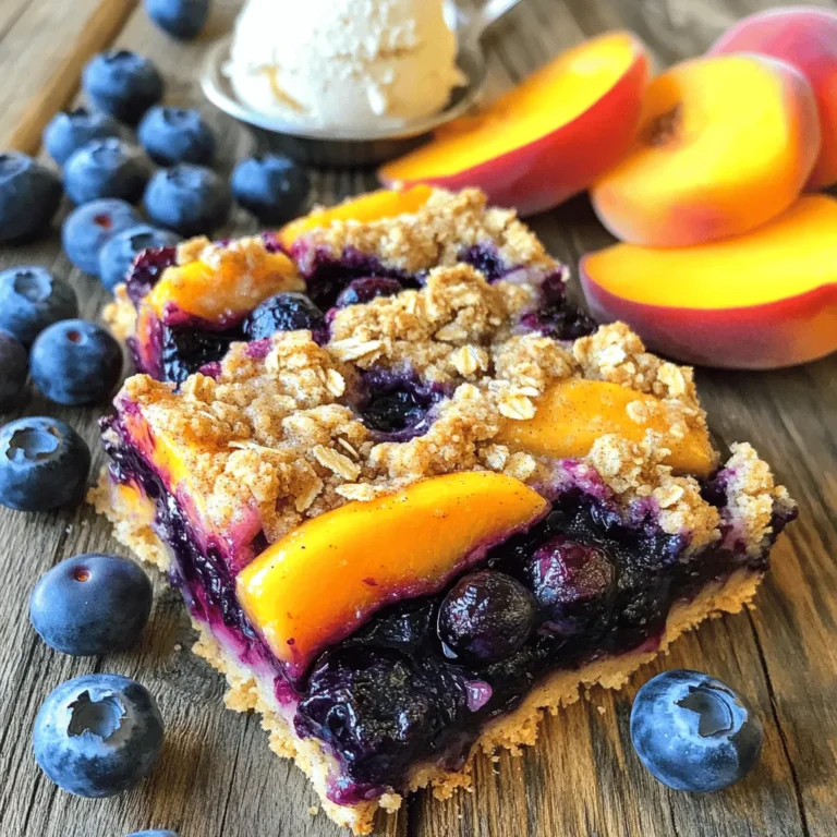 - 2 cups fresh blueberries, rinsed and drained - 2 cups ripe peaches, diced (approximately 3 medium-sized peaches) - 1 tablespoon freshly squeezed lemon juice - 1/2 cup granulated sugar (adjust based on your sweetness preference) - 1 tablespoon cornstarch - 1 teaspoon pure vanilla extract - 1 1/2 cups rolled oats - 1 cup all-purpose flour - 1/2 cup packed brown sugar - 1/2 teaspoon baking powder - 1/4 teaspoon fine salt - 1/2 cup unsalted butter, melted and slightly cooled - 1 teaspoon ground cinnamon (optional, for added warmth) These simple ingredients create a tasty balance of sweet and tart flavors. The fresh blueberries and ripe peaches shine in each bite. You can change the sugar to fit your taste. I often add a bit more if the fruit is not very sweet. I love using oats for texture; they give a nice chewiness. This recipe is so flexible. You can swap out fruit or adjust flavors based on what you have at home. For example, try adding a pinch of nutmeg for a warm spice twist. This recipe takes only 15 minutes to prepare. It bakes in about 30 to 35 minutes. You will get about 12 bars from this batch, perfect for sharing with friends or family. If you want the full recipe, check the section below. - Preheat your oven to 350°F (175°C). - Grease a 9x13-inch baking dish or line it with parchment paper. - In a medium mixing bowl, combine 2 cups of fresh blueberries, 2 cups of diced peaches, 1 tablespoon of lemon juice, 1/2 cup of granulated sugar, 1 tablespoon of cornstarch, and 1 teaspoon of vanilla extract. - Gently mix the ingredients until the fruit is coated. Let it sit for a few minutes to enhance the flavor. - In a large mixing bowl, whisk together 1 1/2 cups of rolled oats, 1 cup of all-purpose flour, 1/2 cup of brown sugar, 1/2 teaspoon of baking powder, 1/4 teaspoon of salt, and 1 teaspoon of cinnamon if desired. - This mixture will give your bars that perfect crumb texture. - Pour 1/2 cup of melted butter into the dry mixture and stir until it looks like coarse crumbs. - Reserve about 1 cup of this crumb mixture for later. - Press the remaining crumb mixture into the bottom of your greased dish to form the crust. - Spread the fruit mixture evenly over the crust, then sprinkle the reserved crumbs on top. - Bake in your preheated oven for about 30-35 minutes. - Look for golden brown color and bubbling filling to know it's done. - Once baked, let the bars cool on a wire rack for 15-20 minutes before slicing into squares. - This cooling time helps the bars set well for easy serving. Enjoy making these Blueberry Peach Crumble Bars with the [Full Recipe]. - Check for doneness by ensuring the filling is bubbling and the top is golden brown. - Letting the bars cool completely aids in easier slicing. This step prevents squishing the filling and keeps the layers intact. - Use frozen blueberries or peaches if fresh ones are unavailable. Frozen fruit works well and saves time. - Substitute brown sugar with coconut sugar for a healthier option. Coconut sugar adds a nice depth to the flavor. - Serve warm or at room temperature. This allows the flavors to shine. - Pair with vanilla ice cream or whipped cream. This adds a creamy texture that balances the tartness of the fruit. For an extra touch, garnish with fresh blueberries or peach slices. You can find the Full Recipe above for detailed instructions on making these delightful bars! {{image_4}} You can mix things up with different fruits. For a fresh twist, switch blueberries and peaches for raspberries and apples. The tartness of raspberries pairs well with sweet apples. You can also try plums or cherries. Both add their unique flavors and keep the bars fun and exciting. Want to make these bars gluten-free? No problem! Just replace all-purpose flour with a gluten-free flour blend. Many good mixes are available at stores. Also, ensure that your oats are certified gluten-free. This small change lets everyone enjoy this tasty dessert. For a vegan version, swap unsalted butter for coconut oil or vegan butter. Both options work well and keep the bars rich and tasty. If your recipe includes eggs, you can use flax eggs instead. To make a flax egg, mix one tablespoon of ground flaxseed with two and a half tablespoons of water. Let it sit for five minutes. This creates a great egg substitute that still binds everything together. Store your Blueberry Peach Crumble Bars in an airtight container. They stay fresh at room temperature for up to 3 days. This makes them great for quick snacks or dessert. To keep them longer, refrigerate the bars. They will stay fresh for up to a week. For even longer storage, you can freeze the bars. Wrap them tightly in plastic wrap or aluminum foil. They can be frozen for up to 3 months. When you're ready to enjoy your frozen bars, reheating is easy. Simply pop them in the microwave for a few seconds. You can also warm them in the oven at 350°F (175°C). This brings back their delicious taste and texture. For the full recipe and tips, check out the detailed instructions above. Enjoy your tasty treat! Yes, you can make these bars a day in advance. Just store them in the fridge. This helps the flavors blend nicely. Look for bubbling filling and a golden brown topping. This shows they are ready to eat. Yes, you can add chopped nuts like almonds or walnuts. They give the bars extra crunch and flavor. I love pairing them with a scoop of ice cream or yogurt. It makes a delicious treat. Store them in an airtight container at room temperature. You can also refrigerate them for up to a week. - Blueberry Peach Crumble Bars 🫐 To make these delicious Blueberry Peach Crumble Bars, you need simple, fresh ingredients. Here’s what you will need: - 2 cups fresh blueberries, rinsed and drained - 2 cups ripe peaches, diced (approximately 3 medium-sized peaches) - 1 tablespoon freshly squeezed lemon juice - 1/2 cup granulated sugar (adjust based on your sweetness preference) - 1 tablespoon cornstarch - 1 teaspoon pure vanilla extract - 1 1/2 cups rolled oats - 1 cup all-purpose flour - 1/2 cup packed brown sugar - 1/2 teaspoon baking powder - 1/4 teaspoon fine salt - 1/2 cup unsalted butter, melted and slightly cooled - 1 teaspoon ground cinnamon (optional, for added warmth) These ingredients come together to create a wonderful balance of sweet and tart flavors. The fresh blueberries and peaches mix well with the lemon juice. This adds a nice zing to the bars. The sugar and cornstarch help create a thick, juicy filling. The crumble topping is a blend of oats, flour, and sugars. It gives the bars a crunchy texture that pairs perfectly with the soft fruit layer. The butter adds richness, while the cinnamon gives a warm, cozy vibe to each bite. If you want to try this recipe, check the Full Recipe for step-by-step instructions. You'll love making and sharing these bars! These Blueberry Peach Crumble Bars are easy to make and full of flavor. You learned about the key ingredients, simple steps, and different variations. Remember, you can swap fruits or adjust sweetness to fit your taste. Store leftovers in a container for later. Enjoy these bars warm or with ice cream for a tasty treat. Happy baking!