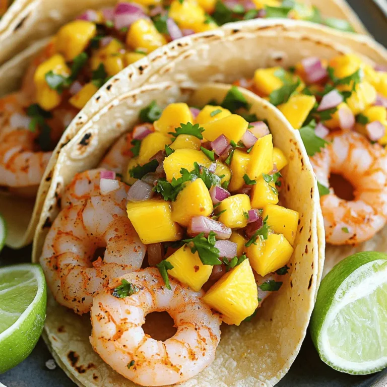 - 1 pound large shrimp, peeled and deveined - 2 tablespoons olive oil - 1 teaspoon chili powder - 1 teaspoon ground cumin - 1/2 teaspoon smoked paprika - Salt and freshly ground black pepper to taste - 8 small corn tortillas - 1 ripe mango, diced into small cubes - 1/2 red onion, finely chopped - 1 small jalapeño pepper, minced (remove seeds for milder flavor) - Juice of 1 fresh lime - Fresh cilantro, chopped, for garnish - Lime wedges - Extra cilantro I love using fresh ingredients for my grilled shrimp tacos. The shrimp are large and juicy. They soak up the marinade and burst with flavor. Olive oil adds richness. Chili powder brings a nice kick. Ground cumin gives a warm note. Smoked paprika adds a hint of smokiness. Don’t forget salt and pepper; they enhance all the flavors. For the mango salsa, I pick a ripe mango. It should be sweet and fragrant. The red onion adds crunch and sweetness. The jalapeño brings heat, but you can adjust that. Fresh lime juice brightens everything up. Finally, chopped cilantro adds a fresh taste. I also like to serve lime wedges and extra cilantro. They add a nice touch to the tacos. You can find the full recipe for all these ingredients and steps to make this dish. - Whisking the marinade In a bowl, mix olive oil, chili powder, ground cumin, smoked paprika, salt, and pepper. Whisk until smooth. - Marinating the shrimp Add shrimp to the bowl. Toss gently to coat each piece. Cover and let it sit for 15-20 minutes. - Combining salsa ingredients In another bowl, combine diced mango, chopped red onion, minced jalapeño, and lime juice. Mix gently. - Setting aside the salsa Add a pinch of salt to the salsa. Let it rest while the shrimp marinates. - Preheating the grill Heat your grill or grill pan over medium-high heat for about 5 minutes. - Grilling the shrimp Lay marinated shrimp on the hot grill. Cook for 2-3 minutes per side. They should turn pink and opaque. - Warming the tortillas Place corn tortillas on the grill for 1 minute on each side. This warms and adds flavor. - Building the tacos On each warm tortilla, place a few grilled shrimp. Top with the mango salsa. - Serving suggestions Add chopped cilantro on top. Serve the tacos with lime wedges for extra zest. Enjoy your tasty creation! To make your shrimp shine, marinate them well. A good marinade adds rich flavor. Use olive oil, chili powder, cumin, and smoked paprika. Let the shrimp sit in it for 15-20 minutes. This helps the spices soak in. Cook the shrimp for 2-3 minutes on each side. Watch for a pink color. This means they are done. Overcooking can make them tough. Mango salsa can be a fun twist. Try adding other fruits like pineapple or peaches. These bring sweetness and balance. You can also mix in spices like cumin or garlic for depth. Want some heat? Adjust the jalapeño level. For mild salsa, remove the seeds. For more spice, keep them in. This gives your salsa a nice kick! Corn tortillas are a classic choice. They are soft and flavorful. You can also use flour tortillas if you prefer a different texture. Grilling tortillas is a great idea! Just warm them on the grill for 1 minute per side. This adds a nice smoky taste. Enjoy the combination of flavors in your tacos. For the full recipe, check the earlier section. {{image_4}} You can swap the shrimp for fish in this recipe. Fish tacos are tasty and quick. Use firm fish like tilapia or mahi-mahi. Just season it like the shrimp and grill until flaky. If you want a vegetarian option, try using grilled portobello mushrooms or zucchini. Slice them thick and brush with olive oil. Grill until tender and smoky. These options add great texture and flavor. For a twist on the mango salsa, try a pineapple salsa. Use fresh pineapple instead of mango. Chop it into small chunks and mix with onion and lime juice. This gives a sweet and tangy taste. You can also add avocado to your mango salsa. Dice ripe avocado and fold it in gently. This adds creaminess and richness to your dish. Pair your tacos with a fresh side salad. A crunchy slaw with cabbage and lime works well. You can also serve them with chips and guacamole for a fun touch. For beverages, try a crisp, cold beer. A light lager or pale ale complements the flavors nicely. You could also enjoy your tacos with a fruity mocktail or fresh limeade. For the full recipe, check out the Zesty Grilled Shrimp Tacos with Tropical Mango Salsa. To keep your leftover shrimp fresh, place them in an airtight container. Store them in the fridge right away. They can stay good for 2-3 days. If you want to keep them longer, freeze the shrimp. Place them in a freezer bag, removing as much air as you can. Frozen shrimp last up to three months. For mango salsa, use a clean, airtight container. This keeps the salsa fresh and tasty. You can store it in the fridge for up to 3 days. If you need to keep it longer, consider freezing it. Just know that freezing may change the texture. When reheating shrimp, do it gently. Use a skillet on low heat. This helps the shrimp stay juicy. Heat for about 2-3 minutes until warm. For salsa, you can enjoy it cold. If you prefer warm, heat it in the microwave for a few seconds. Avoid cooking it too long; you want to keep that fresh taste! I recommend using large or jumbo shrimp for grilling. They hold up well on the grill and offer a nice bite. Look for shrimp that are fresh, firm, and have a clean smell. Wild-caught shrimp often taste better, but farmed shrimp can be good too. Just make sure they are peeled and deveined for easy cooking. Yes, you can make the mango salsa ahead of time! It tastes even better after sitting for a while. Just mix all the ingredients and store it in the fridge. Try to make it a few hours before serving. This allows the flavors to blend nicely. You can tell shrimp is done when it turns pink and opaque. It should curl into a C shape, not an O shape. This usually takes about 2-3 minutes per side on the grill. If you have a food thermometer, aim for an internal temperature of 120°F. Yes, you can use frozen shrimp! Just make sure to thaw them first. The best way is to leave them in the fridge overnight. If you're in a hurry, place them in a bowl of cold water for about 15-20 minutes. Once thawed, pat them dry before marinating. This helps the marinade stick better. For the full recipe, check out the details above. To sum up, this blog post guides you through making tasty shrimp tacos with mango salsa. We discussed essential ingredients, preparation steps, and helpful tips to create delicious flavors. Remember, you can customize your meal with different proteins and salsas. Storing leftovers properly ensures you enjoy these flavors later. I hope these steps inspire you to create your own shrimp taco feast! Enjoy the cooking journey and share your creations with friends!