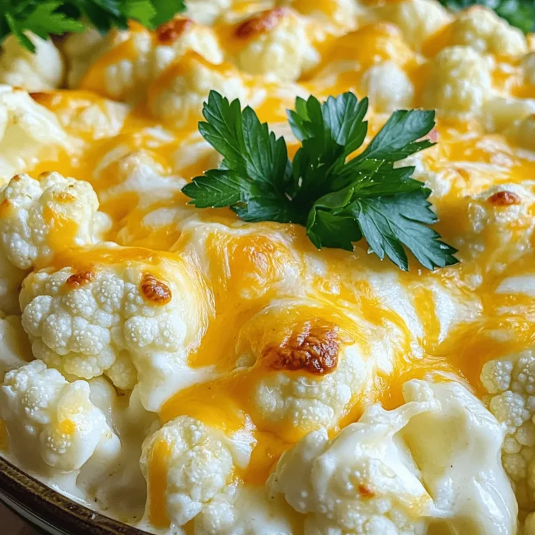 This dish shines with just a few key ingredients. You will need: - 1 large head of cauliflower, cut into florets - 1 cup shredded cheddar cheese - 1 cup shredded mozzarella cheese - 1/2 cup cream cheese, softened - 1/2 cup sour cream - 1/4 cup grated Parmesan cheese - 1/4 cup milk - 2 cloves garlic, minced - 1 teaspoon onion powder - 1 teaspoon paprika - Salt and pepper to taste These ingredients create a creamy, cheesy base that makes the cauliflower taste amazing. You can add other flavors to make this dish unique. Consider these options: - Cooked bacon bits for a savory crunch - Chopped green onions for a fresh note - Spinach or kale for extra greens - Crushed red pepper for a bit of heat These extras can transform your cheesy cauliflower bake into something special. Garnishing enhances the dish's look and taste. Try these options: - Fresh parsley, chopped - Chives, finely sliced - A sprinkle of paprika for color - A drizzle of olive oil for shine These garnishes not only make your bake pretty but also add more flavor. For a full recipe, check out the detailed instructions above. You start by preheating your oven to 375°F (190°C). This helps the dish cook evenly. While it heats, grab a baking dish. Lightly grease it with non-stick spray. You can also use a little olive oil. This step keeps your bake from sticking. Now it’s time for the cauliflower! Fill a large pot with water and add a pinch of salt. Bring this water to a boil. Once boiling, gently place the cauliflower florets in the pot. Cook them for about 5 minutes. You want them tender but still crisp. After that, drain them well and set them aside. In a medium mixing bowl, gather your creamy ingredients. Add softened cream cheese, sour cream, and milk. Then, mix in minced garlic, onion powder, paprika, salt, and pepper. Use a whisk or spatula to blend these until smooth. This mixture will bring all the flavors together. Next, take your blanched cauliflower and add it to the creamy mixture. Use a spatula to gently fold the cauliflower into the cream. Make sure each floret gets coated well. This ensures every bite is creamy and cheesy. Now, spoon the cauliflower mixture into your greased baking dish. Spread it out evenly across the bottom. Then, it’s time for the cheese! Sprinkle shredded cheddar and mozzarella cheese generously on top. Finish with a light sprinkle of grated Parmesan cheese. This adds a nice flavor and texture. Once your dish is layered, place it in the preheated oven. Bake for 25-30 minutes. Watch for the cheese to bubble and turn a golden brown. When it’s done, take it out and let it sit for about 5 minutes. This helps the dish set up nicely. Before serving, garnish with freshly chopped parsley for a touch of color. Enjoy your cheesy cauliflower bake! For the full recipe, check the details above. To get that perfect cheese melt, use a mix of cheeses. I like using cheddar and mozzarella. Cheddar gives a sharp flavor, while mozzarella melts beautifully. Make sure to sprinkle the cheese on top of your dish before baking. This helps it get that nice, gooey texture. You can also cover the dish with foil for the first half of baking to keep the heat in. Remove the foil later to let it brown. If your cream mixture feels too thick, add a little more milk. Start with one tablespoon at a time. Mix it in and check the texture. You want it creamy, not runny. If it is too thin, add a bit more cream cheese. This balance helps coat the cauliflower well. A good sauce will make each bite rich and flavorful. To keep your cauliflower crisp, blanch it for only five minutes. This step brightens the color and makes it tender but not mushy. After blanching, drain it well to remove excess water. If you overcook the cauliflower, it may turn soft in the bake. Aim for that perfect bite that complements the creamy sauce. Following these tips ensures a great texture in every serving. {{image_4}} You can easily add protein to your cheesy cauliflower bake. Chicken or bacon works great. For chicken, use cooked, shredded chicken. Mix it with the cauliflower before baking. This adds flavor and makes the dish heartier. Bacon adds a smoky touch. Cook bacon until crispy, chop it, and sprinkle it on top before baking. You get a nice crunch and rich taste. Experimenting with different cheeses can change the whole dish. Try adding gouda for a smoky flavor or pepper jack for some heat. You can also use feta for a tangy kick. Just remember to keep the amount the same as the original cheese in the recipe. Mixing cheeses can make your cheesy cauliflower bake even more delightful. If you need a dairy-free option, it’s simple to swap some ingredients. Use almond milk or coconut milk instead of regular milk. For cream cheese, look for dairy-free cream cheese. There are many great brands out there. Nutritional yeast can replace cheese for a cheesy flavor without dairy. These changes make the dish friendly for everyone while keeping it tasty. After making your cheesy cauliflower bake, let it cool first. Once cool, transfer leftovers to an airtight container. This keeps the dish fresh. Store it in the fridge for up to three days. If you want to keep it longer, freezing is a great option. To reheat, use an oven for best results. Preheat your oven to 350°F (175°C). Cover the dish with foil to prevent it from drying out. Heat for about 15-20 minutes. You can also heat it in the microwave, but it may not be as crispy. You can freeze this dish before or after baking. If you freeze before baking, wrap it tightly in plastic wrap. Then place it in a freezer bag. If you bake it first, let it cool completely. Then, follow the same wrapping method. It can last up to three months in the freezer. Just remember to label it! When ready to eat, thaw it in the fridge overnight and bake as usual. Yes, you can use frozen cauliflower. Just thaw it and drain excess water. This helps avoid a soggy bake. Frozen cauliflower is convenient and works well in the dish. Absolutely! To add some heat, mix in red pepper flakes or diced jalapeños. You can also use pepper jack cheese instead of cheddar. This gives a nice kick without overpowering the dish. The cheesy cauliflower bake lasts about 3 to 5 days in the fridge. Make sure to store it in a sealed container. This keeps it fresh and ready for quick meals or snacks. You can pair it with grilled chicken or a fresh salad. It also goes well with roasted veggies or a light soup. This makes a great side dish for any meal. Yes, you can prepare it a day ahead. Just follow the steps but stop before baking. Cover it tightly and store it in the fridge. When ready, just bake it as directed. For the full recipe, check the earlier section. Cheesy cauliflower bake combines simple steps with tasty ingredients. You learned how to prep and cook it perfectly. Use fresh or frozen cauliflower, and try different cheeses for variety. Store leftovers well for later enjoyment. This dish is warm and filling, enhancing any meal. Enjoy this versatile recipe and make it your own!