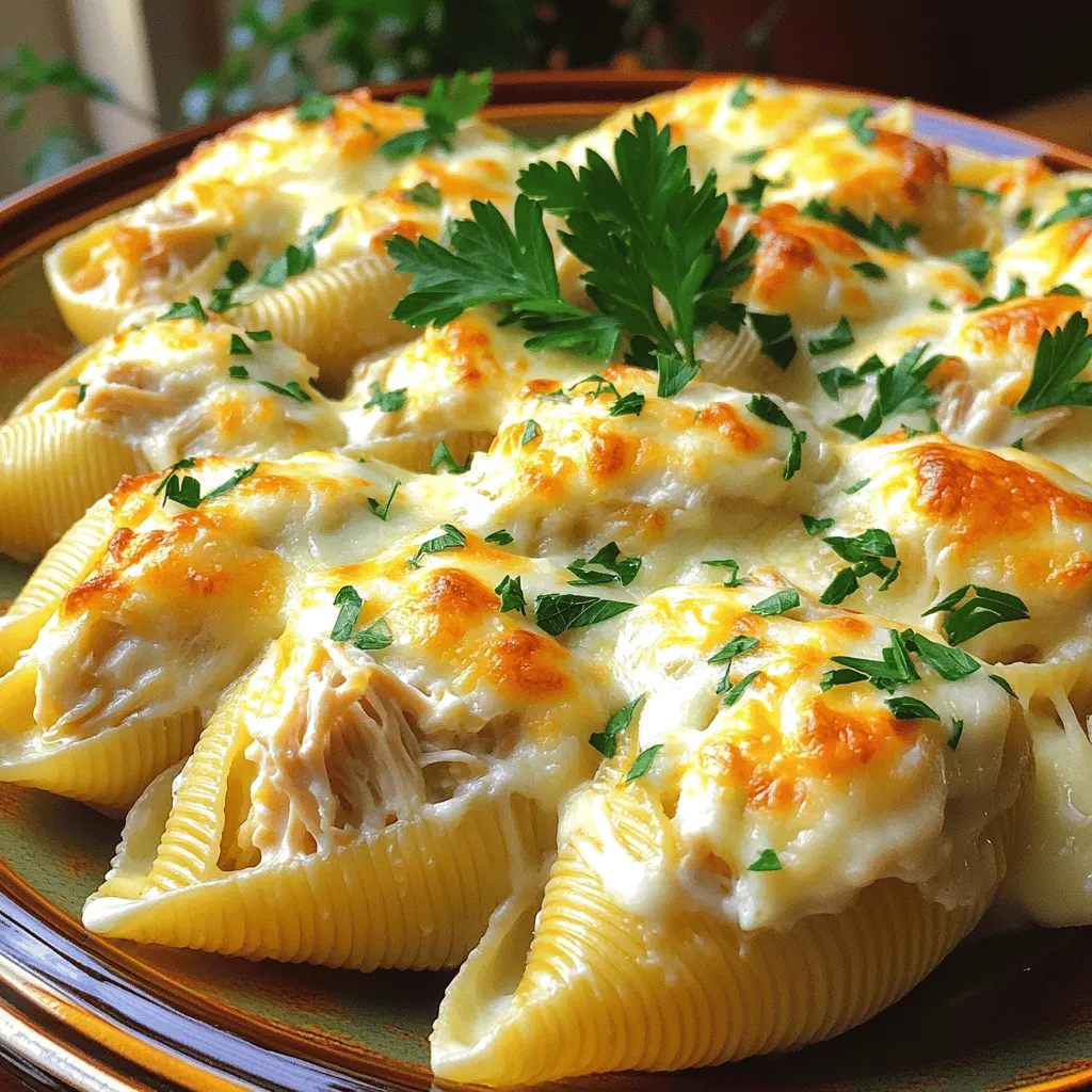 To make Chicken Alfredo Stuffed Shells, gather these key ingredients: - 20 large pasta shells - 2 cups cooked chicken breast, shredded - 1 cup ricotta cheese - 1 cup shredded mozzarella cheese, divided - 1/2 cup grated Parmesan cheese - 2 cups Alfredo sauce (store-bought or homemade) - 1 teaspoon garlic powder - 1 teaspoon Italian seasoning - Salt and pepper, to taste - Fresh parsley, chopped (for garnish) These ingredients blend together to create a rich flavor profile. The creamy texture of the cheeses pairs well with the tender chicken. You can add extra taste with optional ingredients like: - Spinach or kale for added nutrition - Sun-dried tomatoes for a tangy kick - Red pepper flakes for some heat These additions can enhance the dish and make it unique. Feel free to experiment with flavors you enjoy. Using the right tools makes cooking easier. Here’s what you need: - Large pot for boiling pasta - Mixing bowl for combining ingredients - 9x13 inch baking dish to hold the shells - Aluminum foil to cover the dish while baking - Wooden spoon for mixing and filling shells With these tools, you will have a smooth cooking experience. Each step will feel simple and fun. For the full recipe, refer to the recipe section. First, you need to cook the large pasta shells. Bring a big pot of water to a boil. Add a pinch of salt to flavor the shells. Cook the shells until they are al dente, which means they are firm to the bite. This usually takes about 8-10 minutes. Once done, drain the shells in a colander. Let them cool for a few minutes. You want them to be easy to handle when filling. In a mixing bowl, combine the shredded chicken, ricotta cheese, and half a cup of mozzarella cheese. Add the grated Parmesan cheese, garlic powder, Italian seasoning, salt, and pepper. Mix everything well until you have a creamy filling. This will be packed with flavor and make your stuffed shells tasty. Now it is time to assemble your dish. Spread one cup of Alfredo sauce evenly on the bottom of a 9x13 inch baking dish. Take each cooled pasta shell and fill it with the chicken and cheese mixture. Place the filled shells in the dish with the open side up. This way, they can soak up the sauce. Once all shells are filled, pour the remaining Alfredo sauce over them. Make sure each shell is coated well. Sprinkle the rest of the mozzarella cheese on top for a delicious, melted finish. Cover the dish with aluminum foil and bake it in a preheated oven at 375°F (190°C) for 20 minutes. After that, remove the foil and bake for another 10-15 minutes until the cheese is bubbly and golden. Let it cool for a few minutes before serving. You can add freshly chopped parsley on top for a nice touch. When cooking pasta shells, it is key to follow the package instructions. Use a large pot with plenty of water. Add a good amount of salt to the water. This adds flavor to the shells as they cook. Stir the shells gently while boiling. This prevents them from sticking together. Cook until they are al dente, which means they should be firm but not hard. Drain the shells and set them aside to cool. This ensures they are easier to fill. For the best melted cheese, use a mix of cheeses. I like to use mozzarella and Parmesan. Both melt well and add flavor. When adding cheese on top of the shells, cover them with aluminum foil. This keeps moisture in while baking. Remove the foil in the last few minutes to get that golden brown color. Keep an eye on the cheese to avoid burning. The stuffing is the heart of your dish. For tasty stuffing, use cooked chicken breast and mix it with ricotta cheese. I add garlic powder and Italian seasoning for extra flavor. Don’t forget to season with salt and pepper. Taste the filling before stuffing the shells. Adjust the flavors as needed. A well-seasoned stuffing makes a big difference in taste. For a fun twist, try adding spinach or sun-dried tomatoes to the mixture. Check out the Full Recipe for more tips! {{image_4}} If you have dietary needs, you can still enjoy these stuffed shells. Use gluten-free pasta shells to make this dish gluten-free. For a healthier option, swap ricotta cheese with cottage cheese. If you're lactose intolerant, choose lactose-free cheeses. You can also replace chicken with tofu or chickpeas for a plant-based meal. These swaps help everyone share in the joy of Chicken Alfredo Stuffed Shells. Adding vegetables boosts the nutrition in your Chicken Alfredo Stuffed Shells. Spinach is a great choice; it adds color and nutrients. You can sauté spinach before adding it to the filling. Other options include finely chopped mushrooms, zucchini, or bell peppers. Mix any veggies into the chicken and cheese mix. This not only enhances flavor but also gives a healthy twist to your meal. If you want to change up the flavor, try different sauces. Instead of Alfredo, use marinara or pesto sauce. Marinara gives a zesty taste, while pesto adds a fresh herb flavor. You could also make a creamy cheese sauce with cheddar for a different twist. Each sauce changes the whole dish while keeping it fun and exciting. You can find the full recipe linked above to explore these tasty options! To keep your leftover stuffed shells fresh, place them in an airtight container. Make sure they are cool before sealing. You can store them in the fridge for up to three days. For best taste, eat them soon after cooking. If you want to save some shells for later, freezing is a great option. First, let the stuffed shells cool completely. Next, spread them on a baking sheet in a single layer. Freeze them for a few hours until firm. Then, transfer the shells to a freezer-safe bag or container. They can last for up to three months. Just label the bag with the date. To reheat your stuffed shells, preheat your oven to 350°F (175°C). Place the shells in a baking dish and cover with foil. Bake for about 20 minutes, or until heated through. You can add a splash of Alfredo sauce on top to keep them moist. If you prefer the microwave, heat them in a microwave-safe dish for about 3-5 minutes, checking often. Enjoy your meal! Yes, you can prepare Chicken Alfredo Stuffed Shells ahead of time. Simply follow the recipe steps until you fill the shells and place them in the baking dish. Cover the dish tightly with plastic wrap or foil and store it in the fridge. When you're ready to cook, remove the cover and bake as directed. This makes dinner easy on busy days. You can serve Chicken Alfredo Stuffed Shells with a variety of sides. Here are some great options: - Garlic bread - Caesar salad - Steamed broccoli - Roasted vegetables - Fresh green salad These sides complement the creamy shells and add freshness to your meal. To make Chicken Alfredo Stuffed Shells vegetarian, swap the chicken for a mix of vegetables. You can use: - Spinach - Zucchini - Mushrooms - Bell peppers Make sure to sauté the veggies first for the best flavor. This way, you keep the rich taste while catering to a vegetarian diet. You can find the full recipe in the previous sections. Chicken Alfredo Stuffed Shells offer a tasty mix of flavors, simple steps, and handy tips. You learned about the key ingredients that make this dish special, how to prep them, and easy tricks for cooking. I also shared ideas for variations to suit different diets and preferences. Remember to store leftovers right and reheat them well. This dish is simple, delicious, and fun to make. Try it out and enjoy!