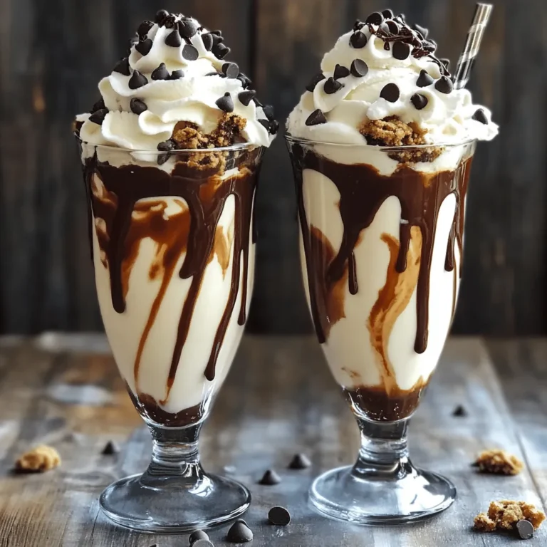 - 2 cups creamy vanilla ice cream - 1 cup milk (whole or almond) - 3 to 4 chocolate chip cookies - 2 tablespoons chocolate syrup - Whipped cream for topping - Garnishes: chocolate chips and cookie crumbles When I create a chocolate chip cookie shake, I focus on using fresh, quality ingredients. The creamy vanilla ice cream brings a rich base, while the milk helps it blend smoothly. I like to use whole milk, but almond milk works great for a dairy-free option. The chocolate chip cookies are the stars of this shake, adding texture and flavor. You can use store-bought or homemade cookies. The chocolate syrup is essential for that sweet, chocolatey kick. I always recommend topping your shake with whipped cream; it adds a lovely finish. For garnishes, I use extra chocolate chips and cookie crumbles. They not only taste amazing but also make the shake look appealing. - Dairy-free alternatives - Vegan options - Flavor variations (e.g., mint, caramel) If you want to switch things up, try these variations. For dairy-free options, choose almond or oat milk and non-dairy ice cream. If you're vegan, you can find plant-based ice creams and syrups. You can also add different flavors to your shake. For a minty twist, add mint extract or chocolate mint cookies. For a caramel touch, drizzle caramel sauce into the shake before blending. These small changes can create a unique treat every time! For the full recipe, check the complete guide. First, take 2 cups of creamy vanilla ice cream and 1 cup of milk. Place them into your blender. Blend these two together until smooth. You want a creamy mix with no lumps. This step is important. It sets the base for your shake, giving it a rich texture. Now, add 3 to 4 crumbled chocolate chip cookies into the blend. Also, pour in 2 tablespoons of chocolate syrup. Pulse the blender gently. This keeps some cookie chunks for texture. You want to taste bits of cookie in every sip. Next, taste your shake to check the sweetness. If it needs more sweetness, add a bit more chocolate syrup. Blend briefly to mix it in, but keep the shake thick. Pour your shake into chilled glasses for a great look. Top each shake with fluffy whipped cream. Let it spill over for fun. Finally, sprinkle extra chocolate chips and cookie crumbles on top. This adds flavor and makes it look amazing. For the full recipe, refer back to the ingredients and steps above. To get your shake just right, think about the milk. If you want a thicker shake, use less milk. Start with 1 cup, then add more if needed. Blend on medium speed. This helps mix the ice cream and milk evenly. Check for lumps. You want a smooth and creamy texture. If you want some crunch, add the cookies last. Make your shake look as good as it tastes! Use tall, chilled glasses. This keeps your shake cold longer. Top with whipped cream and let it spill over the sides. It looks fancy! For extra fun, sprinkle chocolate chips or cookie crumbles on top. You can also drizzle chocolate syrup inside the glass. Add a colorful straw for a playful touch! Watch out for over-blending! If you blend too long, the cookies turn to dust. You want some chunks for texture. Also, be careful with the type of cookies. Use fresh, soft chocolate chip cookies for the best flavor. Hard cookies might make your shake gritty. Stick to the classic for a rich taste. {{image_4}} You can change the flavor of your shake in many fun ways. Try adding different syrups like caramel or mint. Each syrup gives a new twist. You can also switch up the ice cream flavor. How about cookies and cream or chocolate fudge? These small changes can make your shake unique. Want to add some nutty goodness? Stir in a spoonful of your favorite nut butter. Almond or peanut butter blends well with the sweet flavors. It adds a nice crunch and richness. If you want to make your shake vegan, use almond or coconut milk. Instead of regular cookies, choose vegan cookies. This way, everyone can enjoy it. For lactose-free options, stick to almond milk and lactose-free ice cream. You can still enjoy all the creamy goodness without the dairy. If gluten is a concern, go for gluten-free cookies. Many brands now make tasty gluten-free treats. You won’t miss out on flavor at all! Shake it up for the holidays! You can make holiday-themed shakes by adding spices like cinnamon or nutmeg. This gives a cozy vibe perfect for winter. In fall, try mixing in pumpkin spice with your shake. It adds a warm flavor that everyone loves. You can even top it with whipped cream and a sprinkle of cinnamon for a seasonal treat. To store leftover shake, pour it into a sealed container. Keep it cold in the fridge. It tastes best within one day. If you want to enjoy it later, re-blend it to restore the creamy texture. Add a splash of milk if it gets too thick. For cookies, keep them in an airtight jar. This keeps them fresh and soft. If you have extra ice cream, store it in a freezer-safe container. Make sure to seal it well to prevent freezer burn. The shake lasts about 24 hours in the fridge before it loses flavor. If it smells off or has a strange color, it’s time to toss it. Always check for any signs of spoilage before enjoying! For the full recipe, check out the detailed instructions above. If you want a dairy-free shake, use almond milk or oat milk. These options work well. You can also try coconut milk for a richer taste. All these choices keep the shake creamy and delicious. Yes, you can freeze it! Pour the shake into a freezer-safe container. Leave some space at the top for expansion. When ready to serve, let it thaw in the fridge for a few hours. Stir it well before enjoying. To cut calories, use light ice cream or yogurt. You can swap regular milk for unsweetened almond milk. Choose fewer cookies or use small bits. For less sugar, add less chocolate syrup or use a sugar substitute. This blog post covered how to make a delicious chocolate chip cookie shake. We discussed the main ingredients and optional variations. I shared step-by-step instructions for blending a perfect shake, along with helpful tips and tricks. I also explored unique flavor and dietary variations. In summary, you can easily create your own shake at home. Don’t be afraid to experiment with flavors and ingredients. Enjoy the process and have fun with each sip!