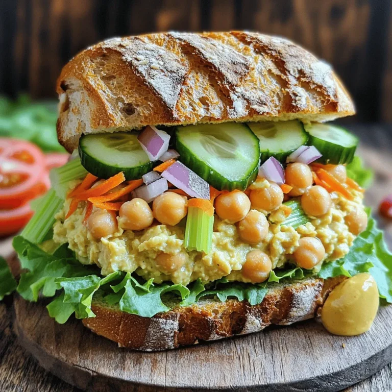 - 1 can (15 oz) chickpeas, rinsed and drained - 2 tablespoons tahini - 2 tablespoons freshly squeezed lemon juice - 1 tablespoon Dijon mustard - 1 small red onion, finely chopped - 1 stalk of celery, diced very small - 1 medium carrot, grated - 1 tablespoon fresh dill, chopped (or 1 teaspoon dried dill) - Other vegetables like bell peppers or cucumber can add crunch and color. - Salt and freshly ground black pepper to taste - Fresh dill (or dried dill) to boost flavor - 4 slices of whole grain or gluten-free bread - Crisp lettuce leaves, for a fresh bite - Optional: Thinly sliced tomatoes and cucumbers for extra flavor and nutrition Creating this vegan chickpea salad sandwich is both simple and fun. Each ingredient brings its own unique taste, making every bite enjoyable. The chickpeas provide a hearty base, while tahini and lemon juice add creaminess and tang. The red onion and celery offer a nice crunch, and dill gives it a fresh, herbal note. For the bread, I love using whole grain or gluten-free options. They hold up well against the filling. Adding lettuce and optional veggies like tomatoes or cucumbers enhances the sandwich's taste and texture. You can find the full recipe [here](#). To start, you need to mash the chickpeas. Use a fork or a potato masher. Mash until you have a chunky texture. You want to leave some whole chickpeas. This gives your sandwich a nice bite and texture. Next, add the tahini, lemon juice, and Dijon mustard to the chickpeas. Mix everything well. You should have a creamy base. Now, chop the red onion, celery, and grate the carrot. Fold these veggies into the chickpeas. The crunch from the veggies adds great flavor and color to your salad. Now it's time to season your chickpea mixture. Add salt and black pepper to taste. Adjust the flavors to your liking. If you want more tang, add lemon juice. If you prefer creaminess, add more tahini. For the bread, lightly toast it if you want a crunch. Spread a generous amount of the chickpea salad on two slices of bread. Add a few crisp lettuce leaves on top. If you like, add thin slices of tomatoes and cucumbers. Place the other slices of bread on top. Cut each sandwich in half for easy eating. You can serve them right away or wrap them in parchment paper for later. For a nice touch, arrange the sandwiches on a wooden board or plate. Enjoy this fresh and flavorful meal! For the complete recipe, check the Full Recipe above. To prepare chickpeas, start with rinsing and draining. Use a fine mesh strainer for this task. Rinsing removes excess sodium from canned chickpeas. Draining helps avoid excess water that can make your salad soggy. You want the chickpeas dry but not overly crushed. Adjusting seasoning is key for a tasty salad. Start with salt and pepper. Taste your mixture before serving. Add more lemon juice for brightness. If you want creaminess, add more tahini. These simple changes can enhance the dish. Make your meal look nice with a few easy tips. Use a rustic wooden board or a bright plate. This adds charm to your presentation. Garnish with fresh dill on top of the sandwich. Serve with colorful veggie sticks on the side. It makes for an eye-catching and healthy display. For the full recipe, check the section above. {{image_4}} You can change up the chickpeas in this sandwich. Try using black beans or lentils instead. Both options give a different taste and texture. For extra creaminess, swap tahini with vegan mayonnaise. This will make the mix smooth and rich. You can even blend both for a unique flavor. Herbs and spices can change the taste of your sandwich. Instead of dill, use parsley or cilantro for a fresh kick. You can also add garlic powder or smoked paprika for depth. For a spicy twist, throw in some chopped jalapeños or a dash of hot sauce. These additions can bring a fun zing to your meal. When it comes to bread, you have many choices. Whole grain bread is great, but you can also use gluten-free options. Try wraps made from rice or corn for a lighter touch. This makes for a fun, portable meal. Each bread type changes the sandwich's feel, so choose what you love! To keep leftovers fresh, store your chickpea salad in an airtight container. Make sure to refrigerate it right away. This helps keep the flavors intact for up to three days. When ready to eat, just give it a good stir. You can enjoy it cold or make a fresh sandwich. If you want to store the chickpea salad for longer, freezing is a great option. Place the chickpea salad mixture in a freezer-safe container. Leave some space at the top to allow for expansion. It will stay good for about three months. When you're ready to eat it, let it thaw in the fridge overnight. To refresh your sandwich after storage, you can add a bit of olive oil or lemon juice. This helps bring back the moisture and flavor. If you want, you can toast the bread again for a crunchy bite. This simple step makes your sandwich taste fresh and delicious again. Enjoy your meal! To make this sandwich gluten-free, choose gluten-free bread. Many stores offer great options. Look for brands made from rice or almond flour. You can also try lettuce wraps instead of bread. This keeps it fresh and light too! Yes, you can. Make the chickpea salad a day ahead. Store it in an airtight container in the fridge. It stays good for about three days. Just remember to add fresh toppings right before serving for best flavor. Chickpeas are packed with protein and fiber. They help keep you full and satisfied. This sandwich is low in fat and high in vitamins. The veggies add crunch and nutrients. Tahini brings in healthy fats and flavor. Overall, this sandwich is a tasty way to eat healthy! This blog covered how to make a tasty chickpea salad sandwich. We explored main ingredients, step-by-step instructions, and storage tips. You learned how to adjust flavors and choose the right bread. Remember, you can customize the recipe with different herbs or legumes. Enjoy this easy meal any day! It’s healthy, quick, and delicious. I hope you try it soon. Your taste buds will thank you!