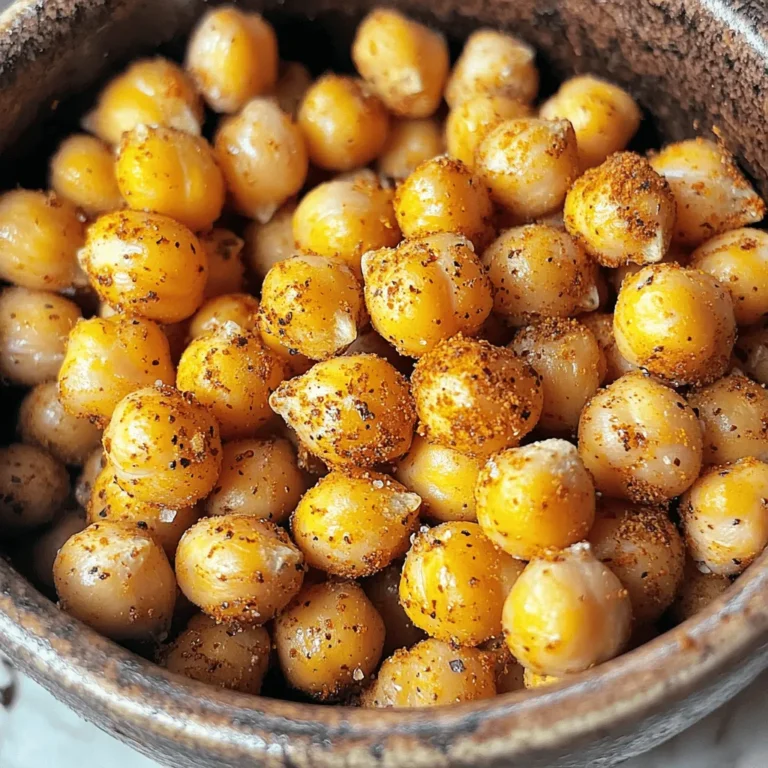 To make crispy air fryer chickpeas packed with flavorful spice, you need these simple ingredients: - 1 can (15 oz) chickpeas, drained and rinsed - 1 tablespoon olive oil - 1 teaspoon garlic powder - 1 teaspoon smoked paprika - ½ teaspoon ground cumin - ½ teaspoon chili powder - Salt to taste - Freshly cracked black pepper to taste These ingredients come together to create a snack that’s not only tasty but also healthy. The chickpeas provide protein and fiber, while the spices bring in a burst of flavor. When you pick your ingredients, try to choose high-quality spices. Fresh spices can make a big difference in taste. Using good olive oil will also enhance the flavor. If you want to switch things up, feel free to experiment with other spices. You can add herbs or even a pinch of cayenne for heat. For the full recipe, check the detailed instructions provided above. First, set your air fryer to 400°F (200°C). Preheating helps cook your chickpeas evenly. This step is key for that perfect crunch. After draining and rinsing the chickpeas, dry them well. Use a clean towel or paper towels. The drier they are, the crispier they get. This is an important step that impacts texture. In a mixing bowl, add the dried chickpeas. Drizzle with olive oil and toss until they are coated. Next, sprinkle in the garlic powder, smoked paprika, ground cumin, chili powder, salt, and pepper. Mix until every chickpea is well-seasoned. This step adds lots of flavor. Place the seasoned chickpeas in the air fryer basket. Spread them in a single layer. This allows them to cook evenly. Cook for 15-20 minutes, shaking the basket halfway through. Watch for them to turn golden brown and crispy. After cooking, take out the chickpeas and let them cool for a few minutes. They will crisp up even more as they cool. Taste a few and adjust the seasoning if needed. You can add more salt or spices to suit your taste. Enjoy your crispy air fryer chickpeas as a tasty snack or salad topping. For the full recipe, refer to the details above. To make crispy air fryer chickpeas, you need to dry them well. After draining and rinsing, pat them dry with a towel. The drier your chickpeas, the crispier they will turn out. If they are wet, they will steam instead of crisp. Spread the chickpeas out in the air fryer. This ensures even cooking and maximum crunch. If they are too close, they won't get that golden finish. Experimenting with spices can take your chickpeas to the next level. Try adding different spices to suit your taste. You can mix in herbs like oregano or thyme for a fresh twist. For a zesty kick, squeeze some lemon juice on the chickpeas before serving. This adds brightness and enhances the flavors. Different air fryers may have slight variations in cooking time. I recommend cooking your chickpeas for about 15-20 minutes at 400°F (200°C). Check them halfway through and shake the basket for even cooking. You’ll know your chickpeas are perfect when they are golden brown and crunchy. If they look pale, give them a few more minutes. For the full recipe, you can refer back to the main section. {{image_4}} You can change the flavor of your crispy air fryer chickpeas with different spice mixes. Here are a couple of my favorite ideas: - Mediterranean Herb Blend: Use dried oregano, thyme, and rosemary. This mix adds a refreshing taste. It pairs well with salads or as a snack. - Spicy Sriracha Chickpeas: Mix in some sriracha sauce. You can also add cayenne pepper for more heat. This option is perfect for those who love bold flavors. You can also add other ingredients for fun twists: - Nuts & Seeds for a Mixed Snack: Toss in almonds, sunflower seeds, or pumpkin seeds. This adds crunch and healthy fats. You can roast them together with the chickpeas. - Adding Cheese for a Savory Twist: Try adding grated Parmesan or feta cheese. Sprinkle it on right before serving for a delicious flavor boost. If you have dietary needs, there are easy swaps: - Gluten-Free Options: All the ingredients are naturally gluten-free. Just check your spice labels to ensure they are safe. - Vegan & Vegetarian Substitutions: This recipe is already vegan! You can enjoy it without any changes. If you want a creamier dip, blend the chickpeas into a hummus-style dip. These variations make crispy air fryer chickpeas fun and exciting. Get creative and find your favorite mix! For the full recipe, check back in the main section. To keep your crispy air fryer chickpeas fresh, store them in an airtight container. This helps maintain their crunch. Avoid using plastic bags, as they can trap moisture. Let the chickpeas cool down completely before sealing them. This ensures they stay crispy longer. If your chickpeas lose their crunch, you can easily revive them. Spread them on a baking sheet and reheat in the oven at 350°F (175°C) for about 5-10 minutes. You can also put them back in the air fryer for a few minutes. This method brings back the crunch without drying them out. - Duration for Store in Air-Tight Containers: When stored properly, crispy chickpeas can last up to one week. Check for any signs of moisture or sogginess before eating. - Tips for Long-Term Storage: For longer storage, freeze the chickpeas in a single layer on a baking sheet. Once frozen, transfer them to a freezer bag. They can last up to three months in the freezer. Just remember to reheat them straight from the freezer for best results. Enjoy your flavorful crispy air fryer chickpeas even days later! For the full recipe, check out the link above. It takes about 30 minutes to make crispy air fryer chickpeas. You spend 10 minutes preparing the ingredients and 15-20 minutes cooking them. Preheating the air fryer takes just a few minutes, too. This quick process gives you a tasty snack or topping in no time! Yes, you can use dried chickpeas. However, you need to soak and cook them first. Soaking helps them soften, which makes them easier to cook. After soaking, cook them until they are tender. Then, follow the recipe just as you would with canned chickpeas. Crispy chickpeas are very versatile. You can add them to salads for crunch. They also work well on soups, giving a nice texture. Use them in grain bowls or as a snack. Try mixing them with nuts for a tasty trail mix! Yes, crispy air fryer chickpeas are healthy! They are high in protein and fiber. Using olive oil adds healthy fats without too many calories. They are a great snack option compared to chips or cookies. You get flavor and crunch while staying healthy. You’ve learned how to make crispy air fryer chickpeas. We covered each step, from drying to seasoning. You also discovered tips for maximizing crispiness and flavor. Remember to explore different spices and variations for more fun. Store leftovers in an air-tight container for freshness. These chickpeas make a healthy snack or topping. Enjoy experimenting in the kitchen with this easy recipe. Happy cooking!