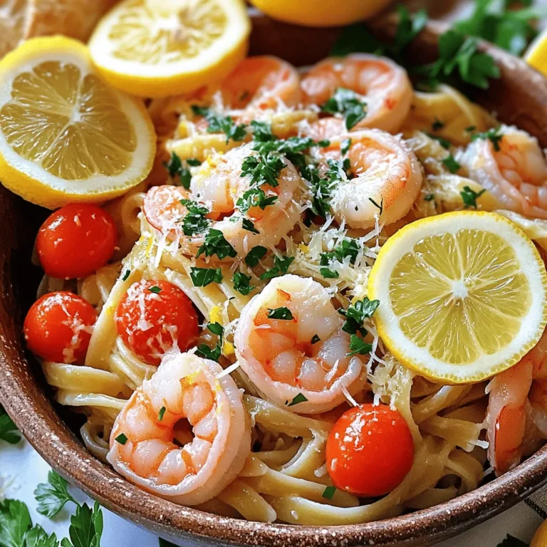- 8 oz linguine or spaghetti - 1 lb shrimp, peeled and deveined - 4 cloves garlic, finely minced - 1 lemon, zested and juiced - 1/4 cup extra virgin olive oil - 1/4 teaspoon red pepper flakes (optional for heat) - 1/2 cup cherry tomatoes, cut in half - 1/4 cup fresh parsley, coarsely chopped - Sea salt and freshly ground black pepper, to taste - Freshly grated Parmesan cheese (for serving) To make Lemon Garlic Shrimp Pasta, you need a mix of fresh and simple ingredients. Start with your choice of pasta, either linguine or spaghetti. Both work well, but I prefer linguine for its perfect bite. Next, you'll need shrimp. Make sure they are peeled and deveined to save time. Fresh shrimp brings a lovely taste to the dish. If fresh isn't available, frozen shrimp will do just fine—just ensure they're thawed before cooking. Garlic is a must for flavor. Use four cloves, finely minced. This will fill your kitchen with an amazing aroma. A lemon adds brightness and freshness. You’ll use both the zest and juice. Extra virgin olive oil is key for sautéing. It gives a rich flavor that complements the other ingredients. If you like a bit of heat, add red pepper flakes. They enhance the dish without overpowering it. Cherry tomatoes add sweetness and color. Halving them allows their juices to mingle with the pasta. Fresh parsley is great for a pop of green and freshness. Finally, season with sea salt and black pepper. These enhance the flavors of the dish. Don't forget the Parmesan cheese for serving; it adds a creamy finish. For the full recipe, check out the Lemon Garlic Shrimp Pasta section. Enjoy the process of gathering these ingredients. Each one plays a big role in creating a simple yet delicious meal. To start, fill a large pot with water and add a generous amount of salt. The salt adds flavor to the pasta. Bring the water to a rolling boil. Once the water is boiling, add 8 oz of linguine or spaghetti. Cook the pasta according to the package instructions. Aim for an al dente texture, which means the pasta will be firm to the bite. This typically takes around 8-10 minutes. Before draining, save about 1/2 cup of the starchy pasta water. Drain the pasta and set it aside for later. In a large skillet, pour in 1/4 cup of extra virgin olive oil and heat it over medium heat. When the oil shimmers, add 4 cloves of finely minced garlic and, if you like heat, a pinch of red pepper flakes. Sauté the garlic for 1-2 minutes. Stir it often to avoid burning. You want the garlic fragrant but not browned. After that, raise the heat slightly and add 1 lb of peeled and deveined shrimp. Cook the shrimp for about 2-3 minutes on each side. When done, the shrimp should be pink and opaque. Season with sea salt and freshly ground black pepper to boost the flavor. Now it's time to bring everything together. Carefully transfer the drained pasta into the skillet with the shrimp. Pour in the juice of 1 lemon and sprinkle the lemon zest over the mix. Add 1/2 cup of halved cherry tomatoes as well. Gently toss all the ingredients together until they are well mixed. If the pasta feels dry, add the reserved pasta water a little at a time. This will help you reach the desired consistency. Take the skillet off the heat. Fold in 1/4 cup of coarsely chopped parsley for a fresh touch. Now taste the dish and adjust the seasoning as needed. You might want to add a bit more salt or pepper for the best flavor. To serve, distribute the pasta into individual bowls. Top each bowl with freshly grated Parmesan cheese. For a beautiful presentation, you can add some extra parsley and fresh lemon slices. This dish pairs well with warm, crusty bread to soak up the garlic-infused oil. Enjoy this simple and flavorful dish that’s sure to impress! For the full recipe, check out the detailed instructions above. To get the best al dente texture, follow these steps: - Use a large pot filled with water. - Add a good amount of salt before boiling. - Check the package for cooking time, but taste the pasta a minute early. Reserving pasta water is key. This starchy liquid helps bind and flavor the dish. If the sauce needs help, add a bit of this water to adjust the texture. Infusing olive oil with garlic is simple. Heat the oil over medium heat until it shimmers. Then, add minced garlic. Cook for 1-2 minutes, stirring often. Be careful not to burn the garlic. Burnt garlic can make your dish bitter. If it turns brown, start over. To ensure shrimp are cooked right, heat your skillet before adding them. Cook for about 2-3 minutes on each side. They should turn pink and opaque. To avoid rubbery shrimp, don’t overcook them. Keep an eye on the color change. Once they are done, remove them from the heat quickly. These tips will help you create a delicious Lemon Garlic Shrimp Pasta. For the complete recipe, check the Full Recipe section. {{image_4}} You can make Lemon Garlic Shrimp Pasta even better by adding vegetables. Seasonal veggies like asparagus, bell peppers, or peas bring color and nutrients. To add greens, toss in fresh spinach or zucchini. Simply slice the zucchini thin and add it to the skillet when you sauté the garlic. The spinach can go in right before you finish cooking the shrimp. This way, they stay bright and fresh. If you want to switch things up, try chicken or tofu instead of shrimp. For chicken, use boneless breasts or thighs. Cut them into small pieces and cook them until they are golden. For tofu, use firm or extra-firm. Cut it into cubes and sauté it until crispy. Adjust the cooking time for each protein. Chicken will take about 7-10 minutes, while tofu needs 5-7 minutes. Want to bring more flavor to your pasta? Try adding spices like paprika or lemon pepper. These spices add a nice kick. You can also mix in fresh herbs like basil or thyme. Chop them finely and add them just before serving. This keeps the herbs fresh and bright. Experiment with your favorite flavors to make this dish your own. To store your Lemon Garlic Shrimp Pasta properly, let it cool to room temperature first. Place the leftovers in an airtight container. This will keep the dish fresh. You can store it in the fridge for up to three days. The shrimp and pasta will remain tasty if stored right. If you want to freeze your pasta, I suggest portioning it out. This makes it easy to reheat later. Use freezer-safe bags or containers. Squeeze out the air to avoid freezer burn. You can freeze it for up to three months. For best results, thaw it in the fridge overnight before reheating. You can reheat your pasta on the stovetop or in the microwave. For stovetop reheating, add a splash of water or olive oil to keep it moist. Heat over low until warm. If using a microwave, cover the dish with a damp paper towel. Heat in short bursts, stirring in between, to keep it from drying out. This helps maintain the texture and flavor of your dish. For Lemon Garlic Shrimp Pasta, I recommend using linguine or spaghetti. Both types hold sauce well. They also complement shrimp nicely. You can use other pasta types too, like fettuccine or penne. Just make sure to adjust cooking times based on the pasta shape. Yes, you can prepare some parts ahead. Cook the pasta and shrimp when you are ready to serve. You can also chop garlic and parsley in advance. Store them in the fridge. This helps save time on busy nights. Just reheat the pasta and shrimp together for a quick meal. This dish takes about 20 minutes total. You need around 10 minutes to prep ingredients. Cooking the dish takes another 10 minutes. It’s a fast and delicious meal for any day. You can enjoy it on a weeknight or special occasion. If you need a shrimp alternative, try chicken or tofu. For chicken, cut it into small pieces and cook until done. For tofu, use firm tofu, and sauté it until golden. Both options give a nice taste and texture. Yes, you can make this dish gluten-free. Simply swap regular pasta for gluten-free pasta. Many brands offer great options, like brown rice or chickpea pasta. Check the labels to ensure they are gluten-free. Enjoy this meal without worry! You learned how to make Lemon Garlic Shrimp Pasta with simple ingredients and steps. I shared tips for perfect texture and flavor. You can even mix in veggies or try different proteins. Remember to store leftovers well for future meals. This dish is quick and versatile, making it perfect for any dinner. With these tips, you’ll impress your family and friends every time. Enjoy your cooking journey!