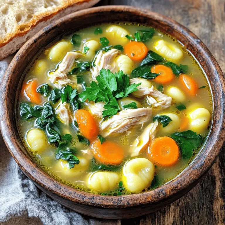 To make Chicken and Gnocchi Soup, gather these key ingredients: - 1 pound boneless, skinless chicken breast, diced into bite-sized pieces - 1 tablespoon extra virgin olive oil - 1 medium onion, finely diced - 2 cloves garlic, minced - 3 medium carrots, sliced into thin rounds - 3 stalks celery, sliced into half-moons - 6 cups chicken broth (preferably low-sodium) - 1 teaspoon dried thyme - 1 teaspoon dried oregano - 1 cup half-and-half (or substitute with heavy cream for a richer texture) - 1 package (16 oz) gnocchi (store-bought or homemade) - 2 cups fresh spinach, coarsely chopped - Salt and freshly ground black pepper to taste - Fresh parsley, chopped, for garnish You can add a personal touch to your soup with these options: - 1 cup of mushrooms, sliced - 1 cup of kale or Swiss chard, chopped - A splash of lemon juice for brightness - Crushed red pepper flakes for heat - Grated Parmesan cheese for extra flavor To create this comforting meal, make sure you have: - A large pot or Dutch oven - A sharp knife and cutting board - A wooden spoon for stirring - A ladle for serving - Measuring cups and spoons for accuracy This list keeps your cooking simple and enjoyable. For a full recipe, check out the Full Recipe section. 1. Start by gathering all your ingredients. This makes cooking smooth and easy. 2. Dice the chicken breast into bite-sized pieces. Make sure they are uniform for even cooking. 3. Finely dice the onion and mince the garlic. Slice the carrots into thin rounds. Cut the celery into half-moons. 4. Measure out the chicken broth, herbs, and half-and-half. Have everything ready before you start cooking. 1. Heat the olive oil in a large pot over medium heat until it shimmers. 2. Add the diced chicken and season lightly with salt and pepper. Cook for 5-7 minutes. Stir occasionally until the chicken is browned. 3. Remove the chicken from the pot and set it aside on a plate. 4. In the same pot, add the diced onion, minced garlic, sliced carrots, and sliced celery. Sauté for about 5 minutes. Cook until the onion is translucent and the veggies start to soften. 5. Carefully pour in the chicken broth. Bring the mix to a rolling boil. 6. Add dried thyme, dried oregano, and extra seasoning. Lower the heat and let it simmer for about 10 minutes. This helps the flavors blend. 7. Stir in the gnocchi. Cook according to the package instructions, usually 3-5 minutes, until they float to the top. 8. Once the gnocchi are tender, reduce the heat to low. Slowly stir in the half-and-half and chopped spinach. Cook for 2-3 minutes until the spinach is vibrant. 1. Return the cooked chicken to the pot. Stir well to combine all the ingredients. 2. Heat through for another minute. Taste the soup and adjust seasoning if needed. 3. Ladle the warm soup into bowls. Garnish with freshly chopped parsley. This hearty Chicken and Gnocchi Soup is ready to enjoy! For more details, check the Full Recipe. When making chicken and gnocchi soup, a few mistakes can ruin your dish. First, do not overcrowd the pot with chicken. This can lead to uneven cooking. Cook in batches if needed. Second, avoid adding the gnocchi too early. If you do, they may become mushy. Always wait until the soup is almost done. Lastly, do not skip seasoning. A pinch of salt and fresh pepper is key to flavor. To boost flavor, consider using homemade chicken broth. Store-bought broth works, but homemade broth adds depth. Fresh herbs can elevate the dish even more. Try adding a bay leaf while it simmers for added aroma. You can also squeeze a bit of lemon juice before serving. This brightens the flavors and adds a nice touch. If you’re short on time, use pre-cooked chicken. Shredded rotisserie chicken works great. You can also use frozen gnocchi. They cook quickly and save you prep time. For faster chopping, use a food processor for the veggies. Lastly, prep your ingredients the night before. This way, you can make the soup in about 20 minutes! For the full recipe, check out the detailed guide provided. {{image_4}} You can change the veggies in this soup for more flavor. Try using green beans or zucchini instead of carrots and celery. These swaps add a fresh taste and keep the soup colorful. You can also add mushrooms for an earthy flavor. If you like it spicy, add some diced bell peppers or even a few jalapeños. Just remember to keep the balance of flavors. If you want a twist, you can switch the chicken. Turkey works well and gives a nice flavor, too. For a vegetarian option, use chickpeas or white beans. They add protein and make the soup filling. If you enjoy seafood, shrimp can be a fun choice. Just add them at the end so they stay tender. To change the creaminess, you can use different ingredients. Instead of half-and-half, try coconut milk for a dairy-free option. It gives a unique flavor and still keeps the soup rich. For a lighter version, you can use low-fat milk or even vegetable broth. This will keep your soup tasty but a bit less heavy. Each option brings its own twist to this hearty dish. For the Full Recipe, check the detailed instructions above. Store leftover chicken and gnocchi soup in an airtight container. Let the soup cool first. It stays fresh in the fridge for up to three days. For best taste, eat it within this time. To reheat, pour the soup into a pot over medium heat. Stir it often to avoid sticking. Heat until it is warm, about 5 to 7 minutes. You can also use a microwave. Place it in a microwave-safe bowl and heat for 1-2 minutes. Stir halfway through. You can freeze chicken and gnocchi soup for up to three months. Use freezer-safe containers or bags. Leave some space at the top, as the soup will expand when frozen. When ready to eat, thaw it in the fridge overnight before reheating. The texture may change a bit, but it will still taste great. For the full recipe, check out the detailed steps above. Chicken and gnocchi soup is a warm, creamy dish. It combines tender chicken, soft gnocchi, and fresh veggies. The broth is rich with flavor from herbs like thyme and oregano. This soup is perfect for chilly days. It offers comfort and satisfaction in every bite. Yes, you can make this soup ahead of time. It stores well in the fridge for up to three days. Just let it cool first, then place it in an airtight container. When you’re ready to eat, heat it on the stove over low heat. Add a splash of broth or water if it’s too thick. You can serve this soup with several tasty side dishes. Here are a few ideas: - Warm, crusty bread for dipping - A simple green salad with vinaigrette - Garlic bread for added flavor - Steamed vegetables for extra nutrition These sides complement the soup well and add variety to your meal. Chicken and gnocchi soup is not usually gluten-free. Most store-bought gnocchi contains wheat flour. However, you can find gluten-free gnocchi made from potatoes or rice. Check the package label to be sure. If you use gluten-free gnocchi, your soup can be gluten-free, making it suitable for those with dietary needs. For the full recipe, check out the details above. In this blog post, we explored the key ingredients for Chicken and Gnocchi Soup, including options for customization. I provided clear, step-by-step instructions for prepping, cooking, and adding final touches. We also examined tips for avoiding common mistakes and enhancing flavor. Variations allowed you to swap in different vegetables, proteins, or creaminess options. Lastly, I shared proper storage methods and answered common questions. This soup is not just a meal; it's a cozy experience. Enjoy making it and sharing with others.