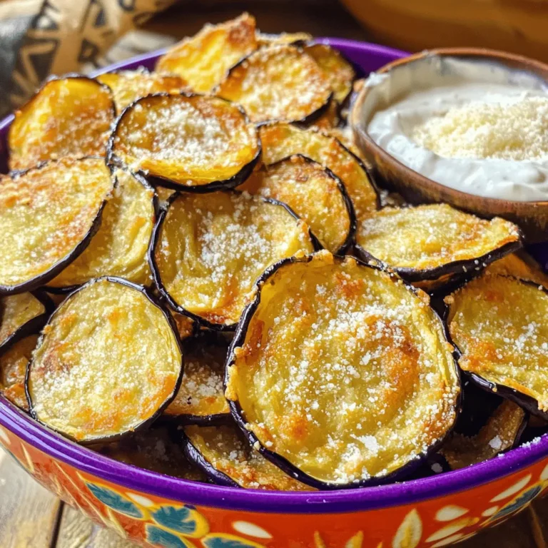 - 1 large eggplant - 2 tablespoons olive oil - Optional seasonings: garlic powder, onion powder, smoked paprika - Additional toppings: Parmesan cheese or nutritional yeast - Mandoline slicer or knife for slicing - Baking sheets and parchment paper - Mixing bowl for seasoning The main star of this dish is the eggplant. Choose a large, firm eggplant for the best results. The flesh should feel smooth and free from blemishes. Olive oil adds a rich flavor and helps the chips crisp up nicely. You can customize the taste with seasonings like garlic powder, onion powder, or smoked paprika. If you want to make your chips even more delicious, consider adding Parmesan cheese or nutritional yeast. Nutritional yeast gives a cheesy flavor without dairy. For tools, a mandoline slicer is great for even cuts. If you don't have one, a sharp knife will work too. Line your baking sheets with parchment paper. This step prevents sticking and makes cleanup easier. A mixing bowl is essential for coating the eggplant slices with oil and spices. With these ingredients and tools, you're ready to create a crunchy, tasty snack that everyone will love! For the full recipe, check out the detailed steps in the recipe section above. 1. Preheat your oven to 400°F (200°C). Prepare two baking sheets with parchment paper. 2. Slice the eggplant into thin rounds, about 1/8 inch thick. A mandoline slicer works best. 3. Sprinkle salt on both sides of the slices. Let them sit on a towel for 30 minutes. This step helps draw out moisture. After this time, gently pat the slices dry to remove excess salt. 4. In a bowl, mix together olive oil, garlic powder, onion powder, smoked paprika, salt, and black pepper. 5. Add the dried eggplant slices to the bowl. Toss them well to coat each slice evenly with the mixture. 6. Lay the coated slices on the prepared baking sheets in a single layer. Make sure they do not touch. 7. Bake in the preheated oven for 25 to 30 minutes. Flip the slices halfway through for even crisping. 8. Keep an eye on them as they bake. When they turn golden brown and crispy, take them out. Let them cool on a wire rack for a few minutes. This helps keep them crunchy. For the full recipe, check out the detailed instructions above. Enjoy making these crispy baked eggplant chips! Salting the eggplant is key to getting those perfect chips. The salt pulls out moisture. This lets the eggplant crisp up nicely. After salting, let the slices sit for about 30 minutes. Then, pat them dry with a towel. This step is crucial for crunch. When baking, keep a close eye on your chips. Set a timer for 25 to 30 minutes. Flip the slices halfway through. This helps them brown evenly. In the last few minutes, watch them closely. They can turn from crispy to burnt fast. For dips, I love tzatziki or sriracha mayo. Both add a great taste to the chips. You can also try hummus or guacamole for a twist. When serving, a colorful bowl or a wooden platter works best. This adds a fun touch to your snack. Arrange the chips in a single layer for a great look. Enjoy your crispy baked eggplant chips! For the full recipe, check out the details above. {{image_4}} You can change the flavor of your eggplant chips easily. Try adding different seasonings. Italian herbs bring a nice touch. Chili powder gives a spicy kick. You can also switch to different vegetables. Sweet potatoes make a sweeter chip. Zucchini works well too. Just slice them thin and follow the same baking steps. If you want a cheese topping, there are vegan options. Nutritional yeast gives a cheesy flavor without dairy. It’s great for a vegan diet. When serving dips, think about gluten-free choices. Hummus or guacamole are tasty and safe. These small changes can help everyone enjoy your crispy baked eggplant chips. For the full recipe, check out the detailed instructions above! To keep your eggplant chips fresh, store them in an airtight container. You can layer them with parchment paper to prevent sticking. If you have extra chips, try to keep as much air out as possible. For maximum crispiness when reheating, place them in a single layer on a baking sheet. Preheat your oven to 350°F (175°C) and bake for about 5 to 10 minutes. This method revives their crunch and makes them taste fresh again. Eggplant chips can last about 3 to 5 days when stored correctly. For longer storage, you might consider freezing them. Just place them in a freezer-safe bag. Before eating, check for signs that they are no longer good. If your chips feel soft or have a stale smell, it’s best to toss them. Enjoying your crispy baked eggplant chips at their best ensures a delightful snack experience. Can I use other types of eggplant? Yes, you can use different eggplants like Japanese or Chinese varieties. These types are smaller and can add a unique taste. Just remember to slice them thinly to ensure they get crispy. What can I do if my chips aren't crispy? If your chips lack crunch, check the thickness of your slices. If they are too thick, they won't crisp well. Also, make sure to salt them properly. This step helps draw out moisture. Finally, ensure they have enough space on the baking sheet. Overlapping can cause steaming, which leads to soggy chips. How do I make my chips spicier? To spice things up, add chili powder or cayenne pepper to your seasoning mix. You can also try using spicy oil instead of regular olive oil. Another option is to serve the chips with a spicy dip like sriracha mayo. This will kick the flavor up a notch! Each serving of eggplant chips has about 100 calories. They are low in carbs and offer a good source of fiber. This makes them a healthy snack choice. The olive oil adds healthy fats, while seasonings like garlic powder add flavor without extra calories. Eggplants are rich in antioxidants, which help protect your body. They also contain vitamins like B6 and K. These nutrients support heart health and improve digestion. With the added nutritional yeast or Parmesan, you get a nice boost of protein too. For the Full Recipe, check the earlier sections. Enjoy making these crispy baked eggplant chips, a snack that’s both tasty and healthy! You learned how to make crispy baked eggplant chips. We covered key ingredients, tools, and step-by-step instructions. I shared tips for achieving perfect crispiness and ideas for fun variations. Plus, you know how to store leftovers and address common questions. Now, you can enjoy a tasty snack that's healthy and easy to make. Try your own flavors and make this recipe your own! Getting creative can lead to great results. Enjoy your cooking adventure!