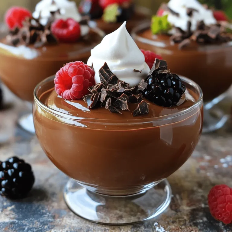 When making classic chocolate mousse, using the right ingredients is key. Here’s what you need: - 200g dark chocolate (70% cocoa), finely chopped - 3 large eggs, separated - 50g granulated sugar - 1 teaspoon vanilla extract - 1 cup heavy whipping cream - A pinch of salt - Dark chocolate shavings or fresh berries, for garnish These ingredients create a rich and creamy mousse that melts in your mouth. The dark chocolate gives it depth, while the whipped cream adds lightness. Each component plays a vital role in achieving that perfect texture and flavor. You can use a lower cocoa percentage, but the mousse may taste sweeter. Adjust the sugar to balance it. Separating the eggs helps create a fluffy texture. The whipped egg whites add air, making the mousse light. Yes, you can use alternatives like honey or agave syrup. Just remember to adjust the amount to taste. If you have any mousse left, place it in an airtight container and refrigerate. Enjoy within a few days for the best taste. For the full recipe, check out the detailed instructions to guide you through this delicious treat! To start, set up a double boiler. This is simple. Place a heatproof bowl on top of a pot filled with simmering water. Make sure the bowl does not touch the water. Next, add your finely chopped dark chocolate to the bowl. Stir it constantly with a spatula. This keeps the chocolate from burning and helps it melt evenly. When the chocolate is smooth and melted, take it off the heat and let it cool slightly. Grab a clean mixing bowl for the egg whites. Add a pinch of salt to help with the whipping. Use an electric whisk to beat the egg whites. First, whip them until soft peaks form. This means they should hold a shape but still look shiny. Now, slowly add half of your granulated sugar while whisking. Keep going until you reach stiff peaks. This means the egg whites stand up straight and do not fall. Set this bowl aside for later. Take another bowl for the egg yolks. Add the remaining sugar and vanilla extract. Use a mixer to beat this mixture. You want it to turn pale and creamy. Once it reaches that point, slowly fold in the melted chocolate. Use a spatula to combine them well. Make sure the chocolate is evenly mixed in, so every bite is rich in flavor. In a clean bowl, pour in the heavy cream. Use a whisk or mixer to whip it. Beat until soft peaks form, which means the cream should hold its shape but still be smooth. Now, gently fold the whipped cream into the chocolate mixture using a spatula. Be careful not to deflate the air you just whipped in. This will keep your mousse light and airy. Now it’s time to combine everything. Carefully add the whipped egg whites to the chocolate mixture in three parts. Use a gentle folding technique. This helps maintain the lightness of the mousse. Make sure to fold slowly and with care until everything is blended. You want a moussey consistency, fluffy yet rich. Once blended, it’s time to portion the mousse. Spoon or pipe the mixture into individual cups or bowls. This makes serving easy. After that, cover the cups with plastic wrap. Place them in the fridge for at least two hours. Chilling helps the mousse set and become firm. The wait is worth it for a creamy delight! For the complete recipe, check the Full Recipe section. To get a smooth chocolate mousse, avoid lumps in your chocolate. When melting, use a double boiler. This method keeps the chocolate from burning. Stir the chocolate continuously until it melts completely. Let it cool a bit before mixing it with other ingredients. Folding is key for a light mousse. Use a spatula to gently combine the whipped cream and the chocolate mixture. Start by adding a small amount of whipped cream to the chocolate. This helps to lighten it. Then, add the rest, folding it in carefully. This keeps the air in and makes your mousse fluffy. Over-whipping cream or egg whites is a common mistake. For the cream, stop whipping when soft peaks form. If you whip it too much, it can turn into butter, ruining the mousse. For egg whites, look for stiff peaks. They should stand straight up when you lift the whisk. Also, check the temperature of your ingredients. Use room-temperature eggs for the best results. Cold eggs can be harder to whip, leading to less volume. The same goes for the heavy cream. Make sure it’s cold when you whip it. Garnishing your mousse can elevate its look. Try topping it with dark chocolate shavings or fresh berries. These add color and texture. You can also add a dollop of whipped cream on top. For a sophisticated look, use clear cups or glasses. This way, you can show off the layers of the mousse. Pipe the mousse into the cups for a neat finish. A sprinkle of cocoa powder on top adds a nice touch, too. For full details on the recipe, check the Full Recipe section. {{image_4}} You can change the taste of your chocolate mousse easily. Adding espresso gives it a rich kick. A bit of orange zest adds a fresh twist. Both options enhance the chocolate flavor. You can also use different types of chocolate. Milk chocolate offers a sweeter taste. White chocolate creates a creamier mousse. Each type gives a unique spin on this classic dessert. If you need gluten-free options, this mousse fits the bill! All the ingredients are naturally gluten-free. Just be sure to check your chocolate label for any hidden gluten. For those who want a vegan treat, you can swap out the eggs. Use aquafaba, which is the liquid from canned chickpeas. It whips up like egg whites and works great. This way, everyone can enjoy a creamy dessert. To make your mousse even better, consider what to serve with it. Cookies are a great side for some crunch. Fresh fruit, like berries, adds a nice tartness. Ice cream can make it extra special. As for drinks, coffee is a classic choice. A glass of dessert wine pairs nicely too. You can find more ideas in the Full Recipe. To keep chocolate mousse fresh, use airtight containers. Glass jars or plastic containers work well. Before sealing, place a piece of plastic wrap directly on the mousse. This prevents air from causing it to dry out. Store the mousse in the fridge. Avoid stacking other items on top, as this can ruin its shape. Chocolate mousse stays good in the fridge for about three days. After that, its texture may change. Look for signs of spoilage like a sour smell or discoloration. If you see any of these signs, it’s best to throw it away. You can freeze chocolate mousse, but it may change texture. If you want to freeze it, use an airtight container. Leave some space at the top, as it expands when frozen. To thaw, move it to the fridge for several hours. Stir gently before serving to restore creaminess. Enjoy your mousse at its best! For the full recipe, check out the recipe section above. Chocolate mousse needs about 2 hours to chill and set. This time allows the mousse to firm up and develop its rich texture. I suggest chilling it longer for a firmer bite. Yes, you can use different chocolates! Dark chocolate gives a deep flavor. Milk chocolate offers a sweeter taste. White chocolate adds creaminess but lacks cocoa depth. Each type changes the mousse's flavor and texture. Raw eggs can pose a risk, but you can use pasteurized eggs. These eggs are safe because they undergo treatment to kill harmful bacteria. You can also try egg substitutes, like silken tofu, for a vegan option. Serve chocolate mousse chilled. It tastes best cold and velvety. Use small cups or bowls for individual servings. Garnish with whipped cream, dark chocolate shavings, or fresh berries for a lovely look. Yes, you can prepare chocolate mousse ahead of time. Make it a day before your event. Just keep it covered in the fridge. This way, the flavors meld, and it tastes even better! For the full recipe, check the earlier section. You learned how to make a delicious chocolate mousse. We covered the key ingredients, like dark chocolate and heavy cream. Step-by-step, I showed you melting chocolate and whipping egg whites. Avoid common mistakes for the best texture, and try fun variations, too. Remember to store your mousse properly for freshness. This treat is simple yet fancy, perfect for any occasion. Enjoy making this chocolate delight and impress your friends and family.
