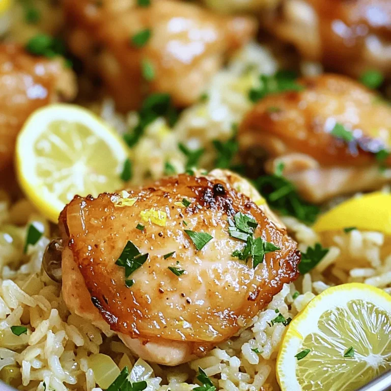 - 1 pound boneless, skinless chicken thighs, cut into bite-sized pieces - 1 cup long-grain rice, thoroughly rinsed - 2 cups low-sodium chicken broth - 1 medium onion, finely diced - 3 cloves garlic, minced - Zest and juice of 1 fresh lemon - 1 teaspoon dried oregano - 1 teaspoon paprika - 1 tablespoon extra virgin olive oil - Salt and freshly ground black pepper, to taste - Fresh parsley, finely chopped (for garnish) - Optional: Thin lemon slices for decorative garnish When I cook One Pot Lemon Chicken Rice, I focus on fresh ingredients. The chicken thighs are tender and juicy. Rinsing the rice helps remove excess starch. This makes it fluffy and perfect. For aromatics, I love the smell of onion and garlic. They create a strong base for the dish. The fresh lemon adds brightness. Its zest and juice lift the flavors. In terms of seasonings, oregano and paprika bring warmth. Olive oil adds a rich flavor. I always season with salt and pepper to enhance the taste. Fresh parsley gives a nice pop of color and freshness. You can find the Full Recipe online to explore more tips. It’s all about using quality ingredients to make your meal shine. Enjoy cooking! First, take 1 pound of boneless, skinless chicken thighs. Cut them into bite-sized pieces. In a mixing bowl, season the chicken generously with salt, black pepper, paprika, and dried oregano. Make sure each piece is coated evenly. This step is key for great flavor. If the chicken is not well seasoned, the dish will lack depth. Next, heat 1 tablespoon of extra virgin olive oil in a large pot over medium heat. Add 1 medium diced onion and sauté for 3-4 minutes. Look for it to become soft and translucent. Then, add 3 cloves of minced garlic. Sauté for another minute, but watch closely. Garlic can burn quickly, and burnt garlic tastes bitter. After the onion and garlic smell wonderful, it’s time to add the chicken. Raise the heat to medium-high. Carefully add the seasoned chicken pieces to the pot. Cook, stirring occasionally, for about 5-7 minutes. You want the chicken lightly browned on all sides. Once browned, stir in 1 cup of long-grain rice. Add the zest and juice of 1 fresh lemon, mixing well. Now, pour in 2 cups of low-sodium chicken broth. Raise the heat and bring everything to a brisk boil. Once it reaches a boil, reduce the heat to low and cover the pot. Let it simmer for 20 minutes. This allows the rice to absorb all the flavorful broth. After 20 minutes, remove the pot from heat but let it sit, covered, for another 5 minutes. This resting period is important; it makes the rice fluffy. Finally, use a fork to gently fluff the rice and mix it with the chicken. This helps ensure every bite is full of flavor. To ensure your chicken is cooked through, cut the thighs into small, even pieces. This helps them cook faster and more evenly. Use a meat thermometer to check for doneness. The internal temperature should reach 165°F. Adjust seasoning to taste by starting with the basics. After cooking, taste the dish and add more salt, pepper, or lemon juice if needed. This will enhance the flavors and make the dish pop. When fluffing rice, use a fork instead of a spoon. A fork separates the grains better, giving a lighter texture. To prevent rice from sticking, rinse the rice thoroughly before cooking. This removes excess starch. You can also add a dash of olive oil to the pot before cooking. This will help keep the rice fluffy and separate. For the best serving dishes, use wide, shallow bowls. This allows the chicken and rice to shine. Garnish with freshly chopped parsley for a burst of color. Thin lemon slices on top add a nice visual touch too. You can also use colorful vegetables to enhance the plate. Bright colors make the dish look more inviting and appetizing. {{image_4}} You can make One Pot Lemon Chicken Rice even better by adding vegetables. Seasonal veggies not only boost flavor but also add nice color. Try adding: - Bell peppers: Slice them thin and add with the onion. - Carrots: Cut into small pieces and mix in at the start. - Peas: Add them in the last few minutes of cooking for a pop of sweetness. - Spinach: Stir in fresh spinach just before serving for added nutrition. Different veggies have different cooking times. For example, carrots take about 10-12 minutes to soften. Peas only need a few minutes, so add them later. This way, they stay bright and fresh. If you're not a fan of chicken, you have options. You can switch chicken with shrimp or tofu. Both will change the dish's taste and texture. - Shrimp: Cooked shrimp only needs about 3-5 minutes. Add it after the rice is halfway done to avoid overcooking. - Tofu: Use firm tofu, cut into cubes. Sauté it with the onion for about 5-7 minutes before adding rice. This will help it absorb flavors. Adjust cooking times based on the protein you choose. This keeps your dish tasty and enjoyable. To make the flavors pop, add herbs and spices. Here are a few ideas: - Fresh herbs: Basil, thyme, or dill can bring a fresh taste. Add them just before serving. - Spices: Try adding cumin or coriander for a warm flavor. Mix these in with the chicken. You can also explore citrus flavors. Besides lemon, you can use: - Lime: It gives a zesty twist that brightens the dish. - Orange: A splash of orange juice adds sweetness. These enhancements will make your One Pot Lemon Chicken Rice a delightful dinner choice. For the complete recipe, check the Full Recipe. To keep your One Pot Lemon Chicken Rice fresh, refrigerate it right away. Place it in an airtight container to keep out air and moisture. This helps maintain its flavor and texture. Aim to eat the leftovers within three days for the best taste. When reheating, you want to keep the rice fluffy. For the microwave, use a microwave-safe dish with a lid. Add a splash of broth or water to avoid dryness. Heat in short bursts, stirring in between. If you prefer the stovetop, use a non-stick pan. Add a little broth and heat on low, stirring gently until warm. To freeze One Pot Lemon Chicken Rice, allow it to cool completely. Use freezer-safe bags or containers. Remove as much air as possible before sealing. It can stay fresh for up to three months. When ready to eat, thaw it overnight in the fridge. You can also use the microwave on the defrost setting for quicker thawing. Yes, you can prepare One Pot Lemon Chicken Rice ahead of time. - Cook and Cool: Follow the full recipe. Let it cool completely. - Store Properly: Place it in an airtight container. Refrigerate for up to three days. - Reheat Gently: When ready to eat, reheat on the stove with a splash of broth. This method keeps the chicken juicy and the rice tasty. You can serve many sides with One Pot Lemon Chicken Rice. Here are some ideas: - Steamed Green Beans: They add color and crunch. - Simple Salad: A fresh green salad with lemon vinaigrette pairs well. - Roasted Vegetables: Carrots or zucchini add more nutrients and flavor. Each side will enhance your meal and bring out the lemon taste. Scaling up this recipe is easy. Here’s how: - Double the Ingredients: Use two pounds of chicken and two cups of rice. - Increase Broth: Use four cups of chicken broth to keep it moist. - Cooking Time: You may need a few extra minutes to simmer. Check the rice for doneness. These adjustments will help you serve more people without losing flavor. Yes, you can adapt this recipe for a slow cooker. - Sauté First: Brown the chicken and onions in a pan first. This step adds flavor. - Combine in Slow Cooker: Add all ingredients to the slow cooker. - Cook on Low: Set it on low for 4-6 hours or high for 2-3 hours. This method makes it easy to prepare your meal ahead of time. This blog post covered how to make One Pot Lemon Chicken Rice. We explored key ingredients like chicken thighs, rice, and broth. I shared steps for seasoning, sautéing, and cooking. You learned tips for perfecting rice and ideas for fun variations. In the end, you can create a delicious meal that’s easy and flexible. Enjoy making this dish for family and friends, and don’t be afraid to tweak it! Happy cooking!