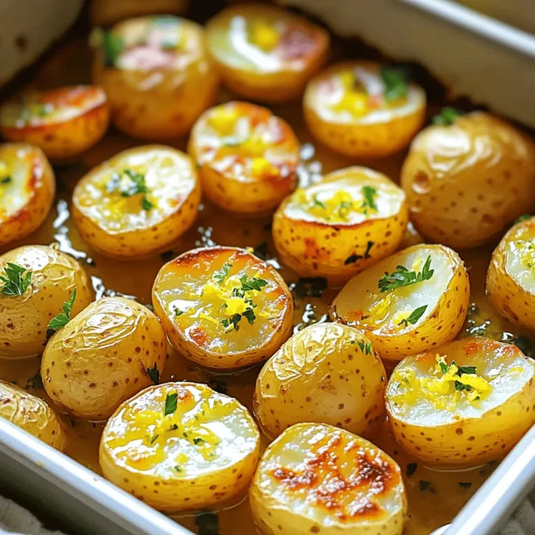 - 2 lbs baby potatoes, halved - 1/4 cup extra virgin olive oil - 1/2 cup vegetable or chicken broth (low sodium recommended) - Juice of 2 large fresh lemons - Zest of 1 lemon - 4 cloves garlic, finely minced - 1 tablespoon dried oregano - Salt and freshly ground black pepper to taste - Fresh parsley, finely chopped (for garnish) To make Easy Greek Lemon Potatoes, you need fresh ingredients. Start with baby potatoes. They are the star of this dish. Their small size makes them cook evenly and taste great. Extra virgin olive oil adds richness and depth. The broth keeps the potatoes moist and adds flavor. Lemon juice and zest give a bright, tangy taste. Fresh garlic brings a bold kick. Dried oregano adds a lovely herb note. Finally, salt and pepper balance all the flavors. Garnish with parsley for a pop of color. This adds freshness and makes the dish look inviting. For the full recipe, check out [Full Recipe]. Enjoy the magic of these simple, yet flavorful Greek lemon potatoes! 1. Preheat the oven to 400°F (200°C). This step helps the potatoes cook evenly and get a nice crust. 2. Mix ingredients in a large bowl. Combine the halved baby potatoes, olive oil, broth, lemon juice, lemon zest, garlic, oregano, salt, and pepper. Stir until all potatoes are coated. 3. Transfer potatoes to baking dish. Spread the potatoes evenly in a single layer. Pour any leftover liquid from the bowl over them for extra flavor. 1. Cover with aluminum foil and bake for 30 minutes. This traps steam, helping the potatoes cook through. 2. Uncover and stir, bake uncovered for 25-30 minutes. This allows the potatoes to brown and become tender. Check for doneness by piercing with a fork. 1. Cool and garnish with parsley before serving. Let the potatoes sit for a few minutes, then sprinkle fresh parsley on top. 2. Presentation tips for serving. Use a rustic wooden bowl or a white platter. Add lemon wedges for a bright touch. Enjoy your Easy Greek Lemon Potatoes! Check the Full Recipe for more details. Using fresh lemon and quality olive oil is key. The lemon gives a bright taste, while good olive oil adds depth. I always choose extra virgin for its rich flavor. When seasoning, I recommend marinating the potatoes in the lemon juice and olive oil mix. This enhances the taste. Let them sit for at least 30 minutes if you can. The longer, the better the flavor. To ensure even cooking and browning, cut the potatoes into similar sizes. This helps them cook at the same rate. Arrange them in a single layer in the baking dish. Avoid crowding them, as this traps steam and keeps them from getting crispy. I often use broth instead of water. Broth adds a savory touch that elevates the dish. These Greek lemon potatoes pair wonderfully with grilled meats, like chicken or lamb. They also complement fresh salads, such as Greek salad or tabbouleh. For a perfect dining experience, serve them with a crisp white wine, like Sauvignon Blanc. The wine matches the lemony flavors well. You can find the full recipe for these tasty potatoes in my collection. {{image_4}} You can change herbs for fun flavors. Try fresh thyme or rosemary instead of oregano. If you want a kick, add some crushed red pepper flakes. For vegan or gluten-free options, swap chicken broth for vegetable broth. This keeps the dish tasty without animal products. Always read labels for gluten-free broth to be safe. Want to make these in an air fryer? Simply set it to 400°F (200°C). Cook for about 20-25 minutes. Shake the basket halfway to get even browning. You can also use a slow cooker. Add all ingredients and cook on low for 6-8 hours. This method makes the potatoes very tender and flavorful. To boost flavor, add crumbled feta cheese or olives on top. This brings a lovely salty touch. You can also mix in seasonal veggies like cherry tomatoes or bell peppers. They roast well and add color. These little tweaks make your dish burst with extra zest and excitement! To keep your Greek lemon potatoes fresh, use an airtight container. Place the cooled potatoes inside. You can store them in the fridge for up to three days. This helps keep the flavor and texture intact. If you see any signs of spoilage, it’s best to toss them out. When reheating, the oven is your friend. Preheat it to 350°F (175°C). Spread the potatoes on a baking sheet. Bake for about 15-20 minutes. This method keeps them crispy. If you use a microwave, place them in a microwave-safe bowl. Heat in 30-second intervals. Stir between intervals. This helps warm them evenly. To freeze your cooked potatoes, let them cool completely. Then, spread them on a baking sheet in a single layer. Freeze for about an hour. This prevents them from sticking together. Once frozen, transfer them to a freezer bag. Be sure to remove as much air as possible. When you want to eat them, just thaw in the fridge overnight. Reheat them in the oven at 350°F (175°C). Bake for 20-25 minutes until heated through. This keeps their flavor and texture nice. Enjoy your tasty Greek lemon potatoes anytime! For the full recipe, check out the [Full Recipe]. You bake Greek lemon potatoes for about 55 to 60 minutes. Start by covering them with foil for the first 30 minutes. This helps them cook well. After that, remove the foil and stir the potatoes. Bake them uncovered for another 25 to 30 minutes. Check if they are soft by poking them with a fork. If the fork goes in easily, they are done! You can use regular potatoes, but cooking times will change. Regular potatoes take longer to cook. Cut them into smaller pieces to match the cooking time of baby potatoes. This helps them cook evenly. The texture may also be different. Baby potatoes have a creamy texture, while regular potatoes can be a bit fluffier. Greek lemon potatoes pair well with many dishes. You can serve them with grilled chicken or lamb for a tasty meal. They also go great with a fresh Greek salad. The bright lemon flavor complements the rich dishes well. For a fun twist, add some tzatziki on the side. It adds a cool, creamy touch to the meal. For the full recipe, check out the Full Recipe section. In this blog post, we covered how to make Greek Lemon Potatoes. We explored the key ingredients, preparation steps, and the baking process. I shared tips for flavor and cooking techniques, plus variations to customize your dish. Proper storage and reheating tips help keep leftovers fresh. Remember, using fresh ingredients greatly enhances the taste. Enjoy these potatoes with your favorite Mediterranean meals. They are tasty and easy to make. Your cooking will impress friends and family alike. Dig in and savor every bite!
