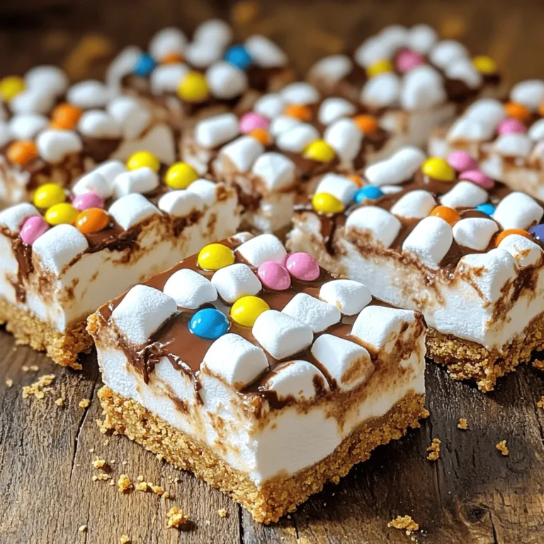 - 1 ½ cups graham cracker crumbs - ½ cup unsweetened cocoa powder - ½ cup granulated sugar - ½ cup unsalted butter, melted - 1 cup mini marshmallows - 1 cup semi-sweet chocolate chips - ½ cup mini chocolate candies (optional for garnish) - 1 teaspoon vanilla extract - 1 pinch of salt These ingredients create the perfect blend of flavors and textures. The graham cracker crumbs provide that classic s’mores base. Cocoa powder adds deep chocolate flavor. Sugar gives sweetness, while melted butter binds everything together. The mini marshmallows bring that gooey, fun texture we all love. Semi-sweet chocolate chips melt just right to create a rich topping. If you want extra flair, mini chocolate candies make a fun garnish. Remember, you can find the full recipe above. Enjoy gathering these ingredients. They come together quickly for a delicious treat! Combine the dry ingredients in a large bowl: - 1 ½ cups graham cracker crumbs - ½ cup unsweetened cocoa powder - ½ cup granulated sugar - 1 pinch of salt Mix them thoroughly until everything blends well. You want a nice, even mix. Pour in the melted butter and vanilla extract. The mixture should start to come together. Mix until it feels moist. It should look like wet sand. Line a 9x9-inch square baking pan with parchment paper. This helps with easy removal later. Transfer the graham mixture into the pan. Press it down firmly with your hands or a measuring cup. Make sure it's compact and level. In a separate bowl, combine the mini marshmallows and semi-sweet chocolate chips. Spread this mixture evenly over the pressed graham cracker base. Cover the whole surface. Place the pan in the refrigerator for about 30 minutes. This step firms up the layers. It makes cutting into bars much easier. After chilling, take the pan out of the fridge. Use a sharp knife to cut the mixture into equal-sized bars. If you want, sprinkle mini chocolate candies on top for a fun touch. You can find the full recipe linked above for exact measurements and tips. To get the best texture, mix your ingredients until they feel like wet sand. This helps create a compact base. If your mixture is too dry, the bars may crumble. You want a blend that holds together well. Press it firmly into your pan to get a nice, solid layer. Keep your bars fresh by storing them in an airtight container. Place them in the refrigerator to maintain their flavor and texture. They will stay tasty for up to a week. If you have extra bars, this is the best way to enjoy them later. Timing is key. Make sure you chill the bars for at least 30 minutes before cutting them. This will help them set properly. When they are firm to the touch, you can slice them easily. Clean edges make for a beautiful presentation. {{image_4}} You can switch up the chocolate in your bars. Try dark chocolate for a rich taste. Milk chocolate gives a sweet flavor. You can also use flavored graham crackers. Cinnamon or chocolate graham crackers add a fun twist. Want a vegan version? Use vegan butter and dairy-free chocolate. This keeps the taste while being plant-based. Many brands offer great options for both. For a special touch, serve your bars with whipped cream or ice cream. This adds creaminess and makes them feel extra indulgent. You can even drizzle some chocolate sauce on top. This creates a dessert that looks as good as it tastes. To keep your No Bake S’mores Bars fresh, store them in an airtight container. This keeps moisture out and helps maintain their delicious taste. I recommend using a container that fits the bars snugly. These bars can last up to one week in the refrigerator. This means you can make them ahead of time for a party or just for your own snack cravings. Just remember to keep them sealed tightly. If you want to save them for later, consider freezing the bars. They can stay fresh for up to three months in the freezer. When you're ready to enjoy, thaw them in the fridge overnight. This method keeps them tasty and ready to serve with ease. Yes, they can be made a day in advance and stored properly. This makes them a great option for parties or snacks. Yes, but you may need to chop them into smaller pieces. This helps them spread evenly in the bars. Use crushed cookies or other types of crackers as a base alternative. This allows for fun flavor twists. Ensure they are firm to the touch after chilling for the recommended time. This guarantees clean cuts and a nice texture. This blog post covers the easy steps to make no bake s'mores bars. You learned about the ingredients, mixing processes, and tips for the best texture. Remember to chill the bars long enough for easy cutting. Keep them fresh by storing in an airtight container. Feel free to explore variations to make them your own. I hope you enjoy creating these delicious treats and sharing them with friends and family!