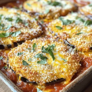 For this tasty dish, you need some key items: - 2 medium eggplants, sliced into ¼-inch rounds - 1 teaspoon salt (for sweating the eggplant) - 1 cup all-purpose flour - 3 large eggs, beaten - 2 cups breadcrumbs (whole wheat adds a nutty touch) - 3 cups marinara sauce (store-bought or homemade) - 2 cups shredded mozzarella cheese - 1 cup grated Parmesan cheese - 2 tablespoons fresh basil, chopped (plus extra for garnish) - 1 teaspoon garlic powder - Olive oil for frying These ingredients form the heart of your eggplant parmesan. The eggplant brings a rich texture, while the cheeses add creaminess. Besides the main ingredients, consider these seasonings: - Fresh basil adds a fragrant touch. - Oregano gives a hint of earthiness. - Red pepper flakes can add some heat. These seasonings will elevate your dish. Feel free to experiment! If you want to mix it up, try these cheese alternatives: - Provolone for a different flavor. - Goat cheese for creaminess and tang. - Vegan cheese for a plant-based version. These options can change the taste while keeping it delicious. Feel free to swap cheeses based on your preference! For the full recipe, check out the detailed instructions. Start with the eggplant. Slice it into ¼-inch rounds. Sprinkle salt on the slices. This helps to draw out moisture and bitterness. Put the slices in a colander for about 30 minutes. After that, rinse them under cold water. Use paper towels to pat them dry. Now, let’s set up your breading station. You need three shallow dishes. Fill one with flour, the second with beaten eggs, and the third with breadcrumbs mixed with garlic powder. Organizing these dishes makes the breading easy. It’s time to bread the eggplant. Take a slice and coat it in flour first. Shake off any extra flour. Next, dip it into the eggs. Make sure it is fully covered. After that, roll it in the breadcrumb mix until it is well-coated. Place the breaded slices on a plate. Heat olive oil in a large skillet over medium heat. You want enough oil to cover the bottom of the pan. Fry the eggplant slices in batches. Cook each side until golden brown, which takes about 3-4 minutes. Once cooked, put them on a paper towel-lined plate to drain any excess oil. To assemble, spread a thin layer of marinara sauce in a large baking dish. Layer half of the fried eggplant slices on the sauce. Sprinkle a third of the mozzarella and half of the Parmesan cheese on top. Add another layer of marinara sauce. Repeat these layers with the remaining eggplant, mozzarella, and Parmesan. Don’t forget the chopped basil between the layers. Cover the dish with aluminum foil. Place it in your preheated oven at 375°F (190°C). Bake for about 25 minutes. After that, carefully remove the foil. Bake uncovered for another 15 minutes. This will make the top bubbly and golden brown. Let the dish cool for a few minutes before slicing. Serve it hot and garnish with fresh basil. Enjoy your cheesy eggplant delight. For the full recipe, check out the details above. To get the best flavor, start with fresh eggplants. Look for shiny, firm ones. Salt helps to draw out moisture and bitterness. After sweating the eggplant, rinse it well. This step makes your dish taste better. Use a good marinara sauce. Homemade sauce adds depth, but store-bought works too. Mixing cheeses also boosts flavor. Try a blend of mozzarella and Parmesan for a creamy texture. One common mistake is skipping the sweating step. This can lead to a soggy dish. Also, don’t rush the frying process. Cook eggplant slices until they are golden brown. If you overcrowd the pan, they won’t fry evenly. Another pitfall is not letting the dish rest after baking. Allow it to cool for a few minutes. This helps the layers set nicely. Serve your Easy Eggplant Parmesan hot from the oven. Garnish with fresh basil for a pop of color. A side salad complements this dish well. You can also serve it with crusty bread. For a twist, pair it with a light red wine. This adds a nice touch to your meal. If you want leftovers, try layering it in a sandwich for lunch the next day. Enjoy your cheesy eggplant delight! {{image_4}} You can make Easy Eggplant Parmesan even more veggie-friendly. Try adding layers of sautéed mushrooms or spinach. Both add flavor and nutrients. You can also swap out eggplant for zucchini or butternut squash. These alternatives taste great and keep the dish fresh and exciting. If you need a gluten-free version, use gluten-free breadcrumbs. You can also use crushed rice cereal or ground almonds. These options still give that crunchy texture without the gluten. Just ensure your marinara sauce is gluten-free, too. Get creative with your toppings! You can add roasted red peppers or artichoke hearts for extra flavor. For a spicy kick, sprinkle some red pepper flakes on top before baking. If you love herbs, consider adding fresh oregano or thyme. These small changes can make a big difference in taste. For the full recipe, check out the [Full Recipe]. To keep your Easy Eggplant Parmesan fresh, let it cool first. Then, transfer it to an airtight container. You can store it in the fridge for up to three days. If you have many leftovers, consider dividing them into smaller portions. This way, you can easily grab a serving when you're hungry. When it's time to enjoy your leftovers, reheating properly is key. For the best results, use the oven. Preheat it to 350°F (175°C). Place the eggplant in an oven-safe dish. Cover it with foil to keep it moist. Heat for about 20 minutes or until it's hot. You can also microwave it, but the oven gives a better texture. If you want to save your Easy Eggplant Parmesan for later, freezing is a great option. First, let it cool completely. Then, wrap it tightly in plastic wrap and foil. This helps prevent freezer burn. You can freeze it for up to three months. When ready to eat, thaw it overnight in the fridge before reheating. Enjoy your delicious meal anytime! You can use crushed crackers or ground oats instead of breadcrumbs. Both options add a nice crunch. If you want a gluten-free choice, use almond flour or gluten-free breadcrumbs. These alternatives work well and keep the dish tasty. Yes, you can prepare this dish a day ahead. Just follow the recipe steps but stop before baking. Cover the dish and store it in the fridge. When you are ready, bake it straight from the fridge. This saves time and still tastes great! The eggplant is cooked when it is soft and golden brown. If you press it gently, it should feel tender. Look for a bubbly top with a nice golden color. This means it’s ready to serve and enjoy! Absolutely! You can mix cheeses like provolone or fontina for added flavor. If you want it to be creamier, try adding ricotta. Just remember to balance the flavors to keep it delicious. For the best taste, use a blend of cheeses. This blog post covered the key ingredients and steps for easy eggplant parmesan. You learned about preparation, seasoning, and cooking methods. I shared tips to avoid common mistakes and offered serving suggestions. We discussed variations for different diets and how to store leftovers. Eggplant parmesan is simple and delicious. You can customize it to fit your taste. Enjoy making this dish with confidence!