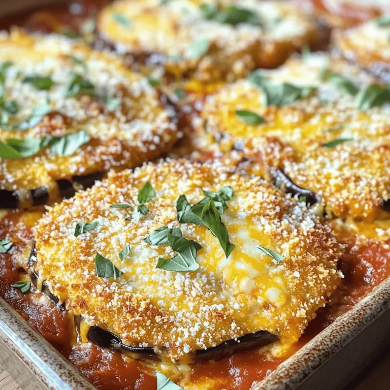 For this tasty dish, you need some key items: - 2 medium eggplants, sliced into ¼-inch rounds - 1 teaspoon salt (for sweating the eggplant) - 1 cup all-purpose flour - 3 large eggs, beaten - 2 cups breadcrumbs (whole wheat adds a nutty touch) - 3 cups marinara sauce (store-bought or homemade) - 2 cups shredded mozzarella cheese - 1 cup grated Parmesan cheese - 2 tablespoons fresh basil, chopped (plus extra for garnish) - 1 teaspoon garlic powder - Olive oil for frying These ingredients form the heart of your eggplant parmesan. The eggplant brings a rich texture, while the cheeses add creaminess. Besides the main ingredients, consider these seasonings: - Fresh basil adds a fragrant touch. - Oregano gives a hint of earthiness. - Red pepper flakes can add some heat. These seasonings will elevate your dish. Feel free to experiment! If you want to mix it up, try these cheese alternatives: - Provolone for a different flavor. - Goat cheese for creaminess and tang. - Vegan cheese for a plant-based version. These options can change the taste while keeping it delicious. Feel free to swap cheeses based on your preference! For the full recipe, check out the detailed instructions. Start with the eggplant. Slice it into ¼-inch rounds. Sprinkle salt on the slices. This helps to draw out moisture and bitterness. Put the slices in a colander for about 30 minutes. After that, rinse them under cold water. Use paper towels to pat them dry. Now, let’s set up your breading station. You need three shallow dishes. Fill one with flour, the second with beaten eggs, and the third with breadcrumbs mixed with garlic powder. Organizing these dishes makes the breading easy. It’s time to bread the eggplant. Take a slice and coat it in flour first. Shake off any extra flour. Next, dip it into the eggs. Make sure it is fully covered. After that, roll it in the breadcrumb mix until it is well-coated. Place the breaded slices on a plate. Heat olive oil in a large skillet over medium heat. You want enough oil to cover the bottom of the pan. Fry the eggplant slices in batches. Cook each side until golden brown, which takes about 3-4 minutes. Once cooked, put them on a paper towel-lined plate to drain any excess oil. To assemble, spread a thin layer of marinara sauce in a large baking dish. Layer half of the fried eggplant slices on the sauce. Sprinkle a third of the mozzarella and half of the Parmesan cheese on top. Add another layer of marinara sauce. Repeat these layers with the remaining eggplant, mozzarella, and Parmesan. Don’t forget the chopped basil between the layers. Cover the dish with aluminum foil. Place it in your preheated oven at 375°F (190°C). Bake for about 25 minutes. After that, carefully remove the foil. Bake uncovered for another 15 minutes. This will make the top bubbly and golden brown. Let the dish cool for a few minutes before slicing. Serve it hot and garnish with fresh basil. Enjoy your cheesy eggplant delight. For the full recipe, check out the details above. To get the best flavor, start with fresh eggplants. Look for shiny, firm ones. Salt helps to draw out moisture and bitterness. After sweating the eggplant, rinse it well. This step makes your dish taste better. Use a good marinara sauce. Homemade sauce adds depth, but store-bought works too. Mixing cheeses also boosts flavor. Try a blend of mozzarella and Parmesan for a creamy texture. One common mistake is skipping the sweating step. This can lead to a soggy dish. Also, don’t rush the frying process. Cook eggplant slices until they are golden brown. If you overcrowd the pan, they won’t fry evenly. Another pitfall is not letting the dish rest after baking. Allow it to cool for a few minutes. This helps the layers set nicely. Serve your Easy Eggplant Parmesan hot from the oven. Garnish with fresh basil for a pop of color. A side salad complements this dish well. You can also serve it with crusty bread. For a twist, pair it with a light red wine. This adds a nice touch to your meal. If you want leftovers, try layering it in a sandwich for lunch the next day. Enjoy your cheesy eggplant delight! {{image_4}} You can make Easy Eggplant Parmesan even more veggie-friendly. Try adding layers of sautéed mushrooms or spinach. Both add flavor and nutrients. You can also swap out eggplant for zucchini or butternut squash. These alternatives taste great and keep the dish fresh and exciting. If you need a gluten-free version, use gluten-free breadcrumbs. You can also use crushed rice cereal or ground almonds. These options still give that crunchy texture without the gluten. Just ensure your marinara sauce is gluten-free, too. Get creative with your toppings! You can add roasted red peppers or artichoke hearts for extra flavor. For a spicy kick, sprinkle some red pepper flakes on top before baking. If you love herbs, consider adding fresh oregano or thyme. These small changes can make a big difference in taste. For the full recipe, check out the [Full Recipe]. To keep your Easy Eggplant Parmesan fresh, let it cool first. Then, transfer it to an airtight container. You can store it in the fridge for up to three days. If you have many leftovers, consider dividing them into smaller portions. This way, you can easily grab a serving when you're hungry. When it's time to enjoy your leftovers, reheating properly is key. For the best results, use the oven. Preheat it to 350°F (175°C). Place the eggplant in an oven-safe dish. Cover it with foil to keep it moist. Heat for about 20 minutes or until it's hot. You can also microwave it, but the oven gives a better texture. If you want to save your Easy Eggplant Parmesan for later, freezing is a great option. First, let it cool completely. Then, wrap it tightly in plastic wrap and foil. This helps prevent freezer burn. You can freeze it for up to three months. When ready to eat, thaw it overnight in the fridge before reheating. Enjoy your delicious meal anytime! You can use crushed crackers or ground oats instead of breadcrumbs. Both options add a nice crunch. If you want a gluten-free choice, use almond flour or gluten-free breadcrumbs. These alternatives work well and keep the dish tasty. Yes, you can prepare this dish a day ahead. Just follow the recipe steps but stop before baking. Cover the dish and store it in the fridge. When you are ready, bake it straight from the fridge. This saves time and still tastes great! The eggplant is cooked when it is soft and golden brown. If you press it gently, it should feel tender. Look for a bubbly top with a nice golden color. This means it’s ready to serve and enjoy! Absolutely! You can mix cheeses like provolone or fontina for added flavor. If you want it to be creamier, try adding ricotta. Just remember to balance the flavors to keep it delicious. For the best taste, use a blend of cheeses. This blog post covered the key ingredients and steps for easy eggplant parmesan. You learned about preparation, seasoning, and cooking methods. I shared tips to avoid common mistakes and offered serving suggestions. We discussed variations for different diets and how to store leftovers. Eggplant parmesan is simple and delicious. You can customize it to fit your taste. Enjoy making this dish with confidence!