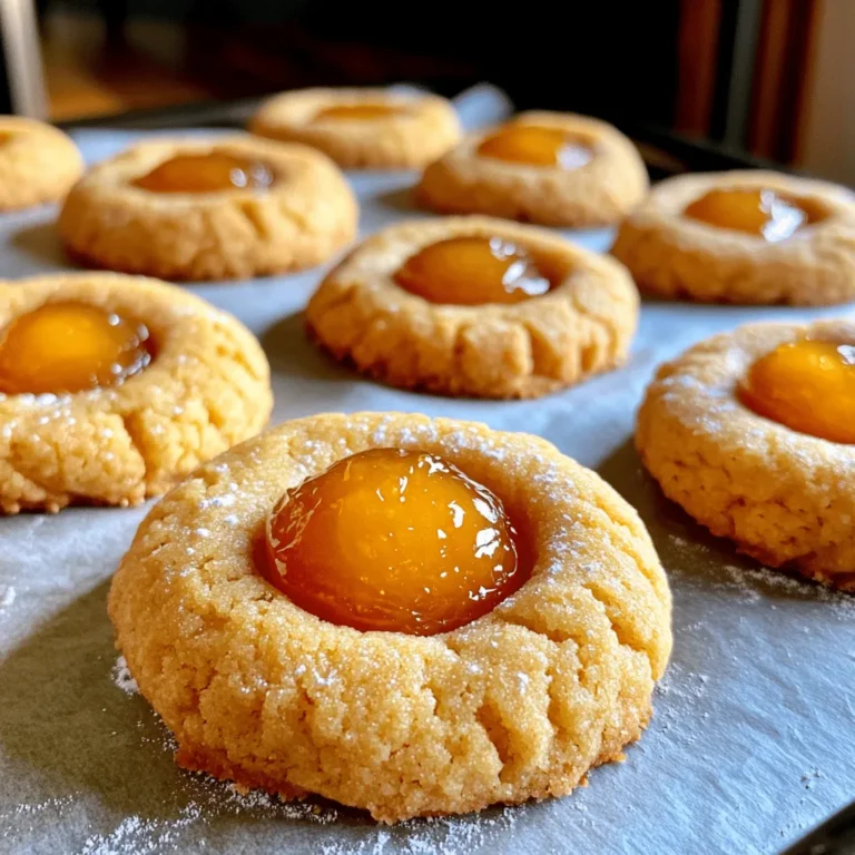 To make the best peach jam thumbprint cookies, gather these key ingredients: - 2 cups all-purpose flour - 1/2 teaspoon baking powder - 1/4 teaspoon baking soda - 1/4 teaspoon salt - 1/2 cup unsalted butter, softened to room temperature - 1/2 cup granulated sugar - 1 large egg yolk - 1 teaspoon vanilla extract - 1/2 cup peach jam These items create a rich and tender cookie that pairs perfectly with sweet jam. For an extra layer of taste, consider adding: - 1/2 teaspoon almond extract Almond extract gives a lovely nutty note. It enhances the peach flavor, making each bite even more delightful. When choosing peach jam, look for a brand that uses real fruit. A high-quality, thick jam gives the best texture. You can also use homemade jam for a personal touch. A smooth jam works best, as it fills the thumbprint nicely. For a twist, try other fruit jams like raspberry or apricot. Remember, the jam should complement the cookie, so pick one you love! For the full recipe, check out the instructions provided. First, preheat your oven to 350°F (175°C). This step is crucial for even baking. Next, line a baking sheet with parchment paper. This helps the cookies not stick. In a medium bowl, mix the dry ingredients: flour, baking powder, baking soda, and salt. Whisk them well to combine, then set this bowl aside. In a large bowl, cream softened butter and granulated sugar together. Beat on medium speed for about 2-3 minutes until the mix is light and fluffy. After that, add the egg yolk, vanilla extract, and almond extract if you choose. Mix until smooth. Gradually add the dry mix to the wet mix. Stir gently to combine, stopping when the flour disappears. Over-mixing can make your cookies tough. Now, it's time to shape your cookies. Use a cookie scoop or your hands to make small balls of dough. Aim for about 1 inch in diameter. Place these dough balls on the lined baking sheet, spacing them about 2 inches apart. This distance allows them to spread while baking. Next, make a small indentation in the center of each ball. You can use your thumb or the back of a teaspoon for this. Be careful not to press all the way through. This little well is where the peach jam will go. After shaping the cookies, fill each indentation with a dollop of peach jam. Aim for a neat and centered look. Now, place the baking sheet in the preheated oven. Bake for 10-12 minutes. Watch for the edges to turn light golden. Once they are ready, take them out and let them cool on the baking sheet for about 5 minutes. This helps them set. After that, transfer the cookies to a wire rack to cool completely. Enjoy the sweet aroma while they cool! You can find the full recipe linked earlier for more detailed steps. To make Peach Jam Thumbprint Cookies soft, focus on your butter. Use room temperature butter to keep the texture light. Avoid overmixing the dough. Mix just until the flour blends in. This keeps the cookies tender. Once baked, let them cool on a rack. This helps them stay soft and chewy. One common mistake is using cold butter. Cold butter makes the dough dense. Another mistake is overbaking. Watch for a light golden edge to know when they are done. Don't skip the parchment paper; it helps prevent sticking. Lastly, don’t pack the flour. Lightly spoon it into your measuring cup for accuracy. Almond extract adds a lovely depth to these cookies. Just a half teaspoon can change the flavor profile. If you love almond, don’t skip this step! It pairs wonderfully with peach jam. Feel free to experiment with other extracts like vanilla or lemon for a twist. For the best results, use pure extracts instead of imitation ones. They give a cleaner taste. For the complete guide and recipe, check the Full Recipe. {{image_4}} You can mix it up with different fruit jams. Raspberry, strawberry, or apricot work great. Each jam adds a unique taste. For a tart flavor, try cherry jam. You can even use citrus jams for a zesty twist. Just pick your favorite jam and follow the same steps in the recipe. This way, you can create a whole range of thumbprint cookies. For added crunch, consider adding nuts or chocolate chips. Chopped walnuts or pecans enhance the texture and flavor. Simply mix them into the dough before forming the balls. You could also add chocolate chips for a sweet touch. Dark chocolate pairs well with peach jam. This way, you can customize your cookies to suit your taste. If you need gluten-free cookies, use a gluten-free flour blend. Many blends work well in this recipe. Just swap the all-purpose flour with your favorite blend in the same amount. Check that the jam you choose is gluten-free too. This way, everyone can enjoy these tasty treats, no matter their dietary needs. For the full recipe, follow the easy steps and enjoy baking! To keep your Peach Jam Thumbprint Cookies fresh, store them in an airtight container. Make sure the cookies cool completely before placing them in the container. This step stops steam from forming and keeps your cookies from getting soggy. For added freshness, add a slice of bread in the container. The bread helps maintain moisture. Freezing these cookies is easy and keeps them tasty. Start by letting the cookies cool completely. Then, place them on a baking sheet in a single layer. Freeze the cookies for 1-2 hours until they are firm. After that, transfer them to a freezer-safe bag. Be sure to remove as much air as possible before sealing. You can freeze them for up to three months. Homemade Peach Jam Thumbprint Cookies last about one week at room temperature. Store them in an airtight container to keep them fresh. If you freeze them, they can last up to three months. Always check for any signs of spoilage before eating. Enjoy your cookies fresh for the best taste, or save some for later! Yes, you can use other fruit preserves. Raspberry, strawberry, and apricot work well. Each jam adds its own flavor twist. You can mix and match to find your favorite. Just ensure the jam is thick enough to hold its shape when baked. To reheat leftover cookies, place them on a baking sheet. Heat your oven to 300°F (150°C). Bake for about 5-7 minutes. This warms them up and makes them soft again. You can also use the microwave for a quick fix. Just heat for about 10-15 seconds. Be careful not to overdo it or they may become tough. Thumbprint cookies should be soft with a slight crunch on the edges. The center stays chewy, which pairs well with the jam. If you prefer them crunchier, you can bake them a bit longer. Just watch them closely to avoid burning. In this blog post, we explored how to make delicious peach jam thumbprint cookies. We discussed the essential and optional ingredients, including how to enhance the flavor. I shared step-by-step instructions for making, baking, and cooling the cookies. We also covered tips for texture and common mistakes to avoid. Finally, we looked at fun variations and how to store your cookies properly. Now you can enjoy these tasty treats at home. Happy baking!