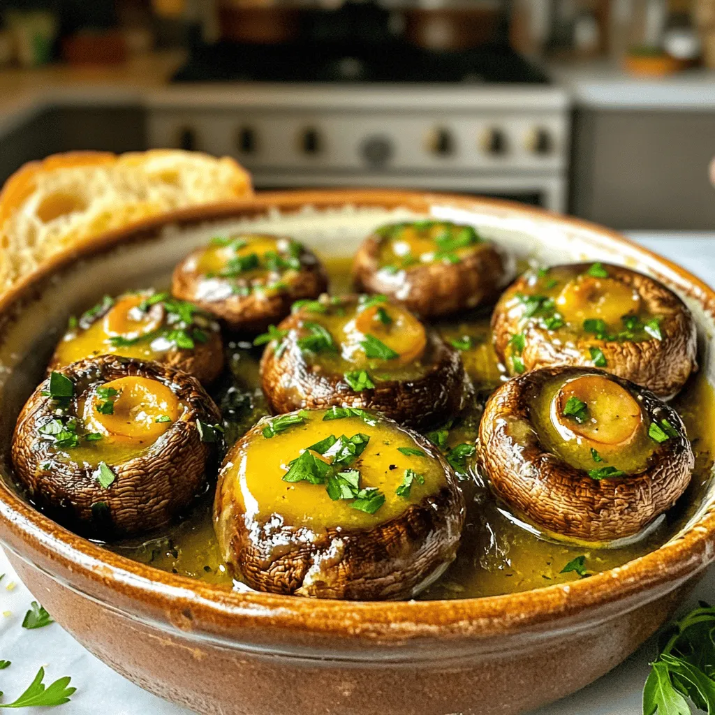For Garlic Butter Roasted Mushrooms, you need simple and fresh ingredients. Here’s what you’ll need: - Fresh cremini or button mushrooms - Unsalted butter - Garlic - Fresh parsley - Fresh thyme - Salt and black pepper - Lemon juice (optional) This dish shines with just a few key items. Fresh mushrooms serve as the base, soaking up all the flavor from the garlic butter. I love using cremini or button mushrooms for their meaty texture. Unsalted butter provides richness, while garlic adds a lovely aroma. Fresh herbs like parsley and thyme brighten the dish. Don't forget salt and pepper for seasoning! If you're feeling adventurous, a squeeze of lemon juice at the end adds a zesty kick that balances the butter. You can find the full recipe with all these ingredients and steps to make this tasty treat. - Preheat the oven to 400°F (200°C). - Clean and trim mushroom stems. First, you want a hot oven to roast the mushrooms perfectly. This step makes sure they get nice and golden. Next, take your mushrooms and clean them under cool water. Use a damp cloth to wipe off dirt. Then, trim the stems so they are even. - Melt butter over low heat. - Sauté garlic until fragrant. Now, let’s make the garlic butter. Put four tablespoons of unsalted butter in a small pan. Turn the heat to low. As it melts, watch it closely. Once it's melted, add four cloves of minced garlic. Stir gently for about one to two minutes. The smell will be amazing, but do not let the garlic brown. - Combine mushrooms and garlic butter. - Season with thyme, salt, and pepper. In a big bowl, add the cleaned mushrooms. Pour the warm garlic butter over them. Make sure every mushroom gets coated. Next, sprinkle in some fresh thyme, salt, and black pepper. Toss the mushrooms gently so they get all the flavors. - Spread on a baking sheet. - Roast for 20-25 minutes. Take a baking sheet and line it with parchment paper. Spread the mushrooms out in one layer. This helps them roast evenly. Now, pop them in the oven. Roast for about 20 to 25 minutes. Stir them halfway through to ensure they brown nicely. - Drizzle with lemon juice (optional). - Garnish with parsley. When the mushrooms are done, you can add a touch of lemon juice if you like. This gives a nice zing! Finally, sprinkle freshly chopped parsley on top. This adds color and freshness before serving. For the full recipe, check the earlier section to ensure every detail is captured. Enjoy your flavorful oven delight! To boost the taste of your garlic butter roasted mushrooms, try adding a splash of white wine. This adds depth and makes the dish more complex. You can also experiment with herbs like rosemary or thyme. Fresh herbs brighten the flavors and make each bite more exciting. For a meatier bite, use larger mushrooms. These hold up well during roasting and give you a satisfying texture. Make sure to spread the mushrooms out on the baking sheet. If they are too close together, they can steam instead of roast. This step is key for that perfect golden brown finish. These mushrooms pair well with crusty bread. You can use the bread to soak up the garlic butter. They also go great over rice, making a hearty meal. Serve them as a side dish or an appetizer; they fit any occasion. You can find the full recipe for garlic butter roasted mushrooms to create this tasty treat at home. {{image_4}} You can switch things up by using different mushrooms. Try shiitake or portobello mushrooms. Shiitake mushrooms add a rich, earthy taste. Portobello mushrooms give a nice meaty texture. You can also explore wild mushrooms for unique flavors. They bring a variety of tastes and aromas to your dish. If you want a vegan version, you can easily make changes. Substitute butter with olive oil or coconut oil. This keeps the dish rich and flavorful without dairy. You can also use nutritional yeast for added umami. It gives your mushrooms a savory, cheesy flavor. Want to add some heat? Add crushed red pepper flakes for a spicy kick. This will make your mushrooms pop with flavor. You can also infuse butter with chili oil. This adds depth and warmth to the dish. These small changes can take your garlic butter roasted mushrooms to the next level. For the full recipe, be sure to check the main article! To keep your garlic butter roasted mushrooms fresh, store them in an airtight container. Place them in the refrigerator and use them within 3-4 days. This keeps their flavor intact and prevents spoilage. When you want to enjoy your leftovers, reheat them in the oven. This method keeps the mushrooms crispy. Set your oven to 350°F (175°C) and warm them for about 10 minutes. If you prefer a softer texture, use the microwave. Add a splash of water to the container before heating to create steam. If you want to save some mushrooms for later, freeze them before roasting. Clean and coat them in garlic butter, then place them in freezer-safe containers. This method helps maintain the texture when you cook them later. When you're ready to use them, simply thaw and roast as per the full recipe. You can boost the flavor with herbs and spices. Here are some great options: - Add fresh rosemary for a woodsy note. - Sprinkle in some crushed red pepper flakes for heat. - Use smoked paprika for a subtle smoky taste. - Try adding a splash of white wine for depth. Experiment with these flavors to find what you love best! Yes, you can prep them in advance. Here are some tips: - Clean and trim the mushrooms a day early. - Mix the garlic butter and coat the mushrooms ahead of time. - Store them in the fridge until you are ready to roast. This way, you save time and still enjoy a fresh dish! Garlic Butter Roasted Mushrooms pair well with many sides. Here are some ideas: - Serve with crusty bread for dipping. - Pair with rice or quinoa for a hearty meal. - Offer alongside grilled meats or fish for balance. - Include a fresh salad for a light, crisp contrast. These pairings will enhance your meal and make it even tastier! Garlic butter roasted mushrooms are a tasty dish made with simple ingredients. You learned to prepare and roast mushrooms with garlic butter, enhancing flavor with herbs. Tips to improve texture and suggestions for serving were also included. Remember, you can adjust recipes to fit your taste. Try new mushrooms or substitutes, and even store extras for later. Enjoy these delicious bites anytime, whether as a side or an appetizer. Happy cooking!