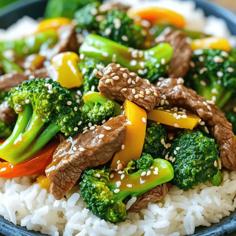- 1 lb beef flank steak, thinly sliced - 2 cups fresh broccoli florets - 1 bell pepper, sliced - 2 cloves garlic, minced - 1-inch piece ginger, grated - 3 tablespoons soy sauce - 1 tablespoon oyster sauce (or mushroom sauce for vegetarian) - 2 teaspoons cornstarch - 1 tablespoon toasted sesame oil - Salt and pepper to taste - Cooked jasmine rice or quinoa - Sesame seeds for garnish - Optional: sliced green onions Beef and broccoli stir-fry is a quick and savory meal. The blend of tender beef and crisp broccoli creates a great taste. The key to this dish is using fresh ingredients. I love using flank steak because it cooks fast and stays juicy. In this recipe, I recommend marinating the beef. This adds flavor and helps tenderize it. You can use soy sauce and oyster sauce for a rich taste. Cornstarch helps coat the beef, making it silky when cooked. Broccoli is not just colorful but also healthy. It adds crunch to the dish. Combine it with bell pepper for more color and taste. Garlic and ginger add warmth and aroma. For serving, I suggest pairing this dish with jasmine rice or quinoa. The fluffy grains soak up the sauce nicely. Lastly, don't forget to sprinkle sesame seeds on top. They add a nice crunch and look great! For the full recipe, check out the detailed steps and cooking tips. Enjoy creating this delightful meal! - Combine beef with soy sauce and oyster sauce. - Add cornstarch, salt, and pepper. - Allow to marinate for at least 15 minutes. Marinating the beef is key. It helps the meat soak up the flavors. You want to use a bowl to mix the beef with the sauces. This simple step makes a big difference in taste. The cornstarch helps make the beef tender, too. - Heat vegetable oil in a skillet or wok. - Stir-fry broccoli and bell pepper for 3-4 minutes. - Remove vegetables and set aside. Next, it's time to cook the veggies! Heat the oil in a skillet. You want it hot enough to sizzle when you add the broccoli and bell pepper. Stir-fry them for about 3-4 minutes. They should be bright and still crisp. This keeps them tasty and colorful. - Stir-fry marinated beef in the same skillet. - Add garlic and ginger to the skillet. - Combine vegetables with the beef and drizzle sesame oil. Now, cook the marinated beef in the same skillet. This lets the flavors mix together. Stir-fry for about 3-5 minutes until the beef is browned. Then, add the garlic and ginger for extra flavor. Finally, return the veggies to the skillet. Drizzle sesame oil over everything and mix well. This savory beef and broccoli stir-fry pairs perfectly with jasmine rice or quinoa. For the full recipe, check out the details above! To make the beef tender, slice it against the grain. This means cutting the meat in the opposite direction of the muscle fibers. Thin slices help the beef stay soft. Marinate the beef for at least 15 minutes. This time allows the flavors to soak in and helps tenderize the meat. When stir-frying broccoli, keep its bright green color and crispness in mind. To do this, add the broccoli to the hot skillet first. Stir-fry it for just 3 to 4 minutes. Remove it when it’s bright and slightly tender, but not mushy. This timing is key for that perfect crunch. To boost the dish's flavor, consider adding more seasonings. Red pepper flakes can add a nice kick. You can also try a dash of fish sauce for an umami punch. For garnishes, sprinkle sesame seeds or sliced green onions on top. These add texture and a pop of color to your plate. For the full recipe, check out the details above. {{image_4}} You can swap the beef for chicken or tofu. Chicken cooks fast and stays tender. Tofu is a great plant-based option that soaks up flavors well. If you use tofu, choose firm tofu for the best texture. For sauces, try mushroom sauce instead of oyster sauce. This keeps the dish vegetarian and still tasty. Don’t limit yourself to just broccoli and bell pepper. You can add snap peas, carrots, or mushrooms. Seasonal veggies like asparagus in spring or zucchini in summer add freshness. Mix and match to keep it fun and colorful. Want more heat? Add crushed red pepper flakes or a dash of sriracha. If you like sweet flavors, try hoisin sauce or teriyaki sauce. These add a unique twist to your stir-fry. You can even combine different sauces for fusion tastes. Experiment and find what excites your palate! To keep your beef and broccoli fresh, place leftovers in an airtight container. Use glass or plastic containers that seal well. Store them in the fridge within two hours of cooking. This keeps the flavors intact. You can eat the leftovers safely for up to three days. If you wait longer, the quality may drop. When it's time to eat your leftovers, heat them gently. You can use a microwave or a skillet. If using a microwave, heat on medium power. Stir occasionally to ensure even warming. For a skillet, add a splash of water to keep it moist. Cover with a lid to trap steam. If you want to store longer, freeze the beef and broccoli in a freezer-safe container. They can last up to three months in the freezer. Preparing beef and broccoli ahead of time is easy. You can marinate the beef a day in advance. This saves time during the week. Portion out the stir-fry in individual containers for quick meals. Use clear containers so you can see what's inside. Label each one with the date to stay organized. Remember, reheating as needed makes busy days easier. Enjoy your savory beef and broccoli stir-fry whenever you want with these tips! To make beef and broccoli stir-fry, you'll start by marinating the beef. Use soy sauce, oyster sauce, cornstarch, and seasonings. Let it sit for at least 15 minutes. Then, heat vegetable oil in a skillet or wok. Stir-fry broccoli and bell pepper for 3-4 minutes until they are bright and crisp. Remove them from the pan. Next, stir-fry the beef until it's browned. Add garlic and ginger for flavor. Finally, mix in the vegetables, drizzle sesame oil, and serve over rice or quinoa. For the complete process, check the Full Recipe. If you need an alternative for oyster sauce, consider mushroom sauce. It offers a similar umami flavor and is great for vegetarians. You can also use soy sauce with a bit of sugar for sweetness. Another option is to mix soy sauce with hoisin sauce for a unique taste. These substitutes keep your dish tasty while meeting dietary needs. Yes, you can make this dish ahead of time. Prep the beef and vegetables, then store them separately in the fridge. They will stay good for 1-2 days. When you're ready to cook, just stir-fry everything together. This makes for an easy meal on busy nights. If you want to store leftovers, keep them in an airtight container. They last about three days in the fridge. Beef and broccoli stir-fry pairs well with jasmine rice or quinoa. You can also serve it with noodles for a different twist. For drinks, iced tea or a light beer complements the meal nicely. Add some sliced green onions on top for extra flavor and color. Enjoy your meal with chopsticks for a fun experience! This blog post detailed how to create a tasty beef and broccoli stir-fry. You learned about the main ingredients, sauces, and cooking steps. Each tip helped ensure tender beef and crisp vegetables. There are many ways to customize this dish for your tastes. We also discussed storage and meal prep tips to make things easy. Try this stir-fry today. You’ll enjoy a delicious meal that is also quick to make. Happy cooking!