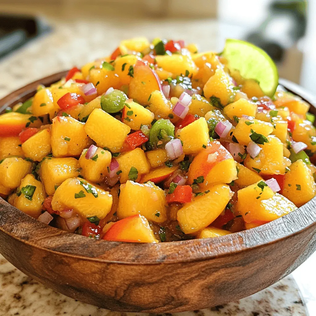 - 2 ripe peaches - 1 medium red bell pepper - ½ small red onion - 1 jalapeño - ¼ cup fresh cilantro - Juice of 1 lime - 1 teaspoon honey or agave syrup (optional) - Salt and freshly ground black pepper To make a great peach salsa, you need fresh ingredients. Using ripe peaches is key. They should be soft and fragrant. The bell pepper adds crunch and sweetness. Red onion gives a nice bite. Jalapeño adds heat, so adjust it based on your taste. If you like it milder, remove the seeds. Fresh cilantro brings a bright flavor that balances the dish. Lime juice adds acidity, making the salsa lively. The optional honey or agave syrup can enhance sweetness. Always season with salt and black pepper to bring out the flavors. This combination creates a fresh and vibrant salsa that shines. For the full recipe, check out the detailed instructions provided. - Dice 2 ripe peaches into small cubes. - Chop 1 medium red bell pepper into even pieces. - Mince ½ small red onion into tiny bits. - Mince 1 jalapeño, removing the seeds for less heat. - In a medium mixing bowl, combine the diced peaches, chopped red bell pepper, minced onion, and jalapeño. - Gently stir the mixture to keep the peaches intact. - Add ¼ cup of finely chopped cilantro to the bowl. - Squeeze the juice of 1 lime over the mixture. - Toss the ingredients together gently until coated. - Season with salt and freshly ground black pepper to taste. - Let the salsa sit for at least 15 minutes. This time lets the flavors blend. For the full recipe, check out Peach Salsa Fiesta! First, always choose ripe peaches. They should feel soft, but not mushy. A good peach has a sweet smell and vibrant color. Ripe peaches make the salsa shine. Next, balance the sweetness with lime juice. The tartness helps enhance the peach flavor. Start with the juice of one lime. You can add more if needed. If you like it sweeter, drizzle in a bit of honey or agave syrup. Just a teaspoon will do! Serve your Peach Salsa Fiesta in a colorful bowl. Bright colors make the dish more inviting. You can use bowls in shades of blue or green for a nice contrast. For garnish, consider adding extra cilantro leaves. This not only looks great but also boosts the aroma. You might also sprinkle some diced red bell pepper on top. This adds a pop of color and texture. For an eye-catching setup, pair the salsa with tortilla chips. This creates a fun and tasty snack or appetizer. Explore different serving styles to find what you like best! Check the Full Recipe for more ideas. {{image_4}} You can easily switch things up in your peach salsa. Try adding mango for a tropical twist. Mango adds a nice sweetness that pairs well with peaches. You can also use avocado for a creamy texture. Avocado makes the salsa richer and more filling. If you want to change the flavor, consider alternative onions. Instead of red onion, use green onions. Green onions offer a milder taste and a fresh crunch. They are a great choice if you prefer a gentler onion flavor. Adjusting the heat level is easy. If you like spice, add more jalapeño. Start with one and keep adding until it’s just right for you. The heat from the jalapeño will give your salsa a nice kick. You can also sweeten your salsa in different ways. Try using mango nectar instead of honey. It adds sweetness without overpowering the peaches. This small change can make a big difference in taste. For the full recipe, check out the Peach Salsa Fiesta. Peach salsa is not just tasty; it’s also good for you! Peaches are full of vitamins, especially vitamin C. This vitamin helps your body stay strong and fight off sickness. The antioxidants in peaches also help protect your cells from damage. The salsa is low in calories, making it a smart choice for snacks or meals. You can enjoy it without worrying about extra calories. Plus, it has a mix of flavors that can brighten up any dish. In each serving of peach salsa, you get the following nutrients: - Calories: About 50 - Protein: 1 gram - Fat: 0 grams - Carbohydrates: 13 grams This makes peach salsa a healthy, low-calorie option. It fits well into many diets, allowing you to enjoy great taste while staying healthy. For the full recipe, check out the Peach Salsa Fiesta. Peach salsa lasts about 3 to 5 days in the fridge. Store it in an airtight container. This keeps it fresh and tasty. You might notice that the peaches soften over time. If you want to enjoy it longer, keep an eye on freshness. Yes, you can freeze peach salsa! Use a freezer-safe container. Leave some space at the top for expansion. When you are ready to use it, thaw it in the fridge overnight. This helps keep the flavors intact. Avoid refreezing after thawing to maintain the best taste. Peach salsa pairs well with many dishes. Here are some ideas: - Chips: Serve it with tortilla chips for a fun snack. - Grilled meats: Top grilled chicken or fish for a fresh twist. - Tacos: Add it to your tacos for a burst of flavor. - Salads: Mix it into salads for added sweetness and crunch. For the full recipe, check out the detailed instructions and tips! Peach salsa is fresh, vibrant, and easy to make. We covered key ingredients, like ripe peaches and bell peppers, and walked through each step. You learned tips to enhance flavor and make it look great. Options for variations let you adapt it to your taste. Plus, it's healthy and packed with nutrients. Now you have all you need to impress friends and family with your homemade peach salsa. Enjoy the deliciousness and health benefits of this simple dish!