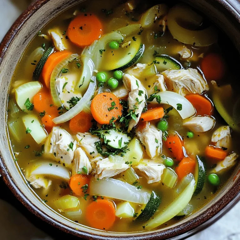 - 2 boneless, skinless chicken breasts, diced into bite-sized pieces - 1 medium onion, finely chopped - 2 large carrots, peeled and sliced - 2 celery stalks, chopped into small pieces - 1 red bell pepper, diced into small cubes - 1 medium zucchini, diced - 2 cloves of garlic, minced - 1 cup frozen peas Chicken is the heart of this soup. It adds protein and flavor. I prefer boneless, skinless chicken breasts for this recipe. They cook quickly and stay tender. Vegetables add color and nutrients. I like a mix of carrots, celery, and bell peppers. These give a nice crunch and sweetness. Zucchini adds a mild taste and soft texture. Herbs and spices boost flavor. I use dried thyme and oregano. They add warmth without overpowering the dish. Fresh garlic gives a strong, rich taste. - 4 cups low-sodium chicken broth - 1 teaspoon dried thyme - 1 teaspoon dried oregano - Salt and freshly ground black pepper, to taste Low-sodium chicken broth forms the base of this soup. It gives depth without adding too much salt. You can also make your own broth for more flavor. Seasonings bring the soup to life. I recommend adding salt and pepper to taste. Adjust these after simmering to get just right. - Fresh parsley, finely chopped, for garnish - Optional toppings Fresh parsley adds color and freshness. It brightens the soup and makes it look appealing. You can also try adding a drizzle of olive oil or a sprinkle of cheese for extra flavor. This hearty dish is all about balance. Each ingredient plays an important role in creating a warm, nourishing meal. For the full recipe, check out the detailed instructions. Sautéing the vegetables Start by heating olive oil in a large pot over medium heat. Once the oil shimmers, add the chopped onion, sliced carrots, and chopped celery. Sauté these veggies for about five minutes. Stir them often until they soften and the onion turns translucent. Next, add minced garlic and cook for one more minute, stirring until it smells nice but doesn't brown. Cooking the chicken Now, add the diced chicken to the pot. Stir it often until it turns white on the outside. This should take about five to seven minutes. Make sure the chicken cooks through. Adding broth and spices Pour in the low-sodium chicken broth. Then, toss in the diced red bell pepper, zucchini, dried thyme, dried oregano, and a bay leaf. Increase the heat and bring the broth to a gentle boil. Simmering the soup Once it's boiling, reduce the heat to low. Cover the pot and let it simmer for about 20 minutes. This lets all the flavors mix well together. Stirring in peas After the soup has simmered, stir in the frozen peas. Season the soup with salt and freshly ground black pepper to your taste. Let it simmer for another five minutes, until the peas are warm. Adjusting seasoning Before you serve, remember to take out the bay leaf. Taste the soup and adjust the seasoning if needed. Ladle the soup into bowls and garnish with fresh parsley for a bright touch. For the full recipe, refer to the complete guide. Choosing fresh vegetables is key for great flavor. Look for bright colors and firm textures. This ensures your soup tastes vibrant and delicious. I often use carrots, celery, and bell peppers. They add great sweetness and crunch. Selecting quality chicken broth also matters. Use low-sodium broth to control salt levels. A rich broth enhances the soup's flavor. If you have time, homemade broth takes it to the next level. Just simmer chicken bones with veggies for hours. Browning chicken before adding broth is important. It adds depth to the dish. Cook until the chicken turns golden brown. This step makes your soup more flavorful. Sautéing veggies is better than boiling them. Sautéing keeps their color and texture. It also enhances their taste. I sauté my onions, carrots, and celery first. Then, I add the garlic for an extra aroma. Pair your soup with crusty bread for a nice touch. A slice of sourdough or baguette works well. It soaks up the tasty broth. For presentation, use warm bowls. Ladle the soup into each bowl. Top with fresh parsley to add color. A drizzle of olive oil also looks great. It gives a rich finish to your dish. For the full recipe, check out the Hearty Chicken & Veggie Delight 🥣🥦. {{image_4}} You can easily make this soup fit your needs. For a gluten-free option, choose gluten-free broth. Most broth brands offer gluten-free choices. Just check the label. For a vegetarian alternative, swap out the chicken for chickpeas or lentils. Use vegetable broth instead of chicken broth. This keeps the soup hearty and flavorful. To spice things up, add red pepper flakes or diced jalapeños. This will give your soup a nice kick. If you want more depth, try different herbs. Rosemary, basil, or cilantro can change the flavor completely. Just sprinkle them in as you cook and taste as you go. Using seasonal vegetables can make your soup shine. In spring, add fresh asparagus and peas. In summer, use zucchini and corn for a bright taste. In fall, try sweet potatoes or squash. In winter, root vegetables like carrots and parsnips work great. Adjust your recipe to fit what’s fresh and in season. This way, your soup stays exciting and full of flavor. For the full recipe, check out the Hearty Chicken & Veggie Delight. Storing leftover chicken and vegetable soup is simple. Use an airtight container to keep the soup fresh. You can also divide the soup into smaller portions. This makes it easier to reheat later. In the fridge, your soup stays good for about 3 to 4 days. Always check for any off smells or changes in color before eating. Want to save soup for later? Freezing is a great option! Let the soup cool fully before you freeze it. Pour the soup into freezer-safe containers or bags. Leave some space at the top for expansion. When you're ready to eat it, thaw the soup in the fridge overnight. You can also use the microwave for quick thawing. Reheating chicken and vegetable soup is easy. The best way is on the stove. Pour the soup into a pot and heat over medium heat. Stir often to make sure it heats evenly. If you use a microwave, heat it in short bursts. Stir between bursts to avoid hot spots. Be careful not to overcook the vegetables. You want them to stay tender, not mushy. Add a splash of broth or water if the soup seems too thick when reheating. Enjoy your hearty soup! How to make chicken and vegetable soup without a recipe? To make chicken and vegetable soup without a recipe, start by sautéing onions, garlic, and your choice of veggies. You can use carrots, celery, or even potatoes. Add diced chicken and cook until it turns white. Then, pour in some broth and let it simmer. Season with herbs like thyme and oregano. Taste as you go. It’s all about your favorite flavors! Can I use frozen chicken for this recipe? Yes, you can use frozen chicken in this soup. Just ensure to cook it longer to make sure it's fully done. Add the frozen chicken to the pot at the same time as the broth. This method keeps the soup easy and quick. Calories per serving This hearty chicken and vegetable soup has about 300 calories per serving. It fills you up without being heavy, making it a great choice for lunch or dinner. Protein content Each serving contains around 25 grams of protein. The chicken provides a good source of lean protein, helping you stay strong and satisfied. Adjusting cooking times for larger batches When making a larger batch, increase the cooking time slightly. Allow the soup to simmer for an extra 5 to 10 minutes. Always check the chicken to ensure it’s cooked through. Times for cooking in different appliances (stovetop, slow cooker) - Stovetop: Total time is about 45 minutes. - Slow cooker: Cook on low for 6 to 8 hours or on high for 3 to 4 hours. This method allows flavors to deepen nicely. This article covered how to make a tasty chicken and vegetable soup. We discussed the main ingredients like chicken, fresh veggies, and flavorful herbs. I shared step-by-step instructions for preparation, combining, and adding final touches. You learned helpful tips for choosing ingredients and cooking techniques. We explored variations for different diets and seasons. Finally, I shared best practices for storing leftovers and reheating. Making this soup is easy and rewarding. Enjoy your creation and share it with others!