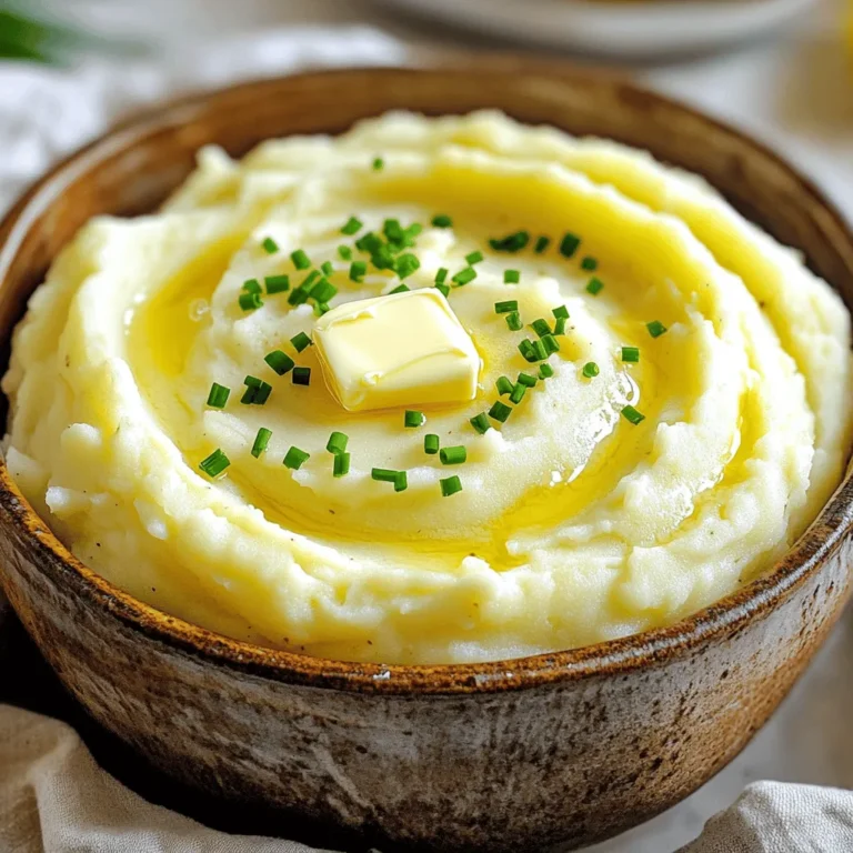 To make creamy garlic mashed potatoes, you need: - 2 pounds Yukon Gold potatoes, peeled and cut into 1-inch chunks - 4 cloves of garlic, minced - 1 cup heavy cream - 4 tablespoons unsalted butter - ½ cup sour cream - Salt and black pepper, to taste - Fresh chives, finely chopped (for garnish) For the best flavor, I recommend using Yukon Gold potatoes. They have a buttery taste and creamy texture. For garlic, fresh cloves work best. When it comes to cream, choose a high-quality heavy cream for richness. I also like to use unsalted butter so I can control the salt. For sour cream, look for a brand with a rich and creamy texture. If you can't find Yukon Gold potatoes, you can use Russet potatoes. They are larger and starchier but will still give good results. If you want a lighter dish, consider using half-and-half instead of heavy cream. Greek yogurt can replace sour cream for a tangy twist. Lastly, if you're out of chives, green onions work well as a garnish. Start with 2 pounds of Yukon Gold potatoes. First, peel them and cut them into 1-inch chunks. Place the chunks into a large pot. Cover the potatoes with cold water. Add a good pinch of salt to flavor them. Bring the water to a boil over high heat. Once boiling, lower the heat to medium. Let the potatoes simmer for 15-20 minutes. They are done when a fork easily pierces them. While the potatoes cook, melt 4 tablespoons of unsalted butter in a small saucepan. Use low heat for this step. Add 4 minced garlic cloves to the melted butter. Sauté for 1-2 minutes. Stir gently to avoid browning the garlic. You want the garlic to be fragrant, not burnt. Once ready, remove the saucepan from the heat to let the flavors merge. After draining the potatoes in a colander, return them to the pot. This keeps them warm. Add the garlic-infused butter, 1 cup of heavy cream, and ½ cup of sour cream. Season with salt and black pepper to taste. Use a potato masher or ricer to mash the potatoes. Aim for a creamy texture, mixing all the ingredients well. Taste them and adjust the salt or pepper if needed. Finally, serve the creamy garlic mashed potatoes in a warm bowl. Top them with chopped chives for a fresh touch. For the full recipe, check the details provided earlier. To get that ideal creamy texture, start with Yukon Gold potatoes. They are buttery and smooth. Cut them into even chunks. This ensures they cook evenly. Boil them until they are very tender. If they are undercooked, your mash will be lumpy. After draining, return the potatoes to the pot. This allows steam to escape, making them fluffier. Use a potato masher or ricer for the best results. I recommend mashing while still warm for a smooth finish. Adding flavor is key to great mashed potatoes. I use minced garlic sautéed in butter. This gives a rich taste without overpowering. You can also mix in sour cream for tanginess. For a different twist, consider adding roasted garlic or cheese. Cream cheese or Parmesan will make the dish even richer. Fresh herbs, like chives or parsley, enhance the flavor and add color. Always taste your mix before serving. Adjust salt and pepper as needed for the best flavor. The right tools can make a big difference. A sturdy potato masher or ricer is essential. A large pot for boiling potatoes helps them cook evenly. A colander is great for draining. Don’t forget a wooden spoon for mixing. If you want to go extra smooth, use an electric mixer. Just avoid over-mixing; this can make your potatoes gluey. To check the texture, scoop some into a bowl. If it looks creamy, you’ve done well. {{image_4}} To add a fresh twist, try herb-infused creamy garlic mashed potatoes. I love using fresh herbs like rosemary or thyme. Chop about one tablespoon of your chosen herb and mix it in with the butter and garlic. This extra layer of flavor makes the dish even more special. You can also use dried herbs if fresh ones aren’t available, but use less. Start with half a teaspoon and add to taste. If you want a lighter version, swap out some ingredients. Use low-fat milk instead of heavy cream. You can also replace sour cream with Greek yogurt. These changes keep the creamy texture while cutting down on calories. You can use olive oil instead of butter for a heart-healthy fat. This option still tastes great and is good for your waistline! For a vegan take, start by using plant-based milk, like almond or oat milk. Instead of butter, try vegan butter or olive oil for richness. To keep the creaminess, add silken tofu or cashew cream. They blend well and add a nice texture. This way, you still enjoy creamy garlic mashed potatoes without any animal products. For the full recipe, check out the complete guide to making creamy garlic mashed potatoes. To keep your creamy garlic mashed potatoes fresh, cool them quickly. Spread them in a shallow dish. This helps them cool faster. Once cooled, cover the dish with plastic wrap or a lid. Store them in the fridge for up to three days. Make sure to label the container with the date to track freshness. Reheating creamy garlic mashed potatoes is easy. You can use the microwave or stovetop. If using the microwave, place them in a safe dish. Add a splash of milk or cream to keep them moist. Heat in short bursts, stirring in between. On the stovetop, warm them over low heat. Stir often and add a little milk if they seem dry. You can freeze creamy garlic mashed potatoes for later use. Pack them in an airtight container or freezer bag, leaving some space for expansion. Label the bag with the date. They can last up to three months in the freezer. When ready to eat, thaw in the fridge overnight. Reheat as mentioned above for the best taste. For the full recipe, check out the complete guide. If your mashed potatoes turn out gluey, they likely got over-mixed. To fix this, add a splash of warm milk or cream. Gently fold it in until the texture improves. Avoid using a mixer, as it can make potatoes gummy. Stick with a masher or ricer for the best results. Yes, you can make creamy garlic mashed potatoes ahead of time. Prepare them, then cool them down. Store in an airtight container in the fridge for up to two days. When ready to serve, reheat gently on the stove or in the microwave, adding a bit more cream if needed for creaminess. Creamy garlic mashed potatoes pair well with many dishes. Try serving them with: - Roast chicken - Grilled steak - Baked salmon - Sautéed vegetables - A rich mushroom gravy These flavors complement the creamy texture and garlic taste well, creating a balanced meal. You can find the full recipe for savory creamy garlic mashed potatoes [here](#). This recipe includes all the details you need for perfecting this rich side dish. Enjoy making it! We covered the key steps to make creamy garlic mashed potatoes. First, we explored essential ingredients and shared brands to try. Next, I laid out easy prep instructions and tips for texture and flavor. Then, we looked at tasty variations, like vegan options. Finally, I highlighted how to store and reheat your potatoes. These mashed potatoes will elevate your meals. Try new variations to keep things exciting. Enjoy crafting this dish that your family will love!