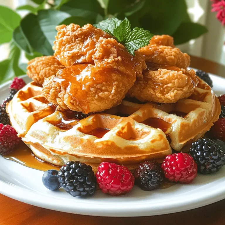 To make this dish, you need: - 2 boneless chicken breasts - 1 cup buttermilk - 1 cup all-purpose flour - 1 teaspoon baking powder - 1 teaspoon garlic powder - 1 teaspoon paprika - ½ teaspoon cayenne pepper (optional for heat) - Salt and pepper to taste - 2 large eggs - Cooking oil for frying - 2 cups waffle mix (or homemade), prepared with 1 ½ cups water - Maple syrup for drizzling - Fresh berries for garnish (optional) These ingredients create a great balance of flavors. The buttermilk tenderizes the chicken, making it juicy. The spices add flavor, while the waffle mix provides a fluffy base. You can add a few extras for more taste: - Hot sauce for a kick - Honey for sweetness - Cinnamon for a warm spice - Nuts for crunch These additions can make your meal feel special. You can adjust to your taste. Having the right tools makes cooking easier: - Deep, heavy skillet for frying - Mixing bowls for marinating and coating - Waffle iron for making crispy waffles - Tongs for flipping chicken - Measuring cups and spoons With these tools, you can create delicious chicken and waffles. They help ensure everything cooks well and turns out great. For the full recipe, check out the detailed steps provided earlier. To make the chicken tender and tasty, start with buttermilk. In a bowl, add the chicken breasts. Pour in 1 cup of buttermilk, making sure the chicken is fully covered. Cover the bowl and place it in the fridge for at least 30 minutes. This step is key to a juicy chicken. Next, get ready to fry that chicken! In a separate bowl, mix these dry ingredients: - 1 cup all-purpose flour - 1 teaspoon baking powder - 1 teaspoon garlic powder - 1 teaspoon paprika - ½ teaspoon cayenne pepper (optional) - Salt and pepper to taste Stir them until they blend well. Now, heat oil in a deep skillet. Pour in enough oil to reach about 1 inch deep. Heat the oil to around 350°F (175°C). You can check this by dropping a bit of flour in the oil; it should sizzle. Once the oil is hot, take the marinated chicken out of the buttermilk. Let excess buttermilk drip off. Coat each piece in the flour mix. Press the flour onto the chicken to make it stick. Carefully place the chicken in the hot oil. Fry for 5-7 minutes on one side, then flip and fry for another 5-7 minutes. The chicken should be golden brown and reach 165°F (75°C) inside. Once done, move the chicken to a paper towel-lined plate to soak up extra oil. While the chicken fries, it's time for the waffles! Prepare your waffle batter. You can use a mix or make your own. If using a mix, follow the package instructions. Preheat your waffle iron and spray it lightly with non-stick spray. Pour the batter into the iron and close it. Cook until the waffles are golden and crisp, which usually takes about 3-5 minutes. Now, you have crispy chicken and fluffy waffles ready to enjoy! For the full recipe, check out the earlier section. To make the best fried chicken, start with buttermilk. This helps keep the chicken juicy and adds great flavor. Marinate the chicken for at least 30 minutes, or longer if you can. The longer it sits, the better it tastes! When you're ready to fry, heat the oil to 350°F. Test it by dropping a bit of flour into the oil. If it sizzles, it's ready. Fry the chicken in small batches. This keeps the oil hot and helps the chicken cook evenly. Cook each side for 5-7 minutes. Look for a golden brown color and an internal temperature of 165°F. For fluffy waffles, use a good waffle mix or make your own. If you make your own, use baking powder for lift. Make sure your waffle iron is hot before pouring in the batter. This helps create a crispy outer layer. Don't overfill the waffle iron; the batter should spread just right. Cook until the waffles are golden and crisp, usually around 3-5 minutes. Let them cool for a minute before serving. When serving chicken and waffles, stack the chicken on top of a fluffy waffle. Drizzle maple syrup generously for sweetness. You can also add fresh berries for a pop of color and flavor. If you want, serve with a side of hot sauce for those who like a spicy kick. Consider adding whipped cream or a dusting of powdered sugar for a fun twist! Check out the Full Recipe for more details on preparation and serving. {{image_4}} If you want to kick up the heat, try spicy chicken and waffles. Add cayenne pepper to the flour mix. You can also use hot sauce in the buttermilk. This will give your chicken a nice kick. For the waffles, mix in some jalapeños or diced green chilies. Top it with spicy syrup or a drizzle of sriracha for extra flavor. Making a vegan version is easy. Use plant-based chicken substitutes like seitan or tofu. Marinate them in plant-based milk with your favorite spices. For the waffles, just use a vegan waffle mix. You can make homemade waffles with almond milk and flaxseed for binding. Serve with maple syrup and fresh fruit for a tasty treat. The toppings can change your dish completely. Try adding whipped cream on top of your waffles. Fresh fruits like strawberries or blueberries make great additions. For syrups, consider maple syrup, honey, or even berry compote. You could also try a drizzle of chocolate sauce for a sweet twist. Each option can transform your meal into something new and exciting. To store leftover chicken and waffles, place them in an airtight container. Make sure the chicken cools down first. For best taste, eat them within three days. Keep the chicken separate from the waffles to maintain their texture. If you stack them, the waffles might get soggy. Reheat chicken and waffles in the oven for the best results. Preheat your oven to 350°F (175°C). Place the chicken on a baking sheet. Cover it with foil to keep it moist. Heat for about 10-15 minutes. For waffles, toast them in a toaster or place them on the same baking sheet for 5-7 minutes. This keeps them crispy. You can freeze chicken and waffle components to enjoy later. For the chicken, cool it fully. Wrap each piece in plastic wrap and place them in a freezer bag. For waffles, stack them with parchment paper between each one. Seal in a freezer bag or container. They can last up to three months. When you're ready, thaw them in the fridge overnight before reheating. For a quick meal, this method works great! To make your chicken extra crispy, use a few simple tricks. First, marinate the chicken in buttermilk. This helps tenderize and flavor the meat. Next, coat the chicken in a mix of flour, baking powder, and spices. The baking powder makes it rise and adds crunch. When frying, make sure the oil is hot, around 350°F. This ensures a golden, crispy crust. Avoid overcrowding the pan; fry in batches to keep the heat up. Finally, let the chicken rest on paper towels. This helps drain excess oil and keeps it crispy. Yes, you can use store-bought waffle mix. It saves time and is easy to use. Just follow the package instructions for mixing. You can add extra flavor by mixing in a bit of vanilla or cinnamon. If you want to make it special, try adding fresh fruit or chocolate chips to the batter. Store-bought mixes can give you great results with less effort. You still get that fluffy, warm waffle to pair with your chicken. Many sides go well with chicken and waffles. Here are a few options to consider: - Fresh Fruit: Berries, sliced bananas, or citrus add brightness. - Green Salad: A simple salad with greens balances the richness. - Coleslaw: This adds crunch and tang to your meal. - Bacon or Sausage: These can add salty flavor and heartiness. - Fried Green Tomatoes: A Southern classic that pairs well with this dish. Feel free to mix and match your favorites! This blog covered the key steps to make easy chicken and waffles. We explored main and optional ingredients, tools, and the cooking process. I shared tips for perfect chicken and fluffy waffles, plus fun variations to try. You also learned how to store and reheat leftovers. Enjoying this dish at home is easy. Each bite brings comfort and joy. Now, it’s time for you to create your own tasty memories with chicken and waffles!