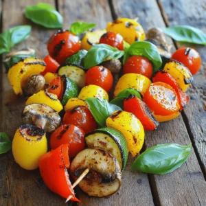 - Bell pepper (red, yellow, or green) - Zucchini and yellow squash - Red onion and cherry tomatoes - Mushrooms When I make grilled veggie skewers, I choose a mix of colorful vegetables. They not only look great but also taste fantastic. Bell peppers are a must. You can pick red, yellow, or green. Each type adds a sweet taste. Zucchini and yellow squash are next. Their soft texture and mild flavor work well on the grill. I like to cut them into thick rounds. This helps them hold their shape while cooking. Red onions add a nice bite. I cut them into wedges so they cook evenly. Cherry tomatoes are fun and juicy. I use them whole, so they burst with flavor when grilled. Finally, I love mushrooms. They soak up the marinade and get smoky when grilled. - Olive oil, garlic powder, smoked paprika - Salt and black pepper To bring out the flavors, I use a simple marinade. I drizzle extra virgin olive oil over the veggies. It helps the spices stick and adds richness. I sprinkle garlic powder for a savory kick and smoked paprika for a hint of smoke. Don’t forget to add salt and black pepper. They enhance all the natural flavors. I mix everything well, so each piece is coated. This step is crucial for a tasty outcome. - Fresh basil leaves After grilling, I like to add fresh basil leaves. They give a burst of color and flavor. Just tear them up and sprinkle on top of the skewers. This final touch makes the dish even more inviting. For the full recipe, check out the [Full Recipe]. First, we need to get our grill ready. Preheating is key to good grilling. It helps to cook the veggies evenly and gives them nice grill marks. Set your grill to medium-high heat. This temperature is perfect for cooking our colorful skewers. Let’s prep our vegetables. Start by cutting them into pieces. Cut the bell pepper into 1-inch chunks. Slice the zucchini and yellow squash into thick rounds. Cut the red onion into wedges. Keep the cherry tomatoes whole and use whole mushrooms or half them if they are large. Next, we’ll mix the veggies. Place all the cut veggies in a big bowl. Drizzle them with olive oil and sprinkle in garlic powder, smoked paprika, salt, and black pepper. Now, toss everything gently with your hands or a spatula. Make sure each piece is well-coated with the seasoning. This step adds a lot of flavor! Now comes the fun part: assembling the skewers. Take a skewer and start threading the veggies. Alternate the types of veggies to create a colorful mix. This not only looks great but also adds different flavors in every bite. Be careful when handling the skewers. The ends can be sharp, so keep your hands clear when you thread the veggies. Once you finish, your skewers are ready for the grill. For the full recipe, check out the details above. Grilling veggie skewers is simple and fun. Aim for a medium-high heat. This ensures your veggies cook well. Grill them for about 10-12 minutes. Turn them often to get nice grill marks. You want them tender but not mushy. To boost flavor, try adding spices like cumin or dill. A splash of lemon juice also brightens the taste. For a smoky flavor, use smoked paprika or a dash of liquid smoke. Marinades can add depth, too. A blend of olive oil, vinegar, and herbs works great. For a beautiful presentation, stand skewers upright in a holder. You can also lay them on a platter. Drizzle with olive oil and sprinkle fresh herbs. Pair the skewers with dips like hummus or tzatziki. These add flavor and make serving easier. Check out the Full Recipe for more ideas! {{image_4}} You can mix and match veggies for your skewers. Seasonal vegetables make great choices. In summer, try zucchini and corn. In fall, use butternut squash and Brussels sprouts. You can also add eggplant for a nice smoky taste. Asparagus gives a nice crunch and fresh flavor. If you can’t grill, you can bake or roast your skewers. For oven-baking, preheat your oven to 400°F (200°C). Place the skewers on a baking sheet. Bake for about 20 minutes. Keep an eye on them to ensure they don’t burn. Roasting gives a rich taste and helps the flavors blend well. This recipe is easy to adapt for different diets. For a vegan version, stick to the veggies and oil. If you need gluten-free options, all ingredients in this recipe work well. Just make sure to check labels on sauces or seasonings. You can enjoy tasty skewers that fit your needs by making small swaps. For the full recipe, check the details above. To keep your grilled veggie skewers fresh, use airtight containers. Store them in the fridge right after they cool down. Make sure to eat them within three days for the best taste and quality. If you notice any moisture, add a paper towel inside the container to soak it up. You can reheat skewers in the microwave or on the grill. For the microwave, place them on a plate and cover them with a damp paper towel. Heat in short bursts to avoid overcooking. To reheat on the grill, warm it up and place the skewers back on for a few minutes. This keeps the texture nice and doesn't make them soggy. To freeze skewers, wrap them tightly in plastic wrap and place them in a freezer bag. Make sure to remove as much air as possible. They can last for up to three months in the freezer. When you’re ready to eat them, thaw them in the fridge overnight. Reheat on the grill or in the oven to restore their flavor and texture. For the full recipe, check out the details above. I prefer metal skewers for grilling. They heat up quickly and help cook the veggies evenly. They are also reusable, making them eco-friendly. Wooden skewers are lighter but can burn easily. If you use wooden skewers, you need to soak them in water first. This helps prevent them from catching fire. Both types work well, so choose what you like best. Yes, you can use frozen vegetables. They are convenient and save time. However, frozen veggies may not have the same texture as fresh ones. They can become mushy when cooked. If you choose to use them, thaw them first. Pat them dry to remove extra moisture before grilling. This helps keep them from steaming and allows for better grilling. To prevent sticking, coat your vegetables with olive oil. This adds flavor and creates a barrier. Preheat your grill well before adding the skewers. A hot grill helps to sear the veggies quickly. Turn them gently with tongs. Avoid using a fork, as this can pierce the vegetables and let juices escape. Keep an eye on them, so they don't burn. Soaking wooden skewers is a good idea. It prevents them from burning on the grill. Soak them for at least 30 minutes before using. This helps them stay intact while grilling. If you skip soaking, watch them closely as they cook. You might need to turn down the heat to avoid burning. Soaking is a simple step that makes grilling easier. This blog post guides you on making vibrant vegetable skewers. We covered key ingredients, including bell peppers, zucchini, and cherry tomatoes. I shared tips for preparing the grill and veggies, along with assembling skewers safely. Remember optimal grilling time and temperature for the best results. You can try different vegetables or cooking methods for variety. Don’t forget about storing leftovers properly for later enjoyment. With the right techniques, you’ll create tasty skewers that impress. Your grilling skills can elevate any meal!
